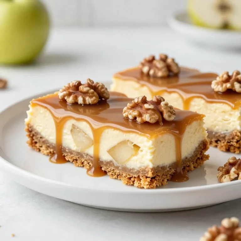 To make these tasty bars, gather these items: - 2 cups graham cracker crumbs - 1/2 cup unsalted butter, melted - 1 cup sugar, divided - 2 (8 oz) packages cream cheese, softened - 2 large eggs - 1 teaspoon vanilla extract - 2 cups Granny Smith apples, peeled and diced - 1 teaspoon cinnamon - 1 cup caramel sauce, plus extra for drizzling - 1/4 cup chopped walnuts (optional) You can add walnuts for a crunchy texture. The nuts give a nice contrast to the smooth cheesecake. If you prefer, you can skip them or use pecans instead. If you have allergies, here are some swaps: - Use gluten-free graham crackers for a gluten-free crust. - Swap cream cheese with a dairy-free cream cheese for a vegan option. - Instead of eggs, use flaxseed meal mixed with water as a binding agent. These substitutions keep the flavors while catering to different dietary needs. Enjoy creating your perfect Caramel Apple Cheesecake Bars! {{ingredient_image_1}} To start, preheat your oven to 350°F (175°C). Grease a 9x13 inch baking dish or use parchment paper. In a mixing bowl, combine 2 cups of graham cracker crumbs, 1/2 cup of melted unsalted butter, and 1/4 cup of sugar. Mix well until the crumbs look like wet sand. Then, press the mixture evenly into the bottom of your baking dish. Bake the crust for 10 minutes. Once done, take it out and let it cool slightly. In a large bowl, beat together 2 (8 oz) packages of softened cream cheese and the remaining 3/4 cup of sugar. Use an electric mixer for a smooth and creamy consistency. Next, add 2 large eggs one at a time, mixing well after each addition. Stir in 1 teaspoon of vanilla extract until everything is combined. Finally, gently fold in 2 cups of peeled and diced Granny Smith apples and 1 teaspoon of cinnamon. Pour the cream cheese mixture over the cooled crust. Spread it evenly. Now, drizzle 1 cup of caramel sauce over the cheesecake layer. Use a knife to swirl it for a marbled look. If you like, sprinkle 1/4 cup of chopped walnuts on top. Place the dish back in the oven and bake for 25 to 30 minutes. The cheesecake should be set and slightly jiggle in the center. Let the bars cool completely in the pan. For the best texture, refrigerate for at least 4 hours. When you are ready to serve, slice the bars into squares. Drizzle extra caramel sauce on top for added sweetness. Enjoy your delicious caramel apple cheesecake bars! To make the best crust, use fresh graham cracker crumbs. Combine them with melted butter and sugar. The mix should feel like wet sand. Press it firmly into your baking dish. This helps create a solid base. Bake it for just 10 minutes. Let it cool before adding the filling. A well-made crust holds everything together. Start with softened cream cheese for a creamy texture. Beat it with sugar until it's smooth. Add the eggs one by one, mixing well after each. This helps avoid lumps. Gently fold in the apples and cinnamon. Don’t overmix; you want to keep the air in. A smooth batter makes for a rich cheesecake. Cut the bars into neat squares for serving. Drizzle with extra caramel sauce on top. This adds sweetness and makes it look pretty. You can also sprinkle chopped walnuts for crunch. Serve these bars chilled for the best taste. They are great for parties or a sweet treat at home! Pro Tips Use Cold Cream Cheese: Make sure your cream cheese is softened but not too warm. This helps achieve a smooth and creamy filling without lumps. Choose the Right Apples: Granny Smith apples are ideal for this recipe due to their tartness, which balances the sweetness of the caramel and cheesecake. Chill for Best Texture: Allow the cheesecake bars to chill for at least 4 hours, or overnight if possible. This will enhance the flavor and help the bars set perfectly. Drizzle with Caramel Before Serving: For an extra touch, drizzle additional caramel sauce over the bars just before serving for a beautiful presentation and added sweetness. {{image_2}} You can swap Granny Smith apples for other types. Try Honeycrisp apples for a sweet twist. Fuji apples also work well, adding a nice crunch. For a softer texture, use McIntosh apples. Each type gives a unique flavor to your bars. Add a fun twist with extra flavors. For fall, mix in pumpkin spice for a cozy vibe. A hint of nutmeg or ginger can also enhance the taste. You can even add a splash of maple syrup for a sweet kick. Don’t be afraid to experiment! Need a gluten-free version? Use gluten-free graham cracker crumbs. Almond flour can also make a nice base. Just mix it with melted butter and sugar like the original recipe. This way, everyone can enjoy your delicious bars! To keep your caramel apple cheesecake bars fresh, start by placing them in an airtight container. If you don’t have one, wrap the bars tightly with plastic wrap. This will help seal in moisture and keep them tasty for up to five days. Always store them in the fridge. The cool air helps maintain their creamy texture. Avoid stacking the bars to prevent them from sticking together. If you want to save some bars for later, freezing is a great option. First, let the bars cool completely. Then, cut them into squares. Wrap each piece in plastic wrap and place them in a freezer-safe bag. Squeeze out as much air as possible before sealing. You can freeze them for up to three months. When you're ready to enjoy them, just pull out a square and let it thaw in the fridge overnight. When you want to eat your leftover bars, you can serve them chilled or warm. To warm them up, place a bar on a microwave-safe plate. Heat it in the microwave for about 15-20 seconds. Be careful not to overheat, as this can make them too soft. After warming, drizzle a little extra caramel sauce on top for added flavor. Enjoy your delicious treat! Yes, you can make these bars ahead of time. In fact, I recommend it! Making them a day before allows the flavors to meld nicely. Just store them in the fridge after they cool. This helps the cheesecake set well and makes for easier slicing. I suggest using a thick, rich caramel sauce. You can use store-bought or homemade. If you choose store-bought, look for one that has a smooth texture. This will give your bars a nice finish. Homemade caramel is also great; it adds a personal touch! To know when your bars are done, look for a slight jiggle in the center. They should not be liquidy. You can also check if the edges are set. A toothpick inserted in the center should come out mostly clean. Remember, they will continue to set as they cool. Absolutely! These bars are delicious on their own, but you can jazz them up. Try serving them with whipped cream or vanilla ice cream for added creaminess. A sprinkle of cinnamon on top can also enhance the flavor. For a fancy touch, add a drizzle of extra caramel sauce. To avoid cracks, mix the cream cheese gently. Don’t overbeat it, as this adds air. Also, make sure your ingredients are at room temperature. A water bath can help too, but it’s not necessary for these bars. Lastly, let them cool slowly in the oven with the door slightly open. You now have a clear guide to making Caramel Apple Cheesecake Bars. We covered the key ingredients, step-by-step instructions, and helpful tips. Remember, the right crust and smooth filling make all the difference. You can also explore variations like using different apples or adding flavors. Don’t forget about storage! Keeping your bars fresh is simple with proper practices. With these tips in hand, you can impress your friends and family. Enjoy baking, and have fun creating delicious treats together!