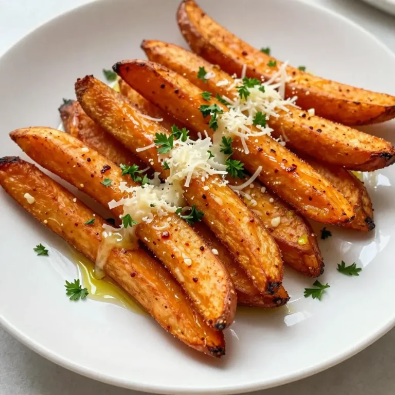 To make garlic Parmesan sweet potato fries, gather these items: - 2 large sweet potatoes, peeled and cut into thin fries - 3 tablespoons olive oil - 4 cloves garlic, minced - ½ cup grated Parmesan cheese - 1 teaspoon paprika - ½ teaspoon salt - ¼ teaspoon black pepper - 1 tablespoon fresh parsley, chopped (for garnish) You can switch some ingredients if you want a different taste: - Use coconut oil instead of olive oil for a sweet hint. - Swap Parmesan with nutritional yeast for a vegan option. - Red pepper flakes can replace paprika for extra heat. - Fresh garlic powder works if you run out of fresh garlic. Here’s a quick look at the nutrition facts per serving: - Calories: 210 - Protein: 4g - Fat: 10g - Carbohydrates: 31g - Fiber: 5g - Sugar: 6g These fries are tasty and pack a nutrient punch! Enjoy the crunch and flavor with a side of your favorite dip. {{ingredient_image_1}} Start by peeling two large sweet potatoes. Cut them into thin fries. Aim for uniform size for even cooking. This step is key to getting them crispy. Toss the cut fries into a large bowl. Drizzle three tablespoons of olive oil over the fries. Make sure each fry gets coated. This oil helps them crisp up in the oven. Next, add four cloves of minced garlic to the bowl. Then, sprinkle in one teaspoon of paprika, half a teaspoon of salt, and a quarter teaspoon of black pepper. Toss everything well, so the spices mix with the fries. This blend of flavors gives your fries a great taste. Now, preheat your oven to 425°F (220°C). Line a large baking sheet with parchment paper. Spread the fries out on the sheet in a single layer. This helps them cook evenly. Bake for 25 to 30 minutes. Flip the fries halfway through to get golden brown on all sides. When they are crispy, take them out. Right away, sprinkle half a cup of grated Parmesan cheese over the hot fries. This cheese will melt and stick to them. Garnish with fresh chopped parsley for a nice touch. Enjoy your tasty fries! To get your sweet potato fries extra crispy, start with the right cut. Slice the sweet potatoes thinly. Aim for a width of about 1/4 inch. Thinner fries cook faster and turn crispier. Next, don't skip the olive oil. It helps the fries crisp up in the oven. Use just enough to coat them well, but not so much that they become greasy. Toss them in the oil evenly. Spread the fries out on the baking sheet. Make sure they are in a single layer. If they overlap, they will steam and not crisp. Flipping the fries halfway through baking also helps. This ensures even cooking on all sides. The best oils for roasting sweet potato fries are those with high smoke points. Olive oil is a great choice. It adds flavor and allows for even cooking. Other good options include canola oil and avocado oil. Both have high smoke points and a mild taste. Avoid using oils with low smoke points. These can burn and create a bad flavor. One common mistake is using wet sweet potatoes. Make sure they are dry after peeling and cutting. If they're wet, they will not crisp up well. Another mistake is overcrowding the baking sheet. As mentioned, fries need space to cook. If they touch, they will steam instead of roast. Finally, don’t skip the cheese at the end. Sprinkle the Parmesan right after baking. The heat from the fries will help it melt, adding great flavor. Pro Tips Cut Uniformly: Ensure your sweet potato fries are cut into even sizes for uniform cooking and crispiness. Soak in Water: Soaking the cut fries in cold water for at least 30 minutes can help achieve a crispier texture by removing excess starch. Use Fresh Garlic: Freshly minced garlic will give a more robust flavor compared to pre-minced or powdered garlic. Watch the Baking Time: Keep an eye on the fries during the last few minutes of baking to prevent over-browning and maintain that perfect crunch. {{image_2}} To add heat, mix in chili powder or cayenne pepper. Start with ½ teaspoon and adjust to your taste. The spice enhances the garlic flavor and adds a kick. Toss the sweet potato fries with olive oil, garlic, and your chosen spice. Bake as usual for a flavorful twist. Fresh herbs brighten up your fries. I love using rosemary or thyme. Chop 1 tablespoon of either herb and mix it with the olive oil and garlic. This infusion gives the fries a fragrant touch. After baking, sprinkle on the Parmesan cheese for a delicious herb flavor. To make these fries dairy-free, skip the Parmesan cheese. Instead, use nutritional yeast for a cheesy flavor without dairy. Mix ¼ cup of nutritional yeast with the seasoning blend. Bake the fries as directed, and you’ll still enjoy a tasty snack or side dish. After enjoying your Garlic Parmesan sweet potato fries, store any leftovers in an airtight container. Make sure they cool to room temperature first. This helps keep them crisp. Place the container in the fridge. You can store them for up to three days. To bring back the fries' crispiness, avoid the microwave. Instead, use the oven. Preheat it to 400°F (200°C). Spread your fries on a baking sheet. Heat them for about 10-15 minutes. Flip them halfway to ensure even warmth. They will regain their crunch and taste fresh again. If you want to save fries for later, freezing is a great option. First, let them cool completely. Spread them in a single layer on a baking sheet. Freeze them for about an hour until firm. Then, transfer the fries to a freezer bag. Remove as much air as possible. You can freeze them for up to three months. When ready to enjoy, bake them from frozen at 425°F (220°C) for about 30-35 minutes. Yes, you can make these fries in an air fryer. To do this, coat the sweet potato fries in olive oil and season them as directed. Place them in the air fryer basket in a single layer. Cook them at 400°F for about 15-20 minutes. Shake the basket halfway through to ensure they cook evenly. This method gives you crispy fries with less oil. Cooked sweet potato fries last about 3 to 5 days in the fridge. Store them in an airtight container to keep them fresh. If you want to keep them longer, you can freeze them. Just make sure to cool them first before placing them in a freezer bag. Garlic Parmesan sweet potato fries pair well with many dishes. You can serve them with burgers, grilled chicken, or fish. They also taste great with a side of garlic aioli or ranch dressing for dipping. These fries make a perfect snack or side dish for any meal. In this blog post, we explored how to make delicious sweet potato fries. We covered the ingredients needed and suggested substitutions for your recipe. I shared step-by-step instructions to prep, season, and bake for ideal crispiness. You learned helpful tips for making your fries extra crispy and common mistakes to avoid. We also looked at tasty variations and how to store leftovers. Now, with all this knowledge, you can confidently create your perfect sweet potato fries. Enjoy experimenting with flavors and techniques!