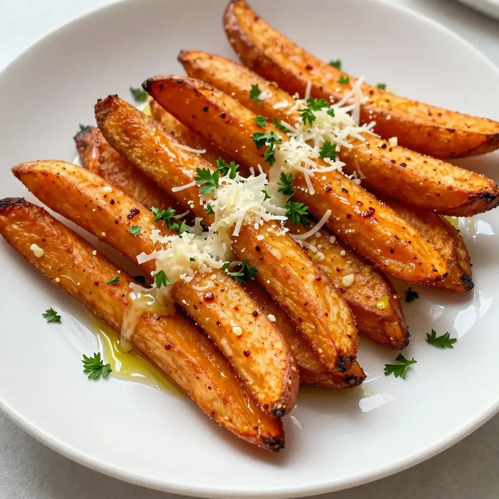 To make garlic Parmesan sweet potato fries, gather these items: - 2 large sweet potatoes, peeled and cut into thin fries - 3 tablespoons olive oil - 4 cloves garlic, minced - ½ cup grated Parmesan cheese - 1 teaspoon paprika - ½ teaspoon salt - ¼ teaspoon black pepper - 1 tablespoon fresh parsley, chopped (for garnish) You can switch some ingredients if you want a different taste: - Use coconut oil instead of olive oil for a sweet hint. - Swap Parmesan with nutritional yeast for a vegan option. - Red pepper flakes can replace paprika for extra heat. - Fresh garlic powder works if you run out of fresh garlic. Here’s a quick look at the nutrition facts per serving: - Calories: 210 - Protein: 4g - Fat: 10g - Carbohydrates: 31g - Fiber: 5g - Sugar: 6g These fries are tasty and pack a nutrient punch! Enjoy the crunch and flavor with a side of your favorite dip. {{ingredient_image_1}} Start by peeling two large sweet potatoes. Cut them into thin fries. Aim for uniform size for even cooking. This step is key to getting them crispy. Toss the cut fries into a large bowl. Drizzle three tablespoons of olive oil over the fries. Make sure each fry gets coated. This oil helps them crisp up in the oven. Next, add four cloves of minced garlic to the bowl. Then, sprinkle in one teaspoon of paprika, half a teaspoon of salt, and a quarter teaspoon of black pepper. Toss everything well, so the spices mix with the fries. This blend of flavors gives your fries a great taste. Now, preheat your oven to 425°F (220°C). Line a large baking sheet with parchment paper. Spread the fries out on the sheet in a single layer. This helps them cook evenly. Bake for 25 to 30 minutes. Flip the fries halfway through to get golden brown on all sides. When they are crispy, take them out. Right away, sprinkle half a cup of grated Parmesan cheese over the hot fries. This cheese will melt and stick to them. Garnish with fresh chopped parsley for a nice touch. Enjoy your tasty fries! To get your sweet potato fries extra crispy, start with the right cut. Slice the sweet potatoes thinly. Aim for a width of about 1/4 inch. Thinner fries cook faster and turn crispier. Next, don't skip the olive oil. It helps the fries crisp up in the oven. Use just enough to coat them well, but not so much that they become greasy. Toss them in the oil evenly. Spread the fries out on the baking sheet. Make sure they are in a single layer. If they overlap, they will steam and not crisp. Flipping the fries halfway through baking also helps. This ensures even cooking on all sides. The best oils for roasting sweet potato fries are those with high smoke points. Olive oil is a great choice. It adds flavor and allows for even cooking. Other good options include canola oil and avocado oil. Both have high smoke points and a mild taste. Avoid using oils with low smoke points. These can burn and create a bad flavor. One common mistake is using wet sweet potatoes. Make sure they are dry after peeling and cutting. If they're wet, they will not crisp up well. Another mistake is overcrowding the baking sheet. As mentioned, fries need space to cook. If they touch, they will steam instead of roast. Finally, don’t skip the cheese at the end. Sprinkle the Parmesan right after baking. The heat from the fries will help it melt, adding great flavor. Pro Tips Cut Uniformly: Ensure your sweet potato fries are cut into even sizes for uniform cooking and crispiness. Soak in Water: Soaking the cut fries in cold water for at least 30 minutes can help achieve a crispier texture by removing excess starch. Use Fresh Garlic: Freshly minced garlic will give a more robust flavor compared to pre-minced or powdered garlic. Watch the Baking Time: Keep an eye on the fries during the last few minutes of baking to prevent over-browning and maintain that perfect crunch. {{image_2}} To add heat, mix in chili powder or cayenne pepper. Start with ½ teaspoon and adjust to your taste. The spice enhances the garlic flavor and adds a kick. Toss the sweet potato fries with olive oil, garlic, and your chosen spice. Bake as usual for a flavorful twist. Fresh herbs brighten up your fries. I love using rosemary or thyme. Chop 1 tablespoon of either herb and mix it with the olive oil and garlic. This infusion gives the fries a fragrant touch. After baking, sprinkle on the Parmesan cheese for a delicious herb flavor. To make these fries dairy-free, skip the Parmesan cheese. Instead, use nutritional yeast for a cheesy flavor without dairy. Mix ¼ cup of nutritional yeast with the seasoning blend. Bake the fries as directed, and you’ll still enjoy a tasty snack or side dish. After enjoying your Garlic Parmesan sweet potato fries, store any leftovers in an airtight container. Make sure they cool to room temperature first. This helps keep them crisp. Place the container in the fridge. You can store them for up to three days. To bring back the fries' crispiness, avoid the microwave. Instead, use the oven. Preheat it to 400°F (200°C). Spread your fries on a baking sheet. Heat them for about 10-15 minutes. Flip them halfway to ensure even warmth. They will regain their crunch and taste fresh again. If you want to save fries for later, freezing is a great option. First, let them cool completely. Spread them in a single layer on a baking sheet. Freeze them for about an hour until firm. Then, transfer the fries to a freezer bag. Remove as much air as possible. You can freeze them for up to three months. When ready to enjoy, bake them from frozen at 425°F (220°C) for about 30-35 minutes. Yes, you can make these fries in an air fryer. To do this, coat the sweet potato fries in olive oil and season them as directed. Place them in the air fryer basket in a single layer. Cook them at 400°F for about 15-20 minutes. Shake the basket halfway through to ensure they cook evenly. This method gives you crispy fries with less oil. Cooked sweet potato fries last about 3 to 5 days in the fridge. Store them in an airtight container to keep them fresh. If you want to keep them longer, you can freeze them. Just make sure to cool them first before placing them in a freezer bag. Garlic Parmesan sweet potato fries pair well with many dishes. You can serve them with burgers, grilled chicken, or fish. They also taste great with a side of garlic aioli or ranch dressing for dipping. These fries make a perfect snack or side dish for any meal. In this blog post, we explored how to make delicious sweet potato fries. We covered the ingredients needed and suggested substitutions for your recipe. I shared step-by-step instructions to prep, season, and bake for ideal crispiness. You learned helpful tips for making your fries extra crispy and common mistakes to avoid. We also looked at tasty variations and how to store leftovers. Now, with all this knowledge, you can confidently create your perfect sweet potato fries. Enjoy experimenting with flavors and techniques!
