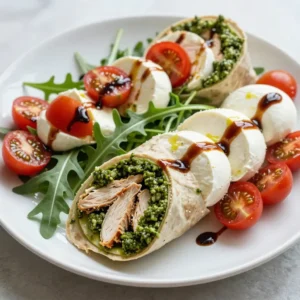 - 2 large tortillas or wrap breads - 1 cup cooked chicken breast, shredded - 1/2 cup fresh basil pesto - 1 cup fresh mozzarella balls, halved - 1 cup cherry tomatoes, halved - 1/4 cup balsamic glaze - 1 cup arugula or spinach - Salt and pepper to taste - Olive oil (optional, for drizzling) When making Pesto Chicken Caprese Wraps, these ingredients come together for a tasty meal. The tortillas hold all the fresh flavors. The shredded chicken gives protein, while the basil pesto adds a rich taste. Fresh mozzarella balls bring creaminess, and cherry tomatoes add a juicy bite. Arugula or spinach gives a nice crunch and color. Balsamic glaze ties all the flavors together with its sweet touch. - Mixing bowl - Knife and cutting board - Platter for presentation You need some basic tools to prepare these wraps. A mixing bowl helps combine the chicken and pesto well. A knife and cutting board are essential for cutting veggies and cheese. Finally, a platter will make your wraps look beautiful when serving. {{ingredient_image_1}} - First, combine shredded chicken and basil pesto in a mixing bowl. - Mix well until the chicken is fully coated. - Season with salt and pepper to taste. - Lay out your tortillas on a clean surface. - Place a handful of arugula or spinach in the center of each wrap. - Spoon the pesto chicken mixture over the greens. - Next, add halved mozzarella balls and cherry tomatoes on top. - Carefully fold in the sides of each tortilla. - Roll them up tightly from the bottom to form wraps. - Drizzle a bit of balsamic glaze and olive oil over the wraps. - Slice the wraps in half for easy serving. To enhance the pesto flavor, use quality basil pesto. Look for fresh ingredients. You can even make your own! Mixing in a bit of lemon juice brightens the taste. For the perfect balance of ingredients, use equal parts chicken and pesto. This keeps flavors strong without being too oily. To arrange wraps for a stunning look, slice them in half on a diagonal. Place them on a white platter to pop. Drizzle with balsamic glaze for flair. You can also sprinkle fresh basil leaves around the wraps. This adds color and freshness. One common mistake is overfilling the wraps. This makes it hard to roll them. Stick to a small amount of each filling. Another mistake is not seasoning the chicken properly. Always add salt and pepper to boost flavor. A pinch of each can make a big difference! Pro Tips Storage Tips: Wraps can be stored in the refrigerator for up to 2 days. To prevent sogginess, keep the balsamic glaze separate until ready to serve. Customizable Filling: Feel free to add any additional veggies you love, such as bell peppers or cucumbers, for extra crunch and nutrition. Grilling Option: For a warm, toasted wrap, grill the assembled wraps on a pan or sandwich press for about 2-3 minutes on each side. Herb Variations: Mix in other fresh herbs like parsley or cilantro into the chicken mixture for a unique flavor twist. {{image_2}} You can switch up the chicken in this wrap. Tofu works great for a meatless meal. You can also use veggies like bell peppers or zucchini for a fresh taste. Different wraps can add fun, too. Try using whole wheat wraps or spinach tortillas for a twist. Change the taste by using different pestos. Red pepper pesto adds a kick, while sun-dried tomato pesto gives a rich flavor. You can mix in spices like garlic powder or dried oregano for extra zest. Fresh herbs, like parsley or cilantro, can also brighten the wrap. Pair these wraps with a fresh salad. A mixed green salad or even chips can be great sides. For drinks, try iced tea or a light white wine. These options will enhance your meal and make it more enjoyable. - To store leftover wraps, place them in an airtight container. - You can wrap them in plastic wrap or foil if you lack containers. - To freeze assembled wraps, wrap each one tightly in plastic wrap. - Place the wrapped wraps in a freezer bag to prevent freezer burn. - For thawing, leave the wraps in the fridge overnight. - To reheat, use an oven or microwave until warm. - The wraps last about 3 days in the fridge. - Check for any off smells or changes in texture as signs of spoilage. Making Pesto Chicken Caprese Wraps is quick and easy. You need just 10 minutes to prep. Cooking takes about 5 minutes. So, the total time is only 15 minutes. This makes it a perfect meal for busy days. Yes, you can make these wraps ahead of time. Just prepare the filling and store it in the fridge. Assemble the wraps when you're ready to eat. This keeps the tortillas fresh. You can also wrap them in plastic for later. Enjoy them cold or warm them up. You have many options for side dishes. Here are some popular choices: - A light salad with mixed greens - Crispy potato chips for crunch - Steamed veggies for a healthy touch - Fresh fruit for a sweet finish These sides enhance the flavors and make a full meal. These Pesto Chicken Caprese Wraps are both simple and delicious. You gather fresh ingredients, then mix and layer them to build tasty wraps. Remember to avoid filling them too much and to season properly. You can try different proteins and wraps to keep things exciting. Store any leftovers wisely and enjoy them later. Explore these flavors and make mealtime fun and easy!