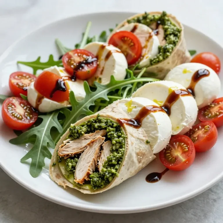 - 2 large tortillas or wrap breads - 1 cup cooked chicken breast, shredded - 1/2 cup fresh basil pesto - 1 cup fresh mozzarella balls, halved - 1 cup cherry tomatoes, halved - 1/4 cup balsamic glaze - 1 cup arugula or spinach - Salt and pepper to taste - Olive oil (optional, for drizzling) When making Pesto Chicken Caprese Wraps, these ingredients come together for a tasty meal. The tortillas hold all the fresh flavors. The shredded chicken gives protein, while the basil pesto adds a rich taste. Fresh mozzarella balls bring creaminess, and cherry tomatoes add a juicy bite. Arugula or spinach gives a nice crunch and color. Balsamic glaze ties all the flavors together with its sweet touch. - Mixing bowl - Knife and cutting board - Platter for presentation You need some basic tools to prepare these wraps. A mixing bowl helps combine the chicken and pesto well. A knife and cutting board are essential for cutting veggies and cheese. Finally, a platter will make your wraps look beautiful when serving. {{ingredient_image_1}} - First, combine shredded chicken and basil pesto in a mixing bowl. - Mix well until the chicken is fully coated. - Season with salt and pepper to taste. - Lay out your tortillas on a clean surface. - Place a handful of arugula or spinach in the center of each wrap. - Spoon the pesto chicken mixture over the greens. - Next, add halved mozzarella balls and cherry tomatoes on top. - Carefully fold in the sides of each tortilla. - Roll them up tightly from the bottom to form wraps. - Drizzle a bit of balsamic glaze and olive oil over the wraps. - Slice the wraps in half for easy serving. To enhance the pesto flavor, use quality basil pesto. Look for fresh ingredients. You can even make your own! Mixing in a bit of lemon juice brightens the taste. For the perfect balance of ingredients, use equal parts chicken and pesto. This keeps flavors strong without being too oily. To arrange wraps for a stunning look, slice them in half on a diagonal. Place them on a white platter to pop. Drizzle with balsamic glaze for flair. You can also sprinkle fresh basil leaves around the wraps. This adds color and freshness. One common mistake is overfilling the wraps. This makes it hard to roll them. Stick to a small amount of each filling. Another mistake is not seasoning the chicken properly. Always add salt and pepper to boost flavor. A pinch of each can make a big difference! Pro Tips Storage Tips: Wraps can be stored in the refrigerator for up to 2 days. To prevent sogginess, keep the balsamic glaze separate until ready to serve. Customizable Filling: Feel free to add any additional veggies you love, such as bell peppers or cucumbers, for extra crunch and nutrition. Grilling Option: For a warm, toasted wrap, grill the assembled wraps on a pan or sandwich press for about 2-3 minutes on each side. Herb Variations: Mix in other fresh herbs like parsley or cilantro into the chicken mixture for a unique flavor twist. {{image_2}} You can switch up the chicken in this wrap. Tofu works great for a meatless meal. You can also use veggies like bell peppers or zucchini for a fresh taste. Different wraps can add fun, too. Try using whole wheat wraps or spinach tortillas for a twist. Change the taste by using different pestos. Red pepper pesto adds a kick, while sun-dried tomato pesto gives a rich flavor. You can mix in spices like garlic powder or dried oregano for extra zest. Fresh herbs, like parsley or cilantro, can also brighten the wrap. Pair these wraps with a fresh salad. A mixed green salad or even chips can be great sides. For drinks, try iced tea or a light white wine. These options will enhance your meal and make it more enjoyable. - To store leftover wraps, place them in an airtight container. - You can wrap them in plastic wrap or foil if you lack containers. - To freeze assembled wraps, wrap each one tightly in plastic wrap. - Place the wrapped wraps in a freezer bag to prevent freezer burn. - For thawing, leave the wraps in the fridge overnight. - To reheat, use an oven or microwave until warm. - The wraps last about 3 days in the fridge. - Check for any off smells or changes in texture as signs of spoilage. Making Pesto Chicken Caprese Wraps is quick and easy. You need just 10 minutes to prep. Cooking takes about 5 minutes. So, the total time is only 15 minutes. This makes it a perfect meal for busy days. Yes, you can make these wraps ahead of time. Just prepare the filling and store it in the fridge. Assemble the wraps when you're ready to eat. This keeps the tortillas fresh. You can also wrap them in plastic for later. Enjoy them cold or warm them up. You have many options for side dishes. Here are some popular choices: - A light salad with mixed greens - Crispy potato chips for crunch - Steamed veggies for a healthy touch - Fresh fruit for a sweet finish These sides enhance the flavors and make a full meal. These Pesto Chicken Caprese Wraps are both simple and delicious. You gather fresh ingredients, then mix and layer them to build tasty wraps. Remember to avoid filling them too much and to season properly. You can try different proteins and wraps to keep things exciting. Store any leftovers wisely and enjoy them later. Explore these flavors and make mealtime fun and easy!