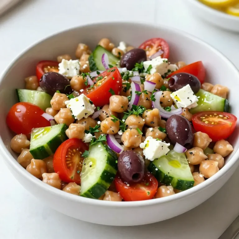 To make this salad, you will need the following ingredients: - 1 can (15 oz) chickpeas, rinsed and drained - 1 cup cherry tomatoes, halved - 1 cucumber, diced - 1/2 red onion, finely chopped - 1/2 cup Kalamata olives, pitted and sliced - 1/2 cup feta cheese, crumbled - 1/4 cup fresh parsley, chopped - Juice of 1 lemon - 3 tablespoons olive oil - 1 teaspoon dried oregano - Salt and pepper to taste You can customize your salad with these optional ingredients: - Avocado for creaminess - Bell peppers for a crunch - Arugula for a peppery flavor - Sun-dried tomatoes for sweetness - Different cheese like goat or mozzarella To find the best ingredients, keep these tips in mind: - Choose chickpeas that are firm and not mushy. - Look for ripe cherry tomatoes that are bright and shiny. - Pick cucumbers that feel heavy for their size and have smooth skin. - Use red onions that are firm and have a strong smell. - Select Kalamata olives that are dark and plump. - Choose fresh parsley with vibrant green leaves and no wilting. - For lemon, select ones that are heavy and feel firm. - Opt for good-quality olive oil with a rich flavor profile. Using fresh ingredients makes your Mediterranean Chickpea Salad taste amazing! {{ingredient_image_1}} Start with one can of chickpeas. Rinse and drain them well. Next, take one cup of cherry tomatoes and slice them in half. Then, grab one cucumber and dice it into small pieces. For some sharpness, finely chop half a red onion. Slice half a cup of Kalamata olives and set them aside. Finally, crumble half a cup of feta cheese and chop a quarter cup of fresh parsley. Gather all these ingredients for your salad. In a large mixing bowl, add the rinsed chickpeas. Toss in the halved cherry tomatoes, diced cucumber, finely chopped red onion, and sliced Kalamata olives. Gently fold in the crumbled feta cheese and chopped parsley. Be careful not to mash the chickpeas or feta. Mix everything until it looks colorful and well combined. In a small bowl, whisk together the juice of one lemon and three tablespoons of olive oil. Add one teaspoon of dried oregano. Sprinkle in salt and pepper to taste. Mix until the dressing is smooth. Drizzle this dressing over your salad and toss gently again. Let it sit for about 10-15 minutes. This waiting time helps the flavors blend nicely. Enjoy your Mediterranean chickpea salad! To enhance the flavor of your Mediterranean chickpea salad, focus on the dressing. Use fresh lemon juice for a zesty touch. The olive oil should be good quality, as it makes a big difference. I like to add a pinch of salt and pepper to balance the taste. If you want more depth, try adding garlic powder or fresh garlic. Mix everything and let it sit for 10-15 minutes. This helps the flavors blend well. Serve the salad cold or at room temperature. It pairs nicely with grilled chicken or fish. You can also enjoy it as a light lunch on its own. For a heartier meal, serve it with whole-grain pita or warm bread. This salad is great for picnics and potlucks because it travels well. Consider making extra to enjoy as leftovers. It tastes even better the next day. Presentation matters when serving this salad. Use a large bowl to show off the colorful ingredients. Garnish with extra parsley and a lemon wedge for a fresh look. If serving individual portions, use clear cups or bowls. This way, guests see the vibrant colors. You can also sprinkle more feta on top before serving. A drizzle of olive oil adds a nice shine. Remember, we eat with our eyes first! Pro Tips Fresh Ingredients: Use fresh, seasonal vegetables for the best flavor and texture in your salad. Chill Before Serving: Allow the salad to chill in the refrigerator for 30 minutes before serving to enhance the flavors. Customize Your Olives: Experiment with different types of olives, such as green or Castelvetrano, for a unique twist. Add Protein: For a heartier meal, consider adding grilled chicken or tuna to the salad. {{image_2}} To make a vegan version of Mediterranean chickpea salad, you can skip the feta cheese. This salad still tastes great without it. You can add avocado for creaminess instead. Use a little extra lemon juice for tang. This keeps the flavors bright and fresh. You can switch out some ingredients if you don't have them. For the chickpeas, you can use black beans or kidney beans. They add protein and fiber, just like chickpeas. If you don’t like Kalamata olives, try green olives instead. You can also use any fresh herbs you like, such as basil or mint. This salad is perfect for any season. In the summer, add fresh corn or bell peppers for a crunch. In the fall, try roasted butternut squash or apples for sweetness. In winter, you can mix in roasted root veggies like carrots or parsnips. Adjust the ingredients to what is fresh and in season. This keeps the salad exciting all year round. Store your Mediterranean Chickpea Salad in an airtight container. This keeps it fresh. Place it in the fridge right after you make it. Avoid letting it sit at room temperature for too long. This helps prevent spoilage and keeps the taste bright. To keep the salad fresh longer, don't add the dressing until you serve it. Store the salad and dressing separately. This way, the veggies stay crisp. You can keep the salad in the fridge for up to three days. Check for any signs of spoilage before eating. I do not recommend freezing this salad. Freezing changes the texture of the fresh veggies. If you want to save some for later, try freezing just the chickpeas. They can be thawed and added to fresh veggies later. Enjoy the salad fresh for the best taste! If you want to skip feta cheese, try using goat cheese. It has a creamy texture and great flavor. Another option is ricotta cheese. It adds a different taste but still works well. For a vegan option, use firm tofu. Crumble it and season with lemon juice and herbs to mimic feta. You can store this salad in the fridge for about three days. Make sure to keep it in an airtight container. The flavors will blend over time, making it even tastier. However, if you add fresh herbs, they might lose their crunch after a day. Yes, you can prepare this salad ahead of time. It tastes great after sitting for a few hours. Just make the dressing separately and add it right before serving. This will keep the salad fresh and crunchy. Mediterranean Chickpea Salad is simple and tasty. We discussed key ingredients and customizations. You learned how to prepare, mix, and dress the salad. Plus, you got tips to boost flavor and serve it well. Don't forget the variations suited to seasons or diets. Proper storage keeps your salad fresh longer. Now you can enjoy this healthy dish any time. Happy cooking!