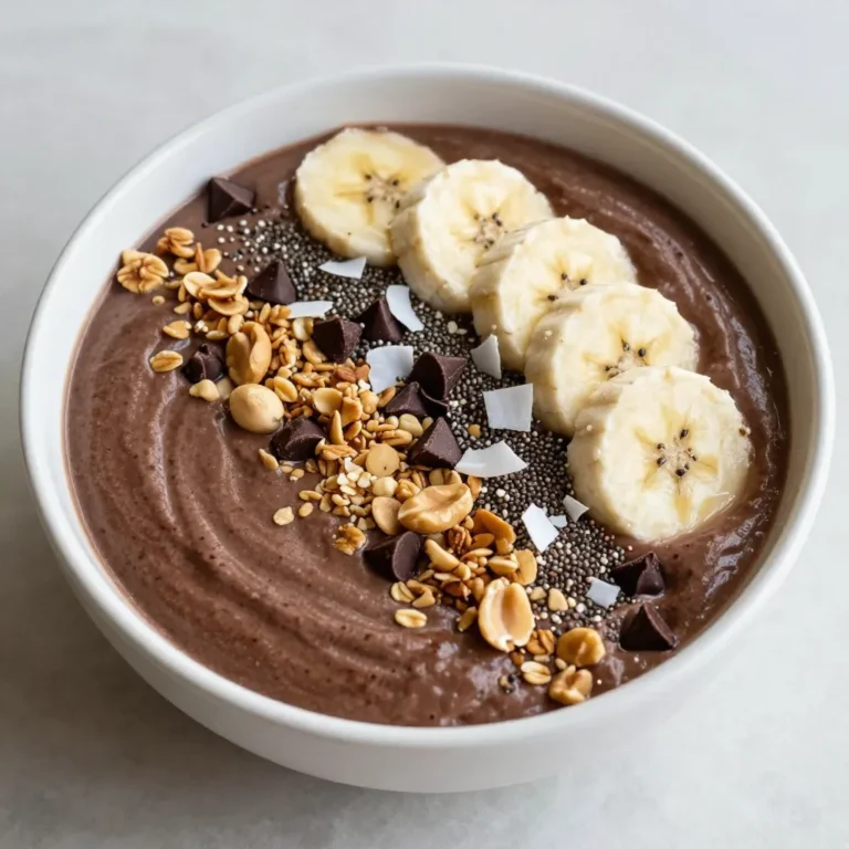 Here’s what you need for a tasty Chocolate Peanut Butter Banana Smoothie Bowl: - 2 frozen ripe bananas - 1 cup almond milk or milk of choice - 2 tablespoons unsweetened cocoa powder - 2 tablespoons natural peanut butter - 1 tablespoon honey or maple syrup (optional) - 1/4 teaspoon vanilla extract - Optional toppings: sliced bananas, granola, chocolate chips, chia seeds, crushed nuts, coconut flakes These ingredients blend together to create a creamy and rich smoothie. The frozen bananas give it a thick texture. Almond milk makes it smooth and adds a gentle flavor. Cocoa powder adds the chocolate taste we all love. Natural peanut butter brings a nutty richness that pairs perfectly with the banana's sweetness. You can adjust the sweetness with honey or maple syrup if you like it sweeter. Toppings are fun and can add different textures. Sliced bananas give extra fruitiness. Granola adds a crunchy bite. Chocolate chips make it even more fun. Chia seeds and crushed nuts add a healthy twist, while coconut flakes bring a tropical feel. Feel free to mix and match your favorites! {{ingredient_image_1}} - Blend the ingredients together Start by placing the frozen bananas, almond milk, cocoa powder, peanut butter, honey or maple syrup, and vanilla extract into your blender. Make sure to add the ingredients in this order for the best blend. Blend on high speed until the mixture is smooth. You may need to stop and scrape down the sides to get all the ingredients mixed. - Achieving the right consistency After blending, check the texture. You want it thick and creamy but still spoonable. If it’s too thick, add a splash more almond milk. Blend again until you get that perfect consistency. It should look rich and inviting. - Serving and topping the smoothie bowl Pour the blended smoothie into a bowl. This is where the fun begins! Start with sliced bananas on top. Then, sprinkle granola for crunch. Add chocolate chips for extra sweetness. Finish with chia seeds, crushed nuts, and coconut flakes for texture and flavor. Serve your bowl right away and dig in! To make your smoothie bowl creamy, start with frozen bananas. They add a thick texture. Blend on high speed for smoothness. If it’s too thick, add more almond milk. Aim for a spoonable mix, not runny. Adjust the sweetness to your liking. Try adding honey or maple syrup. Taste as you go to find the right balance. Choosing the right milk is key. Almond milk works great, but feel free to use any milk you like. Oat milk or coconut milk can also add unique flavors. Arranging toppings makes your smoothie bowl look amazing. Start with sliced bananas in the center. Then, sprinkle granola around the edges. This gives it a nice contrast. Add chocolate chips for a sweet touch. Chia seeds can add a fun texture. Crushed nuts bring crunch, and coconut flakes add a tropical vibe. Use a variety of colors for visual appeal. A mix of brown from the cocoa and white from the coconut looks great. Garnish with a mint leaf for a fresh pop. Enjoy your tasty creation! Pro Tips Use Ripe Bananas: The riper the bananas, the sweeter and creamier your smoothie bowl will be. Look for bananas with brown spots for the best flavor. Adjust Consistency: If your smoothie is too thick, add an extra splash of almond milk to achieve your desired consistency. It should be thick but still spoonable. Experiment with Toppings: Feel free to mix and match toppings based on your preferences. Fresh fruits, nuts, and seeds can enhance flavor and nutrition. Chill Your Bowl: For an extra refreshing experience, chill your bowl in the freezer for a few minutes before serving. This keeps your smoothie bowl cold longer. {{image_2}} You can switch up the nut butter in this recipe. Almond butter or cashew butter work well. Each nut butter adds a unique taste. You can even try sunflower seed butter for a nut-free option. When it comes to milk, you have choices. Almond milk is great, but oat milk or soy milk works too. If you want creaminess, try whole milk. Each milk alters the flavor slightly, so pick what you like best. For an extra health boost, consider adding spinach. It blends well and adds nutrients without changing the taste. Protein powder is another option. It makes your smoothie bowl more filling and gives you energy. Toppings can change with the seasons too. In spring, use fresh strawberries or blueberries. Summer calls for peaches and cherries. Fall is perfect for apples and pumpkin seeds. Winter? Try pomegranate seeds or citrus fruits. You can also add nut mixes for crunch. Choose a mix of almonds, walnuts, and pecans. Granola adds a nice texture. Look for granola that has little added sugar. This way, you keep the flavors balanced and healthy. To store leftover smoothie mixture, pour it into a jar. Seal it tight and place it in your fridge. Use it within 24 hours for the best taste. If you want to keep it longer, freeze it. Pour the smoothie into an ice cube tray. This way, you can use small portions later. Just pop out a few cubes when you want a quick snack. For bananas, if you have ripe ones, slice and freeze them. Lay the slices flat on a baking sheet. Once frozen, transfer them to a bag. This keeps them fresh for smoothies later. You can use leftover smoothie bowl ingredients in many ways. Blend them into a quick shake. Add some ice for a refreshing drink. You can also mix the leftover smoothie with yogurt. This makes a tasty parfait. Another idea is to use the toppings in oatmeal. They add flavor and crunch. You can even sprinkle them on pancakes or waffles. Get creative and enjoy your leftovers! Can I make this smoothie bowl vegan? Yes, you can easily make this smoothie bowl vegan. Just use almond milk or any plant-based milk. Choose a vegan sweetener like maple syrup instead of honey. How can I make it more protein-packed? To add more protein, include a scoop of protein powder. You can also use Greek yogurt or extra peanut butter. These options boost the protein without changing the taste. Is it possible to use fresh bananas instead of frozen? Yes, you can use fresh bananas. However, the smoothie will be thinner and less creamy. If you like a thicker texture, freeze your bananas first. What are some suitable toppings for a chocolate peanut butter banana smoothie bowl? Great toppings include: - Sliced bananas - Granola - Chocolate chips - Chia seeds - Crushed nuts - Coconut flakes These toppings add flavor and texture. You can mix and match based on your preferences! This blog post covered how to make a delicious chocolate peanut butter banana smoothie bowl. We discussed the simple ingredients and steps needed for blending. You learned tips for achieving the right texture and creative ways to present your bowl. Variations offered new ideas for nut butters and toppings based on the season. Lastly, we highlighted how to store leftovers and repurpose ingredients. Now, you can enjoy this tasty treat any time!