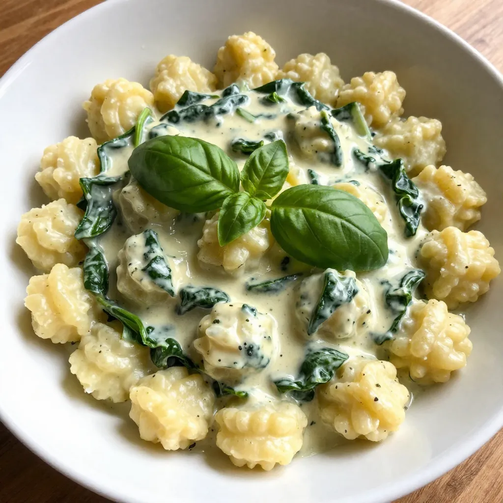 To make Creamy Spinach Parmesan Gnocchi, gather these key items: - 1 pound potato gnocchi - 2 cups fresh spinach, chopped - 1 cup heavy cream - 1 cup grated Parmesan cheese - 1 tablespoon olive oil - 2 cloves garlic, minced - 1/2 teaspoon nutmeg - Salt and pepper to taste - Optional: Fresh basil for garnish These ingredients blend to create a rich and flavorful dish. The potato gnocchi serves as a soft base, while the spinach adds color and nutrients. Cream and Parmesan bring a creamy texture that enhances every bite. If you have dietary restrictions, you can swap some ingredients. For a lighter version, use half-and-half instead of heavy cream. To make it dairy-free, try coconut cream and a dairy-free Parmesan. For gluten-free needs, ensure the gnocchi is made from gluten-free flour. You can also use frozen spinach if fresh isn’t available. Using fresh ingredients elevates this dish. Look for gnocchi that feels firm and fresh. Choose spinach that is vibrant green without yellow spots. When buying garlic, pick bulbs that are firm and plump. For Parmesan, always go for freshly grated over pre-packaged. Fresh ingredients will enhance the flavors and make your meal stand out. {{ingredient_image_1}} Start by boiling water in a large pot. Add salt to the water. Once boiling, drop in the potato gnocchi. Cook them until they float, which takes about 2-3 minutes. This shows they are ready. Drain the gnocchi and set them aside while you move to the next step. In a large skillet, heat olive oil over medium heat. Add minced garlic and cook until it smells great, about 1 minute. Then, toss in the chopped spinach. Stir the spinach until it wilts, which will take about 2-3 minutes. Next, pour in the heavy cream. Bring the mixture to a gentle simmer. Add grated Parmesan cheese and stir until it melts into a creamy sauce. Season the sauce with nutmeg, salt, and pepper to taste. Now, add the cooked gnocchi to the creamy spinach sauce. Gently fold the gnocchi to coat them in the sauce. Heat everything together for about 2-3 minutes. This warms the dish through. Serve hot and garnish with fresh basil if you like. Enjoy this creamy spinach Parmesan gnocchi as a delightful dinner! To make your sauce creamy, use heavy cream. It gives a rich texture. Stir the cream gently into the spinach and cheese mixture. This helps blend all the flavors. Nutmeg adds warmth, but don’t use too much. Taste as you go to find the perfect balance. The cheese should melt smoothly. If it clumps, lower the heat and stir more. A common mistake is cooking the gnocchi too long. Remember, they are done when they float! Overcooking can make them mushy. Also, don’t rush the spinach. Cook it just until wilted. If you skip this, it can taste raw. Mixing ingredients too fast can break the gnocchi apart. Gently fold them into the sauce for the best result. Serve your creamy spinach Parmesan gnocchi hot. A sprinkle of fresh basil adds color and flavor. You can pair this dish with a simple salad. A light vinaigrette works well. For a heartier meal, add grilled chicken or shrimp. This makes it a full dinner. Enjoy this dish with a glass of white wine for a lovely touch. Pro Tips Use Fresh Ingredients: Fresh spinach and high-quality Parmesan cheese will elevate the flavors of this dish significantly. Don’t Overcook Gnocchi: Gnocchi are done when they float to the surface; avoid letting them sit in boiling water for too long to maintain their texture. Adjust Creaminess: If you prefer a lighter sauce, you can substitute half of the heavy cream with vegetable broth for a delicious alternative. Enhance Flavor: Adding a pinch of red pepper flakes can provide a subtle heat that complements the creamy sauce beautifully. {{image_2}} You can make this dish heartier by adding chicken or shrimp. Cook the protein first. For chicken, use bite-sized pieces and sauté them in the skillet. For shrimp, add them after the garlic, cooking until pink. Both options boost flavor and nutrition. To make this dish vegetarian, leave out the cheese and use a plant-based cream. For a vegan twist, swap the gnocchi for a vegan brand. You can also use nutritional yeast for a cheesy flavor without dairy. Enhance your dish with fresh herbs like basil or parsley. Just sprinkle them in before serving. You can also add a pinch of red pepper flakes for heat. Mixing in some lemon zest brightens the flavors too. These small changes can make a big difference! After you finish your meal, let the gnocchi cool down. Place it in an airtight container. Store it in the fridge for up to three days. This keeps the flavors fresh and tasty. If you want to store it longer, consider freezing. To reheat, put the gnocchi in a skillet. Add a splash of water or cream. Heat on low, stirring gently. This helps the sauce regain its creamy texture. You can also use the microwave. Heat in short bursts to avoid overcooking. Stir between each burst to heat evenly. If you want to freeze the gnocchi, do it before cooking. Spread uncooked gnocchi on a baking sheet. Freeze until solid, then transfer to a freezer bag. For cooked gnocchi, store in an airtight container. Use within two months for the best taste. When you're ready to eat, cook from frozen. Just add a few extra minutes to the cooking time. Use potato gnocchi for the best texture. It has a soft and pillowy feel. You can find it fresh or frozen at most stores. Fresh gnocchi cooks quickly in boiling water. Frozen gnocchi works well too; just add a minute to the cooking time. Yes, you can prepare the sauce ahead. Cook the gnocchi just before serving. If you make the sauce early, store it in the fridge. When you’re ready to eat, heat the sauce and add the gnocchi. This keeps the dish fresh and tasty. To lighten the dish, swap heavy cream for half-and-half or a plant-based milk. You can also use less cheese. Adding more spinach can make it healthier too. This keeps the creamy mouthfeel while cutting down on calories. Pair this dish with a simple salad or garlic bread. A light vegetable medley also works well. If you want protein, grilled chicken or shrimp makes a great addition. These sides enhance the meal and add variety. You learned about the key ingredients for making delicious Creamy Spinach Parmesan Gnocchi. We covered cooking tips, serving ideas, and ways to tweak the dish for your needs. Remember, quality ingredients matter for flavor and texture. Use the steps and tips to avoid common mistakes and make it creamier. Finally, enjoy creating variations with proteins or herbs. This dish is easy to store and reheat, keeping it fresh for later. Dive in and start cooking!