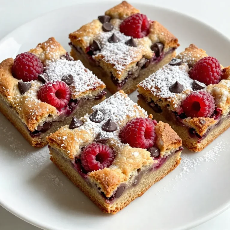 To make Raspberry Chocolate Chip Blondies, you need the right mix of ingredients. Each one plays a key role in creating a rich and tasty treat. Here’s what you will need: - 1 cup unsalted butter, melted - 1 cup brown sugar - 1/2 cup granulated sugar - 2 large eggs - 2 teaspoons vanilla extract - 2 cups all-purpose flour - 1/2 teaspoon baking powder - 1/2 teaspoon baking soda - 1/4 teaspoon salt - 1 cup fresh raspberries - 1/2 cup semi-sweet chocolate chips - 1/4 cup white chocolate chips Each ingredient contributes to the flavor and texture. The butter adds richness, while the sugars bring sweetness. Eggs help bind everything together. The flour and baking powder give the blondies their classic texture. The fresh raspberries burst with flavor, and the chocolate chips add that sweet, melty goodness. Feel free to mix in your own favorites! {{ingredient_image_1}} 1. Preheat the oven and prepare the baking pan. Start by setting your oven to 350°F (175°C). Grab a 9x13 inch baking pan and line it with parchment paper. Let some paper hang over the sides. This makes it easy to lift the blondies out later. 2. Mix the wet ingredients. In a large mixing bowl, pour in the melted butter. Add the brown sugar and granulated sugar. Whisk them together until the mixture is smooth. Then, crack in the two large eggs. Mix well after adding each egg. Finally, stir in the vanilla extract for a nice flavor boost. 3. Combine dry ingredients and mix with wet ingredients. In a separate bowl, whisk together the flour, baking powder, baking soda, and salt. Slowly add this dry mix into the wet ingredients. Gently fold until everything is just combined. Be careful not to overmix; we want soft blondies. 4. Fold in the featured mix-ins. Now it’s time for the fun part! Gently fold in the fresh raspberries, semi-sweet chocolate chips, and white chocolate chips. Make sure you don’t crush the raspberries while mixing. You want those bursts of flavor in every bite! 5. Pour and bake. Pour the batter into your prepared baking pan. Use a spatula to smooth the top. Bake these beauties for 25 to 30 minutes. Check with a toothpick; it should come out clean or with a few moist crumbs. 6. Cool and cut. Once baked, let the blondies cool in the pan for about 10 minutes. Use the parchment paper to lift them out and place them on a wire rack to cool completely. When cool, cut them into squares and enjoy! To get the perfect blondie texture, focus on mixing. Use melted butter for a soft, chewy base. This method helps to create that lovely, moist inside while keeping the edges slightly crisp. When mixing, add the eggs one at a time. This helps to keep the batter smooth without overworking it. Overmixing can lead to tough blondies, which we want to avoid. Gently fold in your dry ingredients until just combined. You want to see some flour, but not too much. Baking time is key. Bake at 350°F for 25 to 30 minutes. Check for doneness by inserting a toothpick in the center. It should come out clean or with a few moist crumbs. If it has wet batter, give it a few more minutes. For a lovely presentation, serve your blondies on a decorative platter. Dust them with powdered sugar for a sweet touch. Garnish with fresh raspberries for a pop of color and flavor. Pair your blondies with a scoop of vanilla ice cream. This adds a creamy texture that contrasts nicely with the chewy blondies. You can also top them with whipped cream or chocolate sauce for extra flair. Enjoy your delicious treat! Pro Tips Use Room Temperature Eggs: For a smoother batter and better incorporation, let your eggs sit out for about 30 minutes before using them. Don’t Overmix: When combining the dry and wet ingredients, mix until just combined to ensure your blondies remain soft and chewy. Fresh vs. Frozen Raspberries: Fresh raspberries are recommended for this recipe, as frozen berries can release too much moisture and alter the texture. Check for Doneness: Start checking your blondies at the 25-minute mark; they should be lightly golden and a toothpick should come out clean or with a few moist crumbs. {{image_2}} You can change the flavor of your blondies easily. Try using different baking chips. Dark chocolate chips add rich depth. Butterscotch chips bring a sweet twist. Both options taste great with raspberries. You might want some crunch, too. Adding nuts or seeds makes a nice texture. Chopped walnuts or pecans work well. Sunflower seeds add a fun twist for nut-free options. Fruit can also change the game. If you want, swap raspberries for blueberries or strawberries. The sweet and tart flavors pair nicely with chocolate. If you need gluten-free blondies, use alternative flours. Almond flour or oat flour works well. Just be sure to adjust the amounts. For vegan options, swap eggs with flax eggs or unsweetened applesauce. Use vegan butter instead of regular butter. This way, everyone can enjoy these tasty treats! To keep your raspberry chocolate chip blondies fresh, store them properly. First, let them cool completely. Then, place them in an airtight container. This helps keep them moist. You can put them in the fridge if you plan to eat them in a few days. For best results, use a layer of parchment paper between the layers to prevent sticking. If you want to save them for later, freezing is a great option. Cut the blondies into squares before freezing. Wrap each piece tightly in plastic wrap. Then, place them in a freezer-safe bag. This way, you can pull out just what you need. They should stay good in the freezer for up to three months. The shelf life of your blondies depends on how you store them. In the fridge, they last about a week. If stored at room temperature in an airtight container, they stay fresh for about three days. When frozen, they can last up to three months, but for the best taste, enjoy them within two months. Always check for any signs of spoilage before eating. Yes, you can use frozen raspberries. They work well in the recipe. However, frozen berries might break down more while mixing. This can change the texture a bit. If you choose frozen, add them straight from the freezer. This helps keep them from getting mushy. To keep your blondies moist, avoid overbaking them. Check for doneness around 25 minutes. A toothpick should come out with a few moist crumbs, not dry. Also, store them in an airtight container after they cool. This helps lock in moisture. Blondies have a light color and a rich, buttery flavor. They use brown sugar and vanilla, giving them a unique taste. Brownies, on the other hand, are darker and rich in chocolate. The main difference is in the flavor and color, not the texture. Both are delicious treats! I covered all the key steps to make delicious blondies. You learned about the ingredients, the preparation, and helpful tips for baking. I also shared serving ideas and variations for every taste. Remember, blondies are not just tasty; they are also easy to customize. Get creative with add-ins and enjoy your treats fresh or stored. Happy baking, and may your blondies always be a hit!