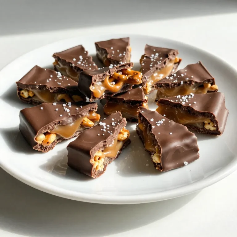 - 2 cups pretzel rods, broken into pieces - 1 cup semi-sweet chocolate chips - 1 cup caramel candies, unwrapped - 2 tablespoons heavy cream - Sea salt, for sprinkling To make Chocolate Caramel Pretzel Bark, gather all your ingredients first. Start with two cups of pretzel rods. You can break them into bite-sized pieces. This adds a nice crunch. Next, get one cup of semi-sweet chocolate chips. They melt well and give a rich taste. You will also need one cup of caramel candies. Unwrap each piece to save time later. These candies will create a gooey layer. Then, grab two tablespoons of heavy cream. This helps the caramel melt smoothly. Lastly, have some sea salt on hand. A sprinkle at the end gives a sweet and salty twist. Having all the ingredients ready makes the process easy. It keeps you organized and focused. Enjoy the process, and get ready for a tasty treat! {{ingredient_image_1}} - Preheat your oven to 350°F (175°C). - Line a baking sheet with parchment paper for easy removal. - Break 2 cups of pretzel rods into pieces. - Spread the pretzel pieces evenly on the baking sheet. - Take 1 cup of caramel candies, unwrap them, and put them in a small pan. - Add 2 tablespoons of heavy cream to the pan. - Heat over medium heat. Stir continuously until the caramel melts and is smooth. - Pour the melted caramel over the pretzels. Spread it evenly with a spatula. - Place the baking sheet in the oven for 5-7 minutes. - Remove it when the caramel is bubbly. Let it cool for 10 minutes. - In a bowl, take 1 cup of semi-sweet chocolate chips. - Melt the chocolate using a microwave or double boiler until smooth. - Drizzle the melted chocolate over the cooled caramel pretzels. Use a spatula to spread it if needed. - Sprinkle a pinch of sea salt over the top for a sweet and salty finish. - Put the baking sheet in the fridge for at least 1 hour. This helps the bark set. - Once set, break the bark into pieces for serving. - Enjoy your tasty treat! - Using a double boiler vs. microwave I love using a double boiler for melting chocolate. It heats slowly and evenly. Just fill a pot with water and place a bowl on top. Make sure the bowl does not touch the water. This way, the steam melts the chocolate gently. If you use a microwave, do it in short bursts of 20 seconds. Stir after each burst to avoid hot spots. - Avoiding burning chocolate Burning chocolate is a big no-no. It can ruin the flavor and texture. Always use low heat. When melting, watch it closely. If it starts to look thick or clumpy, take it off the heat. Stirring helps cool it down and keeps it smooth. - Adding nuts or dried fruit You can make this bark your own by adding nuts or dried fruit. Chopped almonds, pecans, or walnuts add crunch. Dried cranberries or cherries bring a fruity touch. Feel free to mix and match based on what you like. - Adjusting sweetness with different chocolate types Change the type of chocolate to fit your taste. Use dark chocolate for a rich flavor. If you want it sweeter, go for milk chocolate. Each type will change the taste of the bark. Mix different chocolates for a fun twist! - Presentation tips for parties When serving, think about how to make it pop. Place the bark on a nice platter. You can also cut it into fun shapes. Use colorful wrappers to make it more festive. It will look great at any party! - Gift-wrapping options for homemade treats If you want to gift this bark, wrap it in clear cellophane. Tie it with a ribbon for a pretty touch. You can also use small boxes to hold pieces. Your friends will love this tasty and thoughtful gift! Pro Tips Use Fresh Ingredients: Ensure your caramel candies are fresh for the best texture and flavor. Stale candies can result in a grainy caramel sauce. Don't Overbake: Keep a close eye on the pretzel and caramel mixture in the oven; overbaking can lead to burnt caramel. Cooling Method: After baking, allow the caramel to cool for at least 10 minutes before adding chocolate to prevent it from melting into the caramel. Gift Presentation: Wrap the bark in decorative cellophane bags with a ribbon for a lovely gift that's perfect for any occasion. {{image_2}} You can change up the flavor of your Chocolate Caramel Pretzel Bark easily. Here are two fun ideas: - White chocolate caramel pretzel bark: Swap semi-sweet chocolate for white chocolate. Melt it just like the dark chocolate. The sweetness pairs well with the salty pretzels. - Dark chocolate and toffee variations: Use dark chocolate instead of semi-sweet. Add crushed toffee bits on top for an extra crunch. This will give your bark a rich, deep flavor. You can also adjust this recipe to fit your diet. Here are some options: - Vegan options using dairy-free chocolate and caramel: Choose dairy-free chocolate chips and vegan caramel. This way, you keep the taste but make it vegan-friendly. - Gluten-free alternatives for pretzels: Look for gluten-free pretzel options. Many brands offer gluten-free pretzels that work great in this recipe. To keep your chocolate caramel pretzel bark fresh, use an airtight container. This will prevent moisture and air from spoiling the bark. Stack the pieces neatly, but don’t pack them too tight. You want them to stay crunchy. The best shelf life for your bark is about two weeks at room temperature. If you keep it in the fridge, it can last longer, up to a month. You can freeze chocolate caramel pretzel bark for later. Wrap each piece in plastic wrap or foil. Place them in a freezer-safe container. This protects them from freezer burn. The bark will keep well for up to three months in the freezer. When you’re ready to enjoy, simply take it out and let it thaw at room temperature. For best quality, avoid using a microwave to thaw. This can change the texture of the bark. Enjoy your treat just like new! Chocolate caramel pretzel bark lasts about two weeks. Store it in an airtight container. It stays fresh and tasty during that time. You can enjoy it as a snack or dessert. Yes, you can make this bark in advance. It’s perfect for parties or gifts. Just make sure to store it well. Keep it in a cool, dry place or in the fridge. You can add many toppings to boost flavor. Here are some ideas: - Chopped nuts for crunch - Dried fruit for sweetness - Sprinkles for fun colors - Sea salt for a salty kick Experiment and find your favorite mix! This blog post walks you through making delicious chocolate caramel pretzel bark. You’ve learned about the key ingredients, preparation steps, and tips for melting chocolate perfectly. We also explored fun variations and storage methods. Whether you serve it at a party or give it as a gift, this treat will wow your friends and family. Enjoy your sweet creation, and have fun customizing it to your taste!