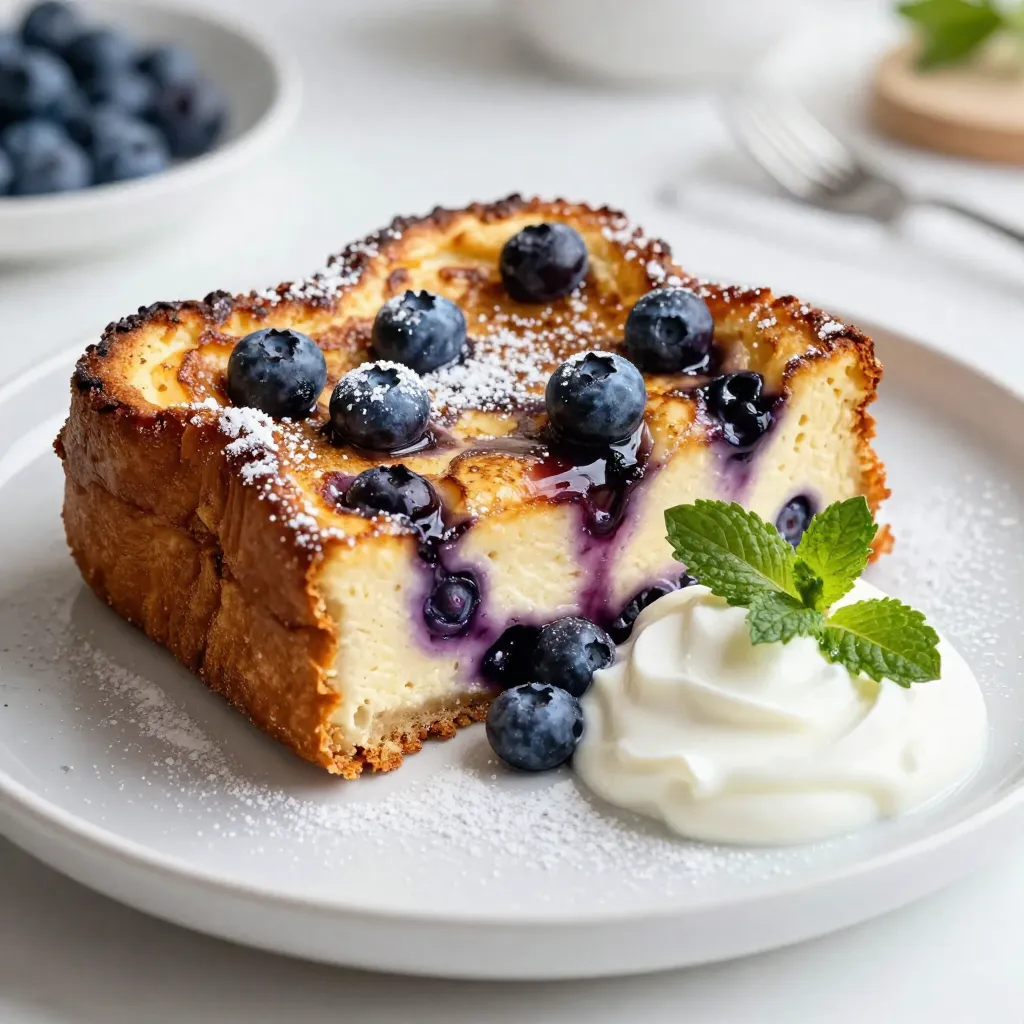 For the Blueberry Cheesecake French Toast Casserole, gather these ingredients: - 1 loaf of brioche bread, cut into cubes - 8 oz cream cheese, softened - 3 large eggs - 1 cup milk - 1/2 cup granulated sugar - 1 teaspoon vanilla extract - 1 teaspoon ground cinnamon - 2 cups fresh blueberries (or frozen, thawed and drained) - 1 cup Greek yogurt (for serving) - Powdered sugar (for dusting) - Fresh mint leaves (for garnish) Each measurement is important for taste and texture. If you run out of brioche, use challah or even regular white bread. Cream cheese gives a rich flavor, but you can use mascarpone if you want a twist. Greek yogurt adds creaminess, but regular yogurt works too. If you need a dairy-free option, use plant-based cream cheese and milk. Adjust the sugar based on your sweet tooth. Fresh blueberries shine in flavor and texture. They burst in your mouth when baked. However, frozen blueberries are a great backup. They are easy to find and last longer. Just be sure to thaw and drain them to avoid excess moisture. Both options work well, so choose what you have. {{ingredient_image_1}} Start by preheating your oven to 350°F (175°C). Grease a 9x13-inch baking dish with butter or cooking spray. In a large bowl, beat 8 oz of softened cream cheese until smooth. Add 3 large eggs, 1 cup of milk, 1/2 cup of granulated sugar, 1 teaspoon of vanilla extract, and 1 teaspoon of ground cinnamon. Mix well until the mixture is smooth. Next, gently fold in 1 loaf of brioche bread, cut into cubes, and 2 cups of fresh blueberries. Make sure the bread soaks up the mixture well. Spread this mixture evenly in the greased baking dish. Cover the baking dish with aluminum foil. Place it in the preheated oven and bake for 30 minutes. After that, remove the foil. Bake for another 15 to 20 minutes. Look for a golden brown top. The center should feel set when you gently shake the dish. Once baked, let the casserole cool for about 10 minutes. This wait helps it firm up a bit. For serving, place a dollop of Greek yogurt on each plate. Spoon a generous portion of the Blueberry Cheesecake French Toast Casserole next to it. Dust with powdered sugar for sweetness. Add fresh mint leaves on top for a pop of color and freshness. Enjoy this delightful dish warm and watch everyone smile! You can prepare this casserole the night before. Just follow the recipe but stop before baking. Cover it tightly and put it in the fridge. In the morning, bake it straight from the fridge. This saves time and makes breakfast easy! To get that perfect creamy texture, use softened cream cheese. Beat it well until it's smooth. This helps it blend with the eggs and milk without lumps. Mixing in the eggs slowly will keep the mixture light and fluffy. If you have leftovers, store them in an airtight container. Keep them in the fridge for up to three days. You can reheat portions in the microwave. Just heat it for about 30 seconds, and it will be ready to enjoy again! Pro Tips Use Day-Old Bread: Using brioche that is a day or two old helps it absorb the custard mixture better, preventing the casserole from becoming soggy. Mix Blueberries Gently: When folding in the blueberries, do so gently to prevent them from bursting and turning your mixture purple. Let it Rest: Allow the casserole to rest for at least 10 minutes after baking. This helps it set up nicely for easier serving. Experiment with Flavors: Feel free to add a splash of lemon zest or almond extract for an extra layer of flavor in the custard mixture. {{image_2}} You can add a twist to your Blueberry Cheesecake French Toast Casserole. Consider mixing in lemon zest for a fresh taste. A splash of almond extract can also enhance the flavor. You might enjoy adding spices like nutmeg or cardamom for warmth. Try using flavored cream cheese, like strawberry or vanilla, to change the base flavor. Experimenting with these ideas makes your dish unique. While brioche is soft and rich, other breads work well too. Challah gives a nice texture and flavor. You can use sourdough for a tangy kick. If you enjoy a heartier option, try whole grain bread. Gluten-free bread can make this dish friendly for those with dietary needs. Each bread choice changes the taste and texture. Toppings can make your casserole shine. For a sweet touch, drizzle maple syrup or honey on top. Fresh berries add color and flavor, while whipped cream gives a creamy finish. You might like a fruit compote for added sweetness. A sprinkle of nuts adds crunch and nutrition. Each topping can elevate your dish and impress your guests! After you enjoy your Blueberry Cheesecake French Toast Casserole, store any leftovers. Place them in an airtight container. This keeps the casserole fresh for up to three days in the fridge. I recommend letting it cool fully before sealing it. This step helps prevent condensation, which can make it soggy. If you want to keep leftovers longer, freezing is a great option. Cut the casserole into portions and wrap each piece in plastic wrap. Then, place the wrapped pieces in a freezer-safe bag. Make sure to remove as much air as possible. It can last up to three months in the freezer. To enjoy later, thaw it in the fridge overnight before reheating. To reheat your casserole, you have a few options. For the best results, use the oven. Preheat it to 350°F (175°C) and place the casserole in a baking dish. Cover it with foil to keep it moist. Heat for about 20 minutes, or until warm. You can also use the microwave for a quick option. Heat individual portions in short bursts, checking often to avoid overheating. Enjoy it fresh like the first time! Yes, you can use other fruits. Strawberries, raspberries, or peaches work great. Just chop them up and mix them in like you do with blueberries. This gives your casserole new flavors and colors. You can also mix different fruits for a fun twist. The total baking time is about 45-50 minutes. First, bake it covered for 30 minutes. Then, remove the foil and bake for another 15-20 minutes. This helps the top turn golden brown and gets the center nice and firm. Make sure to check it with a toothpick. It should come out clean. Yes, you can make a dairy-free version. Use dairy-free cream cheese and almond or oat milk. You can also use a plant-based yogurt for serving. This way, you still get a tasty casserole without dairy. Just keep in mind that the taste may change slightly. This post outlined how to make a delicious blueberry casserole. I covered all the ingredients, from fresh to frozen blueberries, and shared useful tips for prep and baking. Remember to store leftovers properly and consider variations for extra flavor. You can even adapt it to your dietary needs. Creating this dish can be fun and rewarding. Use these steps to enjoy a sweet treat anytime. Happy cooking!
