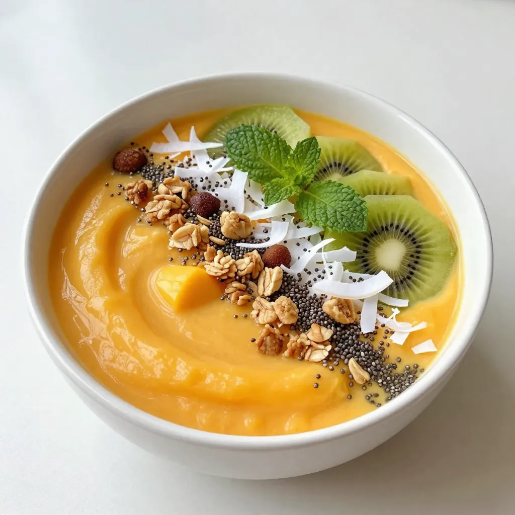 - 2 ripe mangos, peeled and diced - 1 banana, sliced - 1 cup coconut milk (or other plant-based milk) - 1 tablespoon honey or agave syrup (optional for sweetness) - 1/2 cup Greek yogurt (for creaminess) - 1/2 teaspoon vanilla extract - Suggested toppings: sliced kiwi, shredded coconut, granola, chia seeds, mint leaves For this Tropical Mango Smoothie Bowl, you need fresh, ripe mangos. Mangos bring a sweet and juicy flavor that shines in this dish. Make sure your mangos are soft to the touch. This means they are ripe and ready to eat. Next, add a banana. Bananas make the smoothie creamy and add natural sweetness. Slice the banana into small pieces before blending. Coconut milk is the next key ingredient. It gives a smooth, rich texture. You can use other plant-based milks if you prefer. Honey or agave syrup is optional. If you like a sweeter bowl, add a tablespoon. But ripe fruit often provides enough sweetness. Greek yogurt adds creaminess and protein. Use half a cup to keep the bowl thick and satisfying. A touch of vanilla extract enhances the flavor. Just half a teaspoon is enough to brighten the taste. For toppings, be creative! Sliced kiwi adds a nice pop of color. Shredded coconut gives a tropical crunch. Granola adds texture, while chia seeds offer a health boost. Fresh mint leaves finish the bowl beautifully, adding a fresh aroma. Gather all these ingredients, and you're ready to make a delightful and healthy smoothie bowl! {{ingredient_image_1}} 1. Blending the base ingredients Start by gathering your ingredients. In a blender, combine: - 2 ripe mangos, peeled and diced - 1 banana, sliced - 1 cup coconut milk - 1 tablespoon honey (optional) - 1/2 cup Greek yogurt - 1/2 teaspoon vanilla extract Blend these ingredients on high speed. You want a smooth and creamy texture. If the mixture is too thick, add a splash more coconut milk. 2. Achieving desired consistency Keep blending until everything mixes well. The smoothie should be thick but pourable. If it feels too thin, add more yogurt. If it’s too thick, add coconut milk. 1. Pouring the smoothie into a bowl Once you have the perfect blend, pour it into a bowl. Use a spatula to scrape the sides of the blender to get every last drop. 2. Arranging the toppings for visual appeal Now for the fun part—adding toppings! Decorate your smoothie bowl with: - Sliced kiwi - Shredded coconut - A handful of granola - Chia seeds - Fresh mint leaves Arrange these toppings in a way that looks beautiful. You want it to be as tasty to the eyes as it is to the palate! 1. Ways to enjoy the smoothie bowl You can enjoy this smoothie bowl for breakfast or as a snack. It’s packed with nutrients and a great way to start your day. Use a spoon for the best experience! 2. Ideal time to serve Serve this smoothie bowl right after making it. This keeps it fresh and cold. You can also make it for brunch or a summer gathering to impress friends and family. You can swap coconut milk for almond or oat milk. These options work well and keep it creamy. If you want a dairy-free yogurt, try coconut yogurt or cashew yogurt. Both add creaminess and flavor. To get a smooth texture, blend the fruits and liquids on high speed. If it feels too thick, add more coconut milk slowly. Taste the mixture before serving. If you like it sweeter, add a little honey or agave syrup. Make your smoothie bowl look fun! Arrange the toppings in colorful patterns. Use sliced kiwi, shredded coconut, granola, and chia seeds. Fresh mint leaves add a nice touch, too. Bright fruits make it pop and look delicious. Pro Tips Use Frozen Fruits: For a thicker and colder smoothie bowl, consider using frozen mango and banana instead of fresh ones. Adjust Sweetness: Taste your smoothie before serving; you can always add more honey or agave syrup if you prefer a sweeter flavor. Experiment with Toppings: Feel free to mix and match your favorite toppings, such as nuts, seeds, or other fruits, for added texture and flavor. Blend in Greens: For an extra nutritional boost, add a handful of spinach or kale to the smoothie before blending. {{image_2}} You can change up your smoothie bowl with different fruits. Try using ripe pineapple or juicy papaya instead of mango. These fruits add new flavors and nutrients. You can also mix in berries like blueberries or strawberries. They give a lovely color and a burst of sweetness. Want to make your smoothie bowl even healthier? Add a handful of spinach or kale. These greens blend well and add vitamins without changing the taste much. You can also include a scoop of nut butter. It adds protein and creaminess, making it more filling. Spices can bring a new twist to your bowl. Try adding a pinch of ginger for a warm kick or a sprinkle of cinnamon for sweetness. Adjust the sweetness by adding more honey or agave syrup if you like it sweeter. Just taste as you go to find your perfect balance. If you have leftover smoothie bowl, place it in an airtight container. Store it in the fridge. It will stay fresh for about one day. To keep it extra tasty, cover the top with plastic wrap. This helps prevent browning. You can freeze the smoothie mixture if you want to save some for later. Pour the smoothie into ice cube trays or freezer-safe bags. This makes it easy to use later. To keep the flavor, make sure to seal bags tightly. You can also label them with the date for easy reference. When you are ready to enjoy your frozen smoothie bowl, take it out of the freezer. If you used ice cube trays, pop them into a bowl. Let them sit at room temperature for a bit. For bags, place them in the fridge overnight to thaw slowly. This keeps the texture nice. If you are in a hurry, you can use the microwave on low. Just heat it gently to avoid cooking the smoothie. You can use plant-based yogurt. Almond or coconut yogurt works well. These options add creaminess too. If you want a non-dairy choice, look for brands with live cultures. This keeps the tangy flavor. You can also use silken tofu for a protein boost. It blends smoothly and is great for texture. To make a dairy-free bowl, swap Greek yogurt for plant-based yogurt. Use coconut milk or almond milk in place of regular milk. You can skip honey or use agave syrup for sweetness. This way, you keep the flavor while avoiding dairy. The result is still delicious and creamy! Yes, you can prepare the smoothie base ahead of time. Blend the ingredients and store in the fridge. It stays fresh for up to 24 hours. For best results, add toppings right before serving. This keeps them crunchy and colorful. Mangoes are rich in vitamins A and C. They help boost your immune system. The banana adds potassium, which is great for heart health. Coconut milk provides healthy fats that keep you full. The toppings like chia seeds add fiber and protein. This bowl is a tasty way to stay healthy! To make this recipe vegan, use plant-based yogurt and milk. Skip honey and use agave syrup instead. All the other ingredients are already plant-based. This way, you enjoy the same great taste without animal products. It’s a wonderful option for a vegan diet! This blog post covered the key ingredients for a tasty smoothie bowl, like ripe mango, banana, and coconut milk. I shared step-by-step instructions to make blending easy and fun. You learned tips on substitutions and creative toppings to enhance your bowl. Seasonal variations offer new flavors, while storage tips keep your leftovers fresh. Incorporating these ideas will make your smoothie bowl delicious and enjoyable. Embrace the fun of blending and topping to create your perfect bowl!