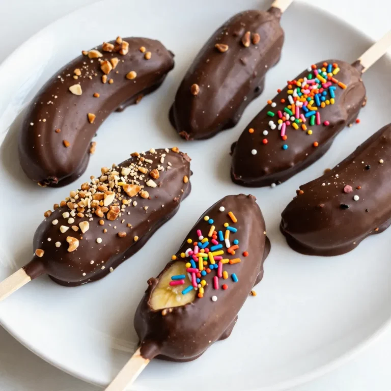 Let’s gather everything you need for these tasty Chocolate Covered Banana Pops. Here is the list of ingredients: - 2 ripe bananas - 1 cup dark chocolate chips - 1 tablespoon coconut oil - 1/4 cup crushed nuts (almonds or walnuts) - 1/4 cup rainbow sprinkles - Wooden popsicle sticks These ingredients create a simple yet delightful treat. Using ripe bananas gives the pops a sweet taste. Dark chocolate adds a rich flavor, while coconut oil helps the chocolate melt smoothly. You can choose between crushed nuts or rainbow sprinkles for toppings. Both options add crunch and fun to the pops. When you pick your bananas, look for ones that are yellow with some brown spots. This means they are sweet and ready to eat. Dark chocolate chips melt well and give a great taste. If you don’t have dark chocolate, milk chocolate works too. Now that you know what you need, let’s start creating these delicious pops! {{ingredient_image_1}} Start by peeling the bananas. This step is easy and fun. Next, cut each banana in half. You will have two pieces from each banana. Now, take a wooden popsicle stick and insert it into the cut end of each banana half. This stick acts as a handle. Make sure it goes in deep enough to hold the banana. Now, let's melt the chocolate. Grab a microwave-safe bowl. Add one cup of dark chocolate chips and one tablespoon of coconut oil. The oil helps the chocolate melt smoothly. Microwave the bowl in 20 to 30 second intervals. After each interval, take it out and stir the chocolate. Stirring is very important. It helps melt the chocolate evenly. Stop when it is fully melted and smooth. It is time to coat the banana pops. Dip each banana pop into the melted chocolate. Make sure to cover it fully. Let any extra chocolate drip off back into the bowl. Now, you can add toppings. You can roll it in crushed nuts or sprinkle rainbow sprinkles on top. Choose your favorite! After coating, place the banana pops upright on a parchment-lined baking sheet or in a cup. Finally, freeze the pops. You should freeze them for at least two hours. This will make sure the chocolate sets and the bananas become firm. If you want to store them during freezing, use an airtight container. This keeps them fresh and tasty. Enjoy your tasty chocolate-covered banana pops! When making chocolate covered banana pops, ripeness is key. You want bananas that are ripe but not too soft. They should be slightly firm to hold their shape. Overripe bananas can turn mushy when dipped in chocolate, which makes them hard to eat. Look for yellow bananas with a few brown spots. This shows they are sweet and ready. To get a smooth melt, use dark chocolate chips. Mix in a tablespoon of coconut oil. This helps the chocolate coat better and stay shiny. Melt the chocolate in a microwave-safe bowl. Microwave in 20-30 second bursts and stir in between. This keeps the chocolate from burning. If you want, you can use milk or white chocolate. Just remember, each type has a different taste. Toppings can add fun and flavor to your pops. Crushed nuts like almonds or walnuts give a nice crunch. Rainbow sprinkles are a colorful choice that kids love. You can also try shredded coconut or mini chocolate chips. If you want to get creative, think about using crushed cookies or freeze-dried fruits. Mix and match for unique flavor combos! Pro Tips Choose Ripe Bananas: For the best flavor and texture, use ripe bananas that are slightly speckled. They will be sweeter and easier to dip in chocolate. Melting Chocolate Tips: When melting chocolate, ensure that the bowl is completely dry and avoid any water contact to prevent seizing. Stir frequently to maintain a smooth consistency. Creative Coatings: Switch up your toppings! Besides nuts and sprinkles, consider using shredded coconut, crushed cookies, or even mini chocolate chips for a fun twist. Storage Suggestions: To keep your banana pops fresh, store them in an airtight container in the freezer. They can last for up to a month! {{image_2}} You can choose different types of chocolate for your pops. Milk chocolate is sweet and creamy. It melts well and gives a classic taste. Dark chocolate is rich and slightly bitter. It pairs great with the sweetness of bananas. You can also try white chocolate. It adds a sweet, vanilla flavor. Each type of chocolate brings its own flavor. Mix and match to find your favorite. Want to make your pops even better? Try adding peanut butter! Just spread a thin layer on the banana before dipping in chocolate. It adds a nutty taste and creamy texture. You can also use flavored coatings. Look for coatings like caramel or yogurt. These add fun taste twists to your banana pops. Bananas are great, but you can use other fruits too! Strawberries, apples, and pineapple chunks work well. Cut them into bite-sized pieces and insert a stick. For a seasonal twist, use peaches in summer or apples in fall. Each fruit offers unique flavors and textures. This way, you can enjoy pops year-round! To store uneaten pops, wrap each one in plastic wrap. This keeps the pops fresh. You can also use a zip-top bag. Place them in the bag, and remove as much air as you can. This helps prevent freezer burn. For containers, use an airtight container that fits your pops. Make sure there is space to avoid squishing them. Never stack them on top of each other. This way, they stay nice and pretty. Chocolate covered banana pops can last in the freezer for about two months. After that, they may lose flavor or texture. To enjoy them again, take them out of the freezer. For thawing, let the pops sit at room temperature for a few minutes. This helps the chocolate soften a bit. You can also place them in the fridge for a slower thaw. Enjoy your pops while they are still cold and tasty! You can make chocolate-covered banana pops healthier in a few ways. - Swap dark chocolate chips for sugar-free chocolate. - Use coconut oil sparingly or skip it altogether. - Roll the pops in crushed nuts for healthy fats instead of sprinkles. - Try using unsweetened cocoa powder for a chocolate coating. These changes lower sugar and add nutrients. Yes, you can use frozen bananas. However, they will alter the taste and texture. - Frozen bananas become softer when thawed. - They may also have a more intense flavor, which some people love. Just keep in mind that the pops may not hold their shape as well. Many toppings can make your banana pops fun and tasty. - Crushed nuts like almonds or walnuts add crunch and nutrition. - Rainbow sprinkles bring color and joy to the treat. - You can also use shredded coconut or mini chocolate chips. Experiment with your favorites to find the best combos. Absolutely! These pops are great for kids. - They contain bananas, which are rich in potassium. - The chocolate adds a fun taste that kids love. - Using nuts boosts protein and healthy fats, making it a balanced snack. Kids can enjoy these while getting some nutrients, too! Making chocolate-covered banana pops is simple and fun. You learned about the key ingredients, step-by-step instructions, and creative variations to try. With ripe bananas, chocolate, and toppings, these treats are sure to please anyone. Remember to choose fresh bananas and explore different chocolate types. You can customize each pop to fit your taste. Enjoy your delicious creations and share them with friends. Happy popping!