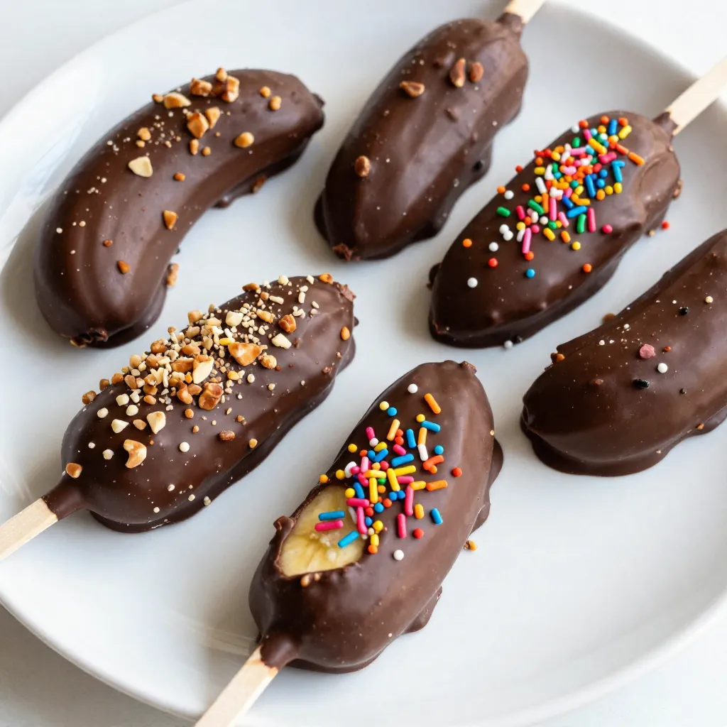 Let’s gather everything you need for these tasty Chocolate Covered Banana Pops. Here is the list of ingredients: - 2 ripe bananas - 1 cup dark chocolate chips - 1 tablespoon coconut oil - 1/4 cup crushed nuts (almonds or walnuts) - 1/4 cup rainbow sprinkles - Wooden popsicle sticks These ingredients create a simple yet delightful treat. Using ripe bananas gives the pops a sweet taste. Dark chocolate adds a rich flavor, while coconut oil helps the chocolate melt smoothly. You can choose between crushed nuts or rainbow sprinkles for toppings. Both options add crunch and fun to the pops. When you pick your bananas, look for ones that are yellow with some brown spots. This means they are sweet and ready to eat. Dark chocolate chips melt well and give a great taste. If you don’t have dark chocolate, milk chocolate works too. Now that you know what you need, let’s start creating these delicious pops! {{ingredient_image_1}} Start by peeling the bananas. This step is easy and fun. Next, cut each banana in half. You will have two pieces from each banana. Now, take a wooden popsicle stick and insert it into the cut end of each banana half. This stick acts as a handle. Make sure it goes in deep enough to hold the banana. Now, let's melt the chocolate. Grab a microwave-safe bowl. Add one cup of dark chocolate chips and one tablespoon of coconut oil. The oil helps the chocolate melt smoothly. Microwave the bowl in 20 to 30 second intervals. After each interval, take it out and stir the chocolate. Stirring is very important. It helps melt the chocolate evenly. Stop when it is fully melted and smooth. It is time to coat the banana pops. Dip each banana pop into the melted chocolate. Make sure to cover it fully. Let any extra chocolate drip off back into the bowl. Now, you can add toppings. You can roll it in crushed nuts or sprinkle rainbow sprinkles on top. Choose your favorite! After coating, place the banana pops upright on a parchment-lined baking sheet or in a cup. Finally, freeze the pops. You should freeze them for at least two hours. This will make sure the chocolate sets and the bananas become firm. If you want to store them during freezing, use an airtight container. This keeps them fresh and tasty. Enjoy your tasty chocolate-covered banana pops! When making chocolate covered banana pops, ripeness is key. You want bananas that are ripe but not too soft. They should be slightly firm to hold their shape. Overripe bananas can turn mushy when dipped in chocolate, which makes them hard to eat. Look for yellow bananas with a few brown spots. This shows they are sweet and ready. To get a smooth melt, use dark chocolate chips. Mix in a tablespoon of coconut oil. This helps the chocolate coat better and stay shiny. Melt the chocolate in a microwave-safe bowl. Microwave in 20-30 second bursts and stir in between. This keeps the chocolate from burning. If you want, you can use milk or white chocolate. Just remember, each type has a different taste. Toppings can add fun and flavor to your pops. Crushed nuts like almonds or walnuts give a nice crunch. Rainbow sprinkles are a colorful choice that kids love. You can also try shredded coconut or mini chocolate chips. If you want to get creative, think about using crushed cookies or freeze-dried fruits. Mix and match for unique flavor combos! Pro Tips Choose Ripe Bananas: For the best flavor and texture, use ripe bananas that are slightly speckled. They will be sweeter and easier to dip in chocolate. Melting Chocolate Tips: When melting chocolate, ensure that the bowl is completely dry and avoid any water contact to prevent seizing. Stir frequently to maintain a smooth consistency. Creative Coatings: Switch up your toppings! Besides nuts and sprinkles, consider using shredded coconut, crushed cookies, or even mini chocolate chips for a fun twist. Storage Suggestions: To keep your banana pops fresh, store them in an airtight container in the freezer. They can last for up to a month! {{image_2}} You can choose different types of chocolate for your pops. Milk chocolate is sweet and creamy. It melts well and gives a classic taste. Dark chocolate is rich and slightly bitter. It pairs great with the sweetness of bananas. You can also try white chocolate. It adds a sweet, vanilla flavor. Each type of chocolate brings its own flavor. Mix and match to find your favorite. Want to make your pops even better? Try adding peanut butter! Just spread a thin layer on the banana before dipping in chocolate. It adds a nutty taste and creamy texture. You can also use flavored coatings. Look for coatings like caramel or yogurt. These add fun taste twists to your banana pops. Bananas are great, but you can use other fruits too! Strawberries, apples, and pineapple chunks work well. Cut them into bite-sized pieces and insert a stick. For a seasonal twist, use peaches in summer or apples in fall. Each fruit offers unique flavors and textures. This way, you can enjoy pops year-round! To store uneaten pops, wrap each one in plastic wrap. This keeps the pops fresh. You can also use a zip-top bag. Place them in the bag, and remove as much air as you can. This helps prevent freezer burn. For containers, use an airtight container that fits your pops. Make sure there is space to avoid squishing them. Never stack them on top of each other. This way, they stay nice and pretty. Chocolate covered banana pops can last in the freezer for about two months. After that, they may lose flavor or texture. To enjoy them again, take them out of the freezer. For thawing, let the pops sit at room temperature for a few minutes. This helps the chocolate soften a bit. You can also place them in the fridge for a slower thaw. Enjoy your pops while they are still cold and tasty! You can make chocolate-covered banana pops healthier in a few ways. - Swap dark chocolate chips for sugar-free chocolate. - Use coconut oil sparingly or skip it altogether. - Roll the pops in crushed nuts for healthy fats instead of sprinkles. - Try using unsweetened cocoa powder for a chocolate coating. These changes lower sugar and add nutrients. Yes, you can use frozen bananas. However, they will alter the taste and texture. - Frozen bananas become softer when thawed. - They may also have a more intense flavor, which some people love. Just keep in mind that the pops may not hold their shape as well. Many toppings can make your banana pops fun and tasty. - Crushed nuts like almonds or walnuts add crunch and nutrition. - Rainbow sprinkles bring color and joy to the treat. - You can also use shredded coconut or mini chocolate chips. Experiment with your favorites to find the best combos. Absolutely! These pops are great for kids. - They contain bananas, which are rich in potassium. - The chocolate adds a fun taste that kids love. - Using nuts boosts protein and healthy fats, making it a balanced snack. Kids can enjoy these while getting some nutrients, too! Making chocolate-covered banana pops is simple and fun. You learned about the key ingredients, step-by-step instructions, and creative variations to try. With ripe bananas, chocolate, and toppings, these treats are sure to please anyone. Remember to choose fresh bananas and explore different chocolate types. You can customize each pop to fit your taste. Enjoy your delicious creations and share them with friends. Happy popping!