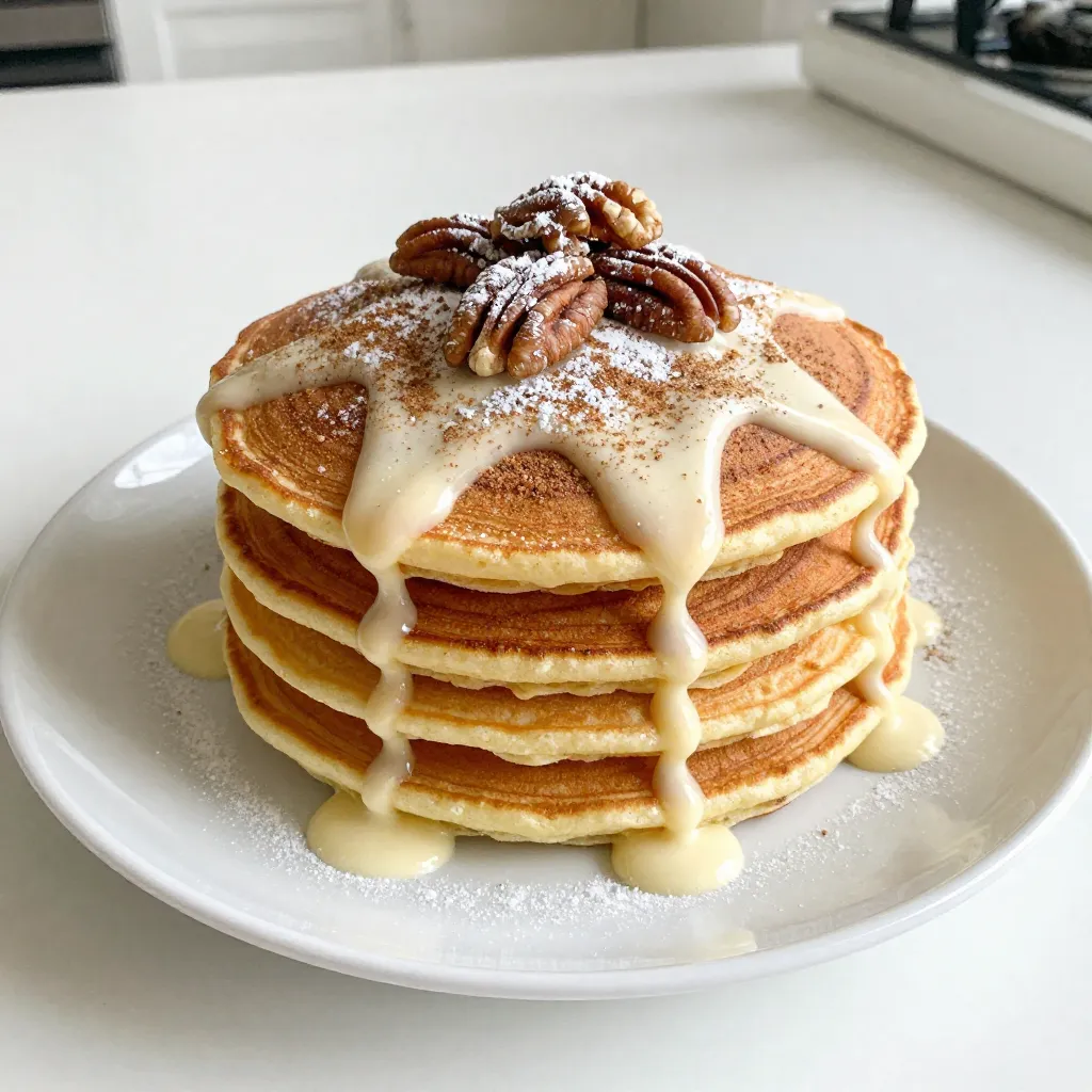- 1 cup all-purpose flour - 2 tablespoons sugar - 1 teaspoon baking powder - 1/2 teaspoon baking soda - 1/4 teaspoon salt - 1 cup buttermilk - 1 large egg - 2 tablespoons melted butter - 1 teaspoon vanilla extract - 3 tablespoons brown sugar - 1 tablespoon ground cinnamon - 1/4 cup cream cheese, softened - 1/2 cup powdered sugar - 1 tablespoon milk The recipe serves four people. That means you get about eight pancakes. Each pancake is filling and sweet. If you want to make more, just double the ingredients. For substitutions, you can use whole wheat flour instead of all-purpose flour. If you don’t have buttermilk, mix regular milk with a splash of vinegar. You can also replace cream cheese with Greek yogurt for a healthier glaze. This way, you can still enjoy tasty pancakes even with different needs! {{ingredient_image_1}} In a small bowl, mix together the brown sugar and ground cinnamon. Use a fork to ensure they combine well. Set this mixture aside for later. This filling adds a sweet swirl to your pancakes. In a large bowl, combine the all-purpose flour, sugar, baking powder, baking soda, and salt. Whisk them together well. In another bowl, whisk the buttermilk, egg, melted butter, and vanilla extract. Once smooth, pour the wet mix into the dry mix. Stir gently until just combined. A few lumps are okay. This helps keep the pancakes fluffy. Preheat your non-stick skillet over medium heat. Lightly grease the pan with butter or cooking spray. Pour about 1/4 cup of batter onto the skillet. Quickly sprinkle a thin line of the cinnamon filling across the center of the pancake. Use a skewer or knife to swirl the filling into the batter. Cook for 2-3 minutes until bubbles form on the surface. Flip the pancake and cook for another 2 minutes until golden brown. In a medium bowl, mix the softened cream cheese, powdered sugar, milk, and vanilla extract. Stir until smooth. If the glaze is too thick, add more milk to reach your desired thickness. This glaze adds a rich flavor to your pancakes. Stack the pancakes on a plate, making a tall stack. Drizzle generously with the cream cheese glaze. For added flair, sprinkle leftover cinnamon sugar on top. You can also garnish with pecans or walnuts for texture. A pat of butter on top makes it extra special. Enjoy your delicious cinnamon roll pancakes! To get fluffy pancakes, avoid overmixing the batter. Mix just until you see a few lumps. If you mix too much, your pancakes may turn out tough. Heat control is also vital. Preheat your skillet over medium heat. Too hot and the pancakes will burn. Too cool and they will not cook through. A good test is to sprinkle a little water on the pan. If it dances, the heat is right! You can change the flavors of your pancakes easily. Try adding chocolate chips for a sweet surprise. Nuts like walnuts or pecans add great texture and crunch. If you need gluten-free options, swap the all-purpose flour with a gluten-free blend. For a dairy-free version, use almond milk or coconut milk instead of buttermilk. Serving is just as fun as cooking! Stack your pancakes high for a tall, impressive look. Dust them lightly with powdered sugar for a sweet touch. Garnish with extra cinnamon or a sprinkle of chopped nuts for added appeal. A pat of butter on top makes it look even more inviting. Serve with fresh fruit or maple syrup for extra flavor! Pro Tips Perfect Pancake Size: Use a measuring cup to pour the batter onto the griddle for evenly sized pancakes, making stacking easier. Swirl Technique: Don’t be afraid to experiment with your swirl! A skewer or knife can create beautiful designs, but practice makes perfect. Keep Warm: If cooking in batches, keep the finished pancakes warm in a low oven (about 200°F) while you finish the rest. Glaze Variations: For a different flavor, try adding a hint of lemon zest or maple syrup to the cream cheese glaze. {{image_2}} You can make cinnamon roll pancakes even more fun by adding flavors. Try seasonal spices like pumpkin spice in the fall. It gives a warm twist to your pancakes. You can also swap ground cinnamon for other spices. For instance, use nutmeg or cardamom for a unique taste. Mixing in chocolate chips or nuts adds texture and flavor. Experiment with your favorites to find what you love! If you want to make these pancakes vegan, swap the egg for a flax egg. Just mix one tablespoon of flaxseed meal with three tablespoons of water and let it sit for five minutes. For a lower sugar option, reduce the sugar in the batter and glaze. You can also use a sugar substitute. These changes let everyone enjoy the pancakes without worry. You can serve your cinnamon roll pancakes in different ways. Stack them high for a tall, impressive tower. This looks great for brunch! For a more casual meal, serve individual pancakes. You can also add sides like fresh fruit or yogurt. Berries add a fresh taste while yogurt gives a creamy touch. Each serving style can change how you enjoy your meal! To keep your cinnamon roll pancakes fresh, store them right. Let the pancakes cool to room temperature first. Then, stack them with parchment paper between each pancake. This helps to prevent them from sticking. Place the stack in an airtight container. Store it in the fridge for up to three days. If you want to save them longer, freezing is a great option. Wrap each pancake in plastic wrap. Then, place them in a freezer bag. Remove as much air as you can. You can freeze the pancakes for up to three months. When it’s time to enjoy your pancakes again, you have options. For the oven, preheat it to 350°F (175°C). Place the pancakes on a baking sheet. Cover them with foil and heat for about 10 minutes. This keeps them soft. If you prefer the stovetop, heat a non-stick skillet over low heat. Add the pancakes and cover with a lid. Heat for 2-3 minutes on each side. For a quick option, use the microwave. Place a pancake on a microwave-safe plate. Cover it with a damp paper towel. Heat for 20-30 seconds. This keeps them moist, but be careful not to overheat. No matter how you reheat, the goal is to keep the texture and flavor intact. Enjoy your delicious pancakes just like they were fresh! To make cinnamon roll pancakes, mix flour, sugar, baking powder, baking soda, and salt in a bowl. In another bowl, whisk buttermilk, egg, melted butter, and vanilla until smooth. Combine both mixtures, blending gently. Don’t overmix; some lumps are fine. Heat a non-stick skillet over medium heat. Pour batter and sprinkle cinnamon sugar in the center. Swirl it in with a skewer. Cook until bubbles form, then flip and cook until golden. Yes, you can use different flours. All-purpose flour works best for texture. You can try whole wheat flour for a nutty flavor. Gluten-free flour blends also work if you have a gluten allergy. Just ensure it is a cup-for-cup blend for best results. Pancakes are done when bubbles form on the surface and the edges look set. Flip them and cook for another 2 minutes or until golden brown. If they spring back when touched, they are ready. You can make a buttermilk substitute easily. Mix one cup of milk with one tablespoon of vinegar or lemon juice. Let it sit for 5 minutes, and it’s ready to use. Alternatively, you can use plain yogurt or sour cream, thinned with milk. Cinnamon roll pancakes last in the fridge for about 3 to 4 days. Store them in an airtight container to keep them fresh. You can reheat them in a toaster or microwave. They are delicious even when warmed up! This guide covered all you need for perfect cinnamon roll pancakes. We explored ingredients, step-by-step cooking, and tips for amazing results. You learned to customize the recipe with flavors and adapt it to suit your needs. Remember, careful mixing and heat control are key for fluffy pancakes. Enjoy serving and sharing your delicious creation. With these tips, you can impress anyone at breakfast!