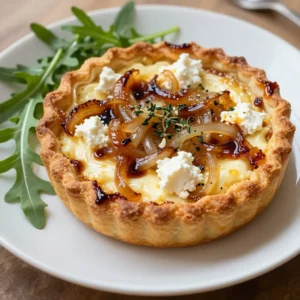 - 1 sheet of puff pastry, thawed - 2 large onions, thinly sliced - 2 tablespoons olive oil - 1 tablespoon balsamic vinegar - 1 teaspoon fresh thyme leaves - 1 cup goat cheese, crumbled - 1/2 cup heavy cream - 2 large eggs - Salt and pepper to taste - Fresh arugula for garnish (optional) You can swap the goat cheese for feta cheese if you prefer a tangy flavor. If you want a lighter option, use ricotta instead of heavy cream. For a different taste, try using red onions, which add sweetness. You can also use any fresh herbs you have, like basil or oregano, in place of thyme. Adding fresh arugula gives a lovely color and a peppery taste. Consider drizzling some balsamic glaze on top for extra flavor. You can also sprinkle some crushed nuts, like walnuts or pine nuts, for a nice crunch. {{ingredient_image_1}} First, gather your ingredients. Here&rsquo;s what you need: - 1 sheet of puff pastry, thawed - 2 large onions, thinly sliced - 2 tablespoons olive oil - 1 tablespoon balsamic vinegar - 1 teaspoon fresh thyme leaves - 1 cup goat cheese, crumbled - 1/2 cup heavy cream - 2 large eggs - Salt and pepper to taste - Fresh arugula for garnish (optional) Start by preheating your oven to 400&deg;F (200&deg;C). This heat will help the tart cook evenly. Next, let&rsquo;s make the caramelized onions. Heat olive oil in a large skillet over medium heat. Add the sliced onions and a pinch of salt. Stir often for about 15-20 minutes. You want the onions to turn golden brown and soft. After they caramelize, add balsamic vinegar and thyme. Stir well and cook for another 2-3 minutes. This adds a rich flavor to the onions. Once done, set them aside to cool. Now it&rsquo;s time to put everything together. Roll out the puff pastry on a floured surface. Shape it into a rectangle that fits your tart pan. Place the pastry in the pan and trim the edges. Prick the bottom with a fork to prevent it from rising too much. In a bowl, whisk the heavy cream, eggs, salt, and pepper until smooth. Stir in the crumbled goat cheese. Spread the caramelized onions on the pastry first. Then, pour the egg and cream mixture over the onions. Make sure it is evenly spread. Bake the tart in the oven for 25-30 minutes. Keep an eye out for a golden brown top. Let it cool for a few minutes before slicing. Enjoy it warm or at room temperature! To caramelize onions well, use a large skillet. Heat olive oil over medium heat. Slice the onions thinly. Add them to the skillet with a pinch of salt. Stir them often for about 15-20 minutes. Watch for a golden brown color. The key is patience. If you rush, your onions may burn. The balsamic vinegar adds a sweet touch. Pour it in at the end for a richer flavor. For a crisp tart, use thawed puff pastry. Roll it out gently on a floured surface. Fit it into your tart pan, trimming the edges. Pricking the bottom helps keep it flat. This step stops it from puffing too much. The creamy goat cheese mixture makes the filling rich. Mix cream, eggs, and cheese until smooth. Pour it over the caramelized onions evenly. This gives the tart the perfect texture. This tart shines on its own, but garnishes enhance it. Fresh arugula adds a nice crunch. A drizzle of balsamic glaze boosts the flavor. You can serve it warm or at room temperature. Pair it with a light salad for a full meal. A crisp white wine goes well, too. Enjoy this tart with friends or family for a cozy gathering. Pro Tips Choose the Right Onions: Sweet onions, like Vidalia or Walla Walla, will enhance the flavor of your tart when caramelized. Perfect Puff Pastry: Ensure your puff pastry is well-thawed but still cold for the best rise and flakiness when baked. Customize Cheese: Experiment with different cheeses like feta or ricotta for a unique twist on the tart's flavor profile. Serving Suggestions: Pair this tart with a light salad or a glass of white wine for a delightful appetizer or brunch dish. {{image_2}} You can switch up the cheese for fun. Feta adds a nice salty kick. Try creamy ricotta for a lighter touch. Mixing cheeses can bring new flavors to your tart. A blend of goat cheese and mozzarella gives a nice melt. Experiment with these options to find your favorite. Seasonal veggies can enhance your tart. Think about adding spinach or kale for a fresh taste. Roasted bell peppers can add a sweet note. If you love mushrooms, they work well with onions and goat cheese. Use what&rsquo;s fresh in your area for the best flavor. You can make this tart gluten-free easily. Use a gluten-free puff pastry or a crust made from almond flour. Both options provide a delicious base. Just make sure to follow the package instructions for baking. This way, everyone can enjoy the tart without worry. After you enjoy your tart, let it cool. Place leftovers in an airtight container. You can store it in the fridge for up to four days. This keeps the flavors fresh and ready for your next meal. If you want to reheat them, you can do this easily later. To reheat your tart, preheat your oven to 350&deg;F (175&deg;C). Place the slices on a baking sheet. Cover them with foil to keep moisture in. Heat for about 10-15 minutes. This method makes the crust nice and crisp. Avoid using the microwave, as it makes the crust chewy. You can freeze the tart if you have more than you can eat. Wrap the whole tart in plastic wrap tightly. Then, place it in a freezer bag. It can last up to three months in the freezer. When you&rsquo;re ready to eat, thaw it overnight in the fridge before reheating. Enjoy this delicious treat anytime you want! Yes, you can make this tart ahead of time. Prepare the tart, but do not bake it. Cover it tightly with plastic wrap and store it in the fridge for up to 24 hours. When you are ready to bake, just pop it in the oven. This helps save time when you have guests. This tart pairs well with fresh salads. A simple arugula salad with lemon dressing works great. You can also serve it with a side of roasted vegetables. For something heartier, consider a tomato soup. These options balance the rich flavors of the tart. The tart is done when the top is golden brown and slightly puffed. It should look firm, not runny. You can also insert a knife into the center; it should come out clean. Keep an eye on it during the last few minutes to avoid overbaking. This blog post guided you through making a delicious caramelized onion and goat cheese tart. We covered key ingredients, helpful cooking steps, and tasty variations. You learned tips for perfect caramelization and the best ways to enjoy this dish. Remember, you can customize it based on your needs. Store leftovers properly, and feel free to ask any questions. Now, you are ready to impress your friends and family with your cooking skills! Enjoy every bite of your tart creation!