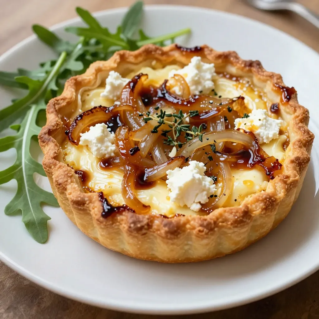 - 1 sheet of puff pastry, thawed - 2 large onions, thinly sliced - 2 tablespoons olive oil - 1 tablespoon balsamic vinegar - 1 teaspoon fresh thyme leaves - 1 cup goat cheese, crumbled - 1/2 cup heavy cream - 2 large eggs - Salt and pepper to taste - Fresh arugula for garnish (optional) You can swap the goat cheese for feta cheese if you prefer a tangy flavor. If you want a lighter option, use ricotta instead of heavy cream. For a different taste, try using red onions, which add sweetness. You can also use any fresh herbs you have, like basil or oregano, in place of thyme. Adding fresh arugula gives a lovely color and a peppery taste. Consider drizzling some balsamic glaze on top for extra flavor. You can also sprinkle some crushed nuts, like walnuts or pine nuts, for a nice crunch. {{ingredient_image_1}} First, gather your ingredients. Here’s what you need: - 1 sheet of puff pastry, thawed - 2 large onions, thinly sliced - 2 tablespoons olive oil - 1 tablespoon balsamic vinegar - 1 teaspoon fresh thyme leaves - 1 cup goat cheese, crumbled - 1/2 cup heavy cream - 2 large eggs - Salt and pepper to taste - Fresh arugula for garnish (optional) Start by preheating your oven to 400°F (200°C). This heat will help the tart cook evenly. Next, let’s make the caramelized onions. Heat olive oil in a large skillet over medium heat. Add the sliced onions and a pinch of salt. Stir often for about 15-20 minutes. You want the onions to turn golden brown and soft. After they caramelize, add balsamic vinegar and thyme. Stir well and cook for another 2-3 minutes. This adds a rich flavor to the onions. Once done, set them aside to cool. Now it’s time to put everything together. Roll out the puff pastry on a floured surface. Shape it into a rectangle that fits your tart pan. Place the pastry in the pan and trim the edges. Prick the bottom with a fork to prevent it from rising too much. In a bowl, whisk the heavy cream, eggs, salt, and pepper until smooth. Stir in the crumbled goat cheese. Spread the caramelized onions on the pastry first. Then, pour the egg and cream mixture over the onions. Make sure it is evenly spread. Bake the tart in the oven for 25-30 minutes. Keep an eye out for a golden brown top. Let it cool for a few minutes before slicing. Enjoy it warm or at room temperature! To caramelize onions well, use a large skillet. Heat olive oil over medium heat. Slice the onions thinly. Add them to the skillet with a pinch of salt. Stir them often for about 15-20 minutes. Watch for a golden brown color. The key is patience. If you rush, your onions may burn. The balsamic vinegar adds a sweet touch. Pour it in at the end for a richer flavor. For a crisp tart, use thawed puff pastry. Roll it out gently on a floured surface. Fit it into your tart pan, trimming the edges. Pricking the bottom helps keep it flat. This step stops it from puffing too much. The creamy goat cheese mixture makes the filling rich. Mix cream, eggs, and cheese until smooth. Pour it over the caramelized onions evenly. This gives the tart the perfect texture. This tart shines on its own, but garnishes enhance it. Fresh arugula adds a nice crunch. A drizzle of balsamic glaze boosts the flavor. You can serve it warm or at room temperature. Pair it with a light salad for a full meal. A crisp white wine goes well, too. Enjoy this tart with friends or family for a cozy gathering. Pro Tips Choose the Right Onions: Sweet onions, like Vidalia or Walla Walla, will enhance the flavor of your tart when caramelized. Perfect Puff Pastry: Ensure your puff pastry is well-thawed but still cold for the best rise and flakiness when baked. Customize Cheese: Experiment with different cheeses like feta or ricotta for a unique twist on the tart's flavor profile. Serving Suggestions: Pair this tart with a light salad or a glass of white wine for a delightful appetizer or brunch dish. {{image_2}} You can switch up the cheese for fun. Feta adds a nice salty kick. Try creamy ricotta for a lighter touch. Mixing cheeses can bring new flavors to your tart. A blend of goat cheese and mozzarella gives a nice melt. Experiment with these options to find your favorite. Seasonal veggies can enhance your tart. Think about adding spinach or kale for a fresh taste. Roasted bell peppers can add a sweet note. If you love mushrooms, they work well with onions and goat cheese. Use what’s fresh in your area for the best flavor. You can make this tart gluten-free easily. Use a gluten-free puff pastry or a crust made from almond flour. Both options provide a delicious base. Just make sure to follow the package instructions for baking. This way, everyone can enjoy the tart without worry. After you enjoy your tart, let it cool. Place leftovers in an airtight container. You can store it in the fridge for up to four days. This keeps the flavors fresh and ready for your next meal. If you want to reheat them, you can do this easily later. To reheat your tart, preheat your oven to 350°F (175°C). Place the slices on a baking sheet. Cover them with foil to keep moisture in. Heat for about 10-15 minutes. This method makes the crust nice and crisp. Avoid using the microwave, as it makes the crust chewy. You can freeze the tart if you have more than you can eat. Wrap the whole tart in plastic wrap tightly. Then, place it in a freezer bag. It can last up to three months in the freezer. When you’re ready to eat, thaw it overnight in the fridge before reheating. Enjoy this delicious treat anytime you want! Yes, you can make this tart ahead of time. Prepare the tart, but do not bake it. Cover it tightly with plastic wrap and store it in the fridge for up to 24 hours. When you are ready to bake, just pop it in the oven. This helps save time when you have guests. This tart pairs well with fresh salads. A simple arugula salad with lemon dressing works great. You can also serve it with a side of roasted vegetables. For something heartier, consider a tomato soup. These options balance the rich flavors of the tart. The tart is done when the top is golden brown and slightly puffed. It should look firm, not runny. You can also insert a knife into the center; it should come out clean. Keep an eye on it during the last few minutes to avoid overbaking. This blog post guided you through making a delicious caramelized onion and goat cheese tart. We covered key ingredients, helpful cooking steps, and tasty variations. You learned tips for perfect caramelization and the best ways to enjoy this dish. Remember, you can customize it based on your needs. Store leftovers properly, and feel free to ask any questions. Now, you are ready to impress your friends and family with your cooking skills! Enjoy every bite of your tart creation!
