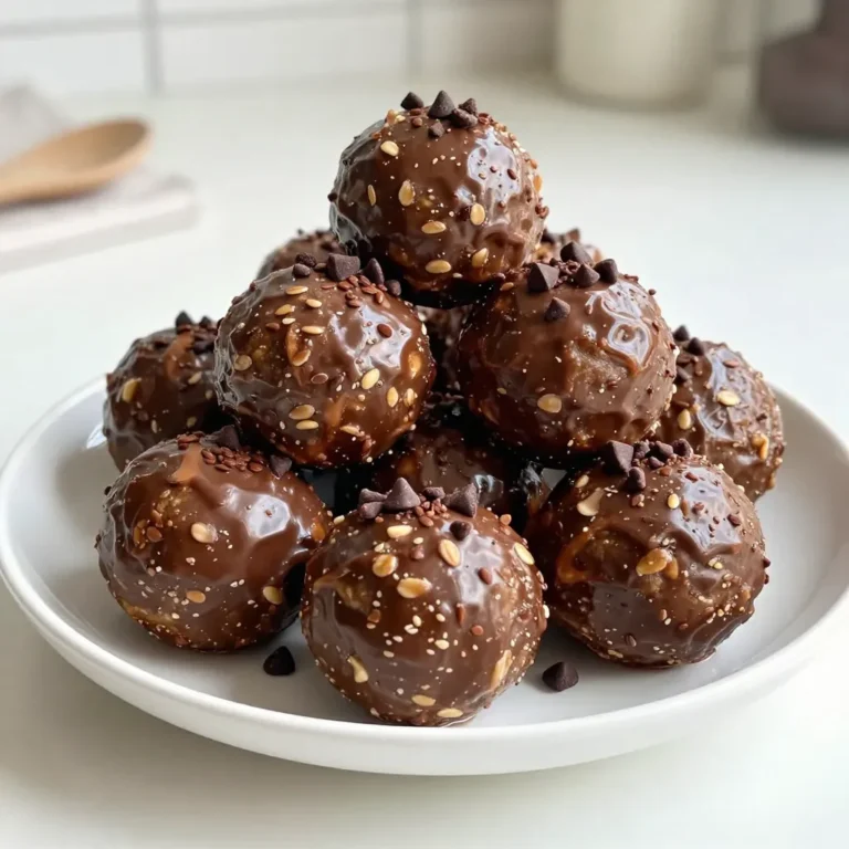 To make these tasty peanut butter chocolate energy balls, you will need: - 1 cup rolled oats - 1/2 cup natural peanut butter - 1/4 cup honey or maple syrup - 1/4 cup unsweetened cocoa powder - 1/4 cup chocolate chips (dark or semi-sweet) - 1/4 cup ground flaxseed - 1 teaspoon vanilla extract - A pinch of salt These energy balls are not just delicious; they are also packed with nutrients. Each ball contains a good mix of protein, fiber, and healthy fats. The oats and flaxseed offer fiber that helps with digestion. Peanut butter gives you protein and healthy fats that keep you full. The cocoa powder adds antioxidants, which are great for your health. If you want to switch things up, you can try different ingredients. Here are some suggestions: - Nut butter: Swap peanut butter for almond or cashew butter. - Sweetener: Use agave syrup instead of honey or maple syrup. - Cocoa powder: If you prefer a less rich taste, use carob powder instead. - Add-ins: Consider adding nuts, seeds, or dried fruit for extra flavor and texture. These options keep the recipe flexible while catering to your taste! {{ingredient_image_1}} To start, grab a large mixing bowl. Add 1 cup of rolled oats. Then, scoop in 1/2 cup of natural peanut butter. Next, pour in 1/4 cup of honey or maple syrup. Don't forget the 1 teaspoon of vanilla extract. Stir everything together. Mix until you see a smooth and even blend. Now, it's time for the cocoa powder. Add 1/4 cup of unsweetened cocoa powder and 1/4 cup of ground flaxseed. Sprinkle in a pinch of salt. Mix again until the cocoa and flax are fully combined. Finally, fold in 1/4 cup of chocolate chips. This makes it extra tasty! Once your mixture is ready, wash your hands. Grab small portions of the mix. Aim for about 1 inch in diameter. Roll these portions into balls. Make sure they are round and compact. Place each ball on a parchment-lined baking sheet. Keep rolling until you use all the mixture. This step is fun and helps you feel involved in the process! After rolling, it's time to chill. Place the baking sheet in the fridge. Let the energy balls firm up for at least 30 minutes. This helps them hold their shape. Once they are set, transfer them to an airtight container. Store them in the fridge to keep them fresh. These energy balls last for up to 1 week. Enjoy them as a quick snack or a tasty treat anytime! To get the best texture, use natural peanut butter. It blends well and keeps your balls soft. If your mixture feels too dry, add a bit more honey or maple syrup. You want a sticky consistency that holds together. If it’s too wet, add a little more oats or ground flaxseed. You can boost flavor by adding spices like cinnamon or nutmeg. A dash of sea salt can also make the chocolate taste richer. For a fun twist, try adding a splash of almond extract. You might even mix in some dried fruits like cranberries or raisins. These will add a nice chewiness. One big mistake is not chilling the balls long enough. Chilling helps them firm up and makes rolling easier. Another mistake is using sweetened peanut butter. It can make the balls too sweet. Lastly, avoid overmixing when you add the chocolate chips. This keeps them from breaking. Pro Tips Chill for Better Texture: Refrigerating the energy balls for at least 30 minutes helps them firm up, ensuring a perfect bite every time. Customize Your Sweetness: Adjust the amount of honey or maple syrup to your taste preference for a sweeter or less sweet treat. Experiment with Mix-Ins: Feel free to add nuts, seeds, or dried fruit to the mixture for added texture and flavor diversity. Store Properly: Keep the energy balls in an airtight container in the refrigerator to maintain freshness and flavor for up to one week. {{image_2}} You can play with flavors in your energy balls. Try adding a teaspoon of cinnamon for warmth. Or swap cocoa powder for matcha powder for a green twist. If you love fruit, mix in dried cranberries or chopped dates. These add sweetness and chewiness. For a tropical vibe, use coconut flakes instead. You can even switch peanut butter for almond or cashew butter for a new taste. These energy balls can fit many diets. To make them vegan, use maple syrup instead of honey. Use a vegan chocolate option for the chips. For gluten-free eaters, ensure your oats are certified gluten-free. This way, everyone can enjoy these tasty treats without worry. Get creative with add-ins for extra crunch and nutrition. Chopped nuts like almonds or walnuts add a nice bite. Seeds like chia or pumpkin seeds boost the nutrients too. You can even add protein powder if you want a protein boost. Experiment and find your favorite mix-ins. Each batch can be a new adventure! To keep your peanut butter chocolate energy balls fresh, use an airtight container. This will help prevent moisture and air from ruining them. Place a piece of parchment paper between layers if you stack them. This stops them from sticking together. These energy balls can last up to one week in the fridge. After that, they may lose their taste and texture. Always check for any off smells or changes in color before eating. If they look or smell funny, it’s best to toss them. You can freeze these energy balls for longer storage. To do this, place them in a single layer on a baking sheet. Freeze for about an hour until firm. After that, transfer them to a freezer-safe bag or container. They can last for up to three months in the freezer. When ready to eat, let them thaw in the fridge or at room temperature. Yes, you can swap honey with maple syrup or agave nectar. Each sweetener adds a unique taste. Maple syrup gives a nice caramel flavor. Agave nectar is milder and less sticky. Just keep the same amount as the recipe states. These energy balls last about one week in the fridge. Store them in an airtight container. If you want them to last longer, freeze them. They can stay good for about three months in the freezer. Just thaw them before eating. Absolutely! If you want to skip chocolate, try adding more oats or nuts. You can use dried fruit for sweetness. Raisins or cranberries work great. Just keep the same base ingredients for the best texture and flavor. Making energy balls is easy with the right steps and ingredients. We discussed essential ingredients, their nutrition, and some tasty swaps. I shared clear steps for mixing, rolling, and storing your treats. You learned tips for perfect texture and flavor while avoiding common mistakes. Experiment with variations that fit your diet and taste, like vegan or gluten-free options. Proper storage keeps your energy balls fresh longer. These snacks are fun to make, healthy to eat, and offer endless possibilities. Dive in and enjoy creating your perfect energy ball today!