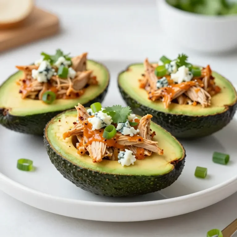 Here’s what you need for Buffalo Chicken Stuffed Avocados: - 2 ripe avocados - 1 cup cooked shredded chicken - 1/4 cup buffalo sauce - 1/2 cup Greek yogurt - 1/4 cup chopped celery - 1/4 cup crumbled blue cheese (optional) - 2 tablespoons chopped green onions - Salt and pepper - Fresh cilantro for garnish These ingredients create a tasty, filling meal. The avocados provide a creamy base, while the buffalo chicken adds a spicy kick. Greek yogurt keeps it light and adds a nice tang. You can easily adjust the spice level by changing the amount of buffalo sauce. If you love blue cheese, sprinkle some on top for that classic flavor. Fresh cilantro adds a pop of color and freshness. Gather these ingredients, and you’ll be ready to make a delicious dish! {{ingredient_image_1}} To start, grab a medium bowl. Add your shredded chicken and pour in the buffalo sauce. Mix them together until the chicken is well coated. This gives your chicken a nice, spicy flavor. Next, add the Greek yogurt, chopped celery, and green onions. Stir the mixture until everything blends well. The yogurt makes it creamy and balances the heat from the buffalo sauce. Season with salt and pepper to taste. Now, take your ripe avocados. Carefully cut them in half and remove the pits. Use a spoon to scoop out a bit of the flesh from the center of each half. This creates extra space for your filling. Don’t waste the avocado flesh; you can save it for another dish or mash it up as a snack. It’s time to put it all together! Spoon the buffalo chicken mixture into each avocado half. Press down gently to pack it in well. If you like blue cheese, sprinkle some on top for extra flavor. Finish by garnishing with fresh cilantro. This adds a bright touch to your dish. Serve these stuffed avocados right away for the best taste! To pick the best avocados, look for ones that feel slightly soft. Press gently with your thumb. If it gives a little, it’s ripe. Avoid any with dark spots or cracks. These can mean bad spots inside. Signs of ripeness include a dark green color and smooth skin. Ripe avocados should feel heavy for their size. If they’re too hard, they need time to ripen. You can leave them on the counter for a few days. To get a creamy texture, use Greek yogurt. It adds richness and helps balance the flavors. Mix the shredded chicken with buffalo sauce first. Make sure every piece of chicken is coated. When you add Greek yogurt, celery, and green onions, stir well. This keeps the mix creamy and delicious. Adjust the buffalo sauce to your taste. More sauce means more heat! For the best meal, serve these stuffed avocados with fresh veggies. A side salad adds color and crunch. You can also pair them with tortilla chips for a fun crunch. If you want a complete meal, add rice or quinoa. This makes your meal filling and hearty. Don’t forget to garnish with cilantro for a fresh touch! Pro Tips Use Fresh Ingredients: For the best flavor, ensure your avocados are ripe and your chicken is freshly cooked or shredded. Adjust the Heat: Feel free to modify the amount of buffalo sauce based on your spice tolerance. Start with less and add more to taste. Mix It Up: Experiment with different types of cheese like feta or cheddar to customize the flavor profile of your stuffed avocados. Chill Before Serving: For a refreshing twist, chill the stuffed avocados in the fridge for about 10 minutes before serving. {{image_2}} For those on a gluten-free diet, this dish is perfect as is. The avocados and chicken do not contain gluten. To make it dairy-free, swap Greek yogurt for a dairy-free yogurt. This keeps the dish creamy without dairy. If you want a vegetarian option, you can use plant-based chicken. Many brands offer great taste and texture. This way, everyone can enjoy Buffalo Chicken Stuffed Avocados. You can change the flavor by using different sauces. Try ranch dressing instead of buffalo sauce for a milder taste. For a spicy twist, add sriracha or chipotle sauce. You can also add extra spices, like paprika or cayenne pepper. This gives your dish a nice kick. Feel free to mix and match flavors until you find your favorite! Toppings can really make your dish shine. Instead of blue cheese, try feta or shredded cheddar for a new taste. Fresh herbs like parsley or dill can brighten up the flavors. You can also add chopped tomatoes or sliced radishes for crunch. These toppings add color and make your meal more exciting. To store leftovers, place them in an airtight container. Cover the filled avocados with plastic wrap if you do not have a container. This keeps them fresh. You can store leftovers in the fridge for up to two days. When reheating, use the microwave on low power. Heat gently to avoid overcooking the chicken. You can freeze stuffed avocados, but it’s not the best choice. Freezing can change the texture of the avocado. If you choose to freeze them, scoop out the filling first. Store the filling in a freezer-safe bag. Thaw in the fridge overnight before serving. You can then refill the avocados after thawing. Buffalo Chicken Stuffed Avocados last in the fridge for about two days. Look for browning on the avocado as a sign of spoilage. If the filling smells off or has changed color, it’s best to throw it away. Always check for freshness before eating leftovers. You can make Buffalo Chicken Stuffed Avocados as spicy as you like. The main heat comes from the buffalo sauce. If you want less spice, just use less buffalo sauce. You can also use a milder sauce or mix in some ranch dressing for a creamy touch. Adjusting the spice lets you enjoy this meal just right for your taste buds. Yes, rotisserie chicken works great in this dish! It saves time and adds flavor. You can shred the chicken straight from the rotisserie. Just mix it with the buffalo sauce as you would with any cooked chicken. This option is super handy if you’re in a rush or want extra taste without extra work. Buffalo Chicken Stuffed Avocados pair well with many sides. Here are some great options: - Crunchy carrot sticks - Celery sticks with ranch dip - A fresh green salad - Tortilla chips with salsa These sides balance the rich flavors of the stuffed avocados and add a fun crunch. To make this dish healthier, try these tips: - Use less buffalo sauce or choose a lighter version. - Swap Greek yogurt for low-fat Greek yogurt or cottage cheese. - Skip the blue cheese if you want to cut calories. - Add more veggies, like diced bell peppers or cucumbers, to the filling. These changes keep the dish tasty while making it more nutritious. Buffalo Chicken Stuffed Avocados make a tasty meal. You’ve learned the recipe, ingredient tips, and variations. Picking ripe avocados is key to great flavor. Mixing well gives the dish a creamy texture. Add your favorite toppings to make it special. Store leftovers properly to enjoy later. This meal is easy and fun. Try it and impress your family or friends!