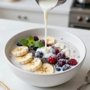 - 1 cup mixed frozen berries (strawberries, blueberries, raspberries) - 1 banana, sliced - 1 cup almond milk (or milk of choice) - 1 scoop vanilla protein powder - 1 tablespoon chia seeds - 1 teaspoon honey or maple syrup (optional) - Fresh mint leaves for garnish (optional) This Berry Vanilla Protein Smoothie is loaded with vibrant flavors and nutrients. Each ingredient plays a vital role in making this drink both tasty and healthy. What are the mixed frozen berries? Frozen berries, like strawberries, blueberries, and raspberries, bring sweetness and tartness. They add color and antioxidants. Antioxidants help fight free radicals in your body. Why use banana? Bananas add natural creaminess and sweetness. They also provide potassium, which helps keep your heart healthy. What milk should I use? Almond milk is light and nutty. You can use any milk you like. Cow's milk or oat milk works well too. What is vanilla protein powder? Vanilla protein powder boosts your smoothie with protein. It helps build muscles and keeps you full longer. Why add chia seeds? Chia seeds are tiny but mighty. They add fiber and omega-3 fatty acids. These help your digestion and heart health. Is the sweetener necessary? Honey or maple syrup is optional. Add it if you like your smoothie sweeter. What about mint leaves? Mint leaves are a fun touch. They add freshness and make your drink pretty. These ingredients come together to create a smooth, energizing drink. Each sip is packed with flavor and nutrients. Enjoy blending them into your next smoothie! {{ingredient_image_1}} To make the Berry Vanilla Protein Smoothie, follow these simple steps. - Combine mixed frozen berries and banana in a blender. This mix brings a burst of flavor and color. - Add almond milk for blending. This helps the ingredients mix well and makes it creamy. - Incorporate vanilla protein powder and chia seeds. These add protein and nutrition to your drink. - Sweeten with honey or maple syrup if desired. This step is optional, but it adds a nice touch. - Blend until smooth. If the mixture is too thick, add more almond milk. Adjust it to your liking. - Pour the smoothie into a serving glass or bowl. It looks great and is ready to enjoy. - Garnish with fresh mint leaves. This adds a pop of color and freshness to your smoothie. Enjoy the process and have fun blending! To make a great smoothie, order matters. Start with the frozen berries and sliced banana. Next, pour in the almond milk. This helps the blender mix everything well. Then, add the protein powder and chia seeds. Blend on high until smooth. To change how thick your smoothie is, adjust the almond milk. If it&rsquo;s too thick, simply add more milk. If you prefer it thicker, use less milk. For blending, I suggest using a high-quality blender. A good blender makes everything creamy and smooth. Some great options are Vitamix or NutriBullet. These blenders blend frozen fruits easily. Berries are packed with nutrients. They provide vitamins, fiber, and antioxidants. Eating berries can support heart health and improve digestion. They also taste great and add natural sweetness. Protein powder adds extra protein to your diet. Protein helps build muscles and keep you full. It can help with recovery after workouts too. Chia seeds are tiny but mighty. They are rich in omega-3 fatty acids. They help keep your heart healthy. Plus, chia seeds add fiber, which is good for digestion. When blended, they become soft, making your smoothie even creamier. Pro Tips Use Fresh Ingredients: For the best flavor and nutrition, opt for fresh or high-quality frozen berries. This can significantly enhance the taste of your smoothie. Customize Your Sweetness: Adjust the sweetness by starting with less honey or maple syrup, then adding more to taste. This allows you to control the sugar content while still enjoying a delicious smoothie. Experiment with Protein: Feel free to swap the vanilla protein powder for chocolate or berry-flavored powders to give your smoothie a different twist. Boost Nutritional Value: Consider adding a handful of spinach or kale for extra vitamins and minerals without altering the flavor much. {{image_2}} You can switch up the fruit in your smoothie to match your taste. Here are some great choices: - Mango: Adds a tropical twist. - Pineapple: Gives a sweet and tangy flavor. - Spinach: A great way to sneak in greens without changing taste. Protein powder comes in many forms. You can try: - Whey: A classic choice for muscle building. - Plant-based: Great for vegans or those avoiding dairy. If you want to keep it dairy-free, use almond milk. Other options include: - Coconut milk: Creamy and rich. - Oat milk: A smooth and nutty flavor. Adding extra flavors can make your smoothie even better. Here are some tasty options: - Cocoa powder: For a chocolatey kick. - Cinnamon: Adds warmth and spice. You can also boost nutrition with healthy add-ins like: - Flaxseeds: Packed with fiber and omega-3s. - Chia seeds: Great for extra protein and fiber. These variations help you create a smoothie that fits your needs and tastes! To keep your smoothie fresh, use a glass jar with a lid. This type of container helps avoid spills and keeps the taste. If you use plastic, choose BPA-free containers. Leftover smoothies last about one day in the fridge. For best flavor, drink them soon. If you want to save it longer, freeze your smoothie. Pour it into ice cube trays or freezer-safe bags. This makes it easy to blend later. What do you do with leftover berries and bananas? You can add them to oatmeal or yogurt for breakfast. Mixing them into pancake batter also works great. Want an easy prep idea? Make smoothie packs! Just combine your frozen fruits and protein powder in bags. When you want a smoothie, just add almond milk and blend. This saves time and keeps you healthy. How many calories are in a Berry Vanilla Protein Smoothie? A Berry Vanilla Protein Smoothie has about 250 calories per serving. This calorie count may vary based on the type of milk and sweeteners you use. Can I use fresh berries instead of frozen? Yes, you can use fresh berries. However, frozen berries make the smoothie cold and thick. If you use fresh berries, add some ice to achieve a similar texture. How can I make this smoothie vegan? To make this smoothie vegan, use plant-based protein powder. Also, swap honey for maple syrup or agave nectar. Almond milk is already vegan, so you're all set there! What are some tips for meal prepping smoothies? When meal prepping, pack your ingredients in freezer bags. You can freeze fruits, protein powder, and chia seeds together. Just add your milk when you blend! Can I make this smoothie ahead of time? Yes, you can prepare this smoothie in advance. Store it in a sealed container in the fridge for up to 24 hours. Stir well before drinking, as some ingredients may settle. This blog post covered how to make a delicious Berry Vanilla Protein Smoothie. You learned about the key ingredients, step-by-step blending tips, and health benefits of each component. Customization options allowed you to create your own unique smoothies. I shared how to store leftovers and answered common questions. Now, you have the tools to prepare a tasty, nutritious drink. Enjoy exploring variations and adding your favorite flavors!