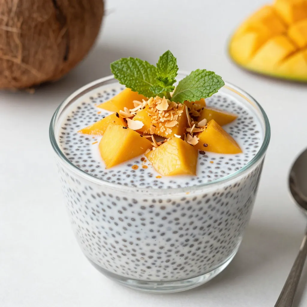 Chia seeds are the star of this recipe. You need 1/2 cup of chia seeds. They are small, black seeds packed with nutrients. When mixed with liquid, they expand and create a gel-like texture. This makes them perfect for pudding. You can find chia seeds in most stores. They are great for your health, rich in fiber and omega-3 fatty acids. For this recipe, you need 2 cups of coconut milk. You can use canned or carton coconut milk. Canned coconut milk is rich and creamy. It gives a thick texture to your pudding. Carton coconut milk is lighter and often has added water. Either option works well, so choose what you like best. Both bring a sweet coconut flavor that pairs nicely with mango. To sweeten your pudding, use 1-2 tablespoons of honey or maple syrup. Honey gives a rich sweetness, while maple syrup adds a unique flavor. You can adjust the amount based on your taste. If you prefer, you can skip the sweetener. The natural sweetness from the mango may be enough. A pinch of salt enhances the flavors, so don’t forget it! {{ingredient_image_1}} Start by taking a large mixing bowl. Add 1/2 cup of chia seeds to the bowl. Next, pour in 2 cups of coconut milk. You can use canned or carton coconut milk. Then, add 1-2 tablespoons of honey or maple syrup. This will sweeten the pudding to your taste. Don’t forget to add 1/4 teaspoon of vanilla extract and a pinch of salt. Whisk the mixture for 1-2 minutes. This helps spread the chia seeds evenly. Make sure there are no clumps. After mixing, cover the bowl with plastic wrap or a lid. Place it in the fridge for at least 4 hours. For best results, let it sit overnight. This waiting time allows the chia seeds to soak up the coconut milk. They will expand and create a thick, pudding-like texture. Once the chia pudding is ready, stir it well. This breaks up any clumps that may have formed. To serve, use glasses or bowls. Start with a layer of chia pudding, then add diced mango. Repeat these layers until the glass is full. For the final touch, sprinkle toasted coconut flakes on top. Add some fresh mint leaves for a pop of color. Enjoy this treat chilled as a dessert or a healthy breakfast! To make the best coconut mango chia pudding, focus on the texture. First, whisk the chia seeds well with coconut milk. This step helps the seeds spread out and not clump. After mixing, let the pudding chill for at least four hours. Ideally, let it sit overnight. This time allows the seeds to soak up the liquid and swell. When you’re ready to serve, stir it again. This makes it creamy and smooth. You can customize the sweetness to fit your taste. Start with one tablespoon of honey or maple syrup. Taste the mix before it chills. If you want it sweeter, add more syrup. Remember, ripe mangoes are naturally sweet, too. They will add extra sweetness to your dish. Adjusting sweetness makes your pudding personal and enjoyable. Garnishing takes your pudding to the next level. Try topping it with toasted coconut flakes for a crunchy bite. Fresh mint leaves add a pop of color and flavor. You can also add more diced mango on top. If you want something special, drizzle more honey or syrup. These garnishes make the dish look beautiful and taste even better. Pro Tips Choose the Right Coconut Milk: For a creamier texture, opt for full-fat canned coconut milk. If you prefer a lighter version, choose carton coconut milk. Let It Chill Longer: For the best texture, allow the chia pudding to set overnight. This helps the seeds absorb more liquid and results in a creamier pudding. Experiment with Sweeteners: Adjust the sweetness to your liking by trying different sweeteners like agave syrup or stevia, or even adding a splash of fruit juice for flavor. Layer with Other Fruits: Don’t hesitate to mix in or substitute other tropical fruits like pineapple or papaya for added flavor and color. {{image_2}} You can switch up the mango for many tasty fruits. Try ripe bananas for a creamy texture. Pineapples bring a bright, tangy flavor. You can also use berries, like strawberries or blueberries. These fruits add color and make the pudding even more fun. Just remember to adjust the sweetness based on the fruit you choose. This recipe is already dairy-free, thanks to coconut milk. If you want more choices, try almond or oat milk. Both give a nice flavor and creamy feel. You can also use cashew milk for a richer taste. These options keep the pudding light and healthy, while adding a unique twist. Adding new flavors can make your pudding special. Try adding a pinch of cinnamon for warmth. A splash of lime juice brightens up the taste. You can also mix in nutmeg for a cozy feel. If you like a tropical vibe, add some pineapple juice. These small changes can take your pudding from good to great! You should store coconut mango chia pudding in the fridge. Use a sealed container to keep it fresh. Make sure it is well covered to avoid absorbing other smells. The pudding stays good for up to 5 days in the fridge. If you want to freeze the pudding, do it before adding the mango. Pour the chia pudding into a freezer-safe container. Leave some space at the top, as it will expand when frozen. It can stay in the freezer for up to 2 months. When ready to eat, thaw it in the fridge overnight. The shelf life of coconut mango chia pudding is about 5 days in the fridge. If you freeze it, it can last for 2 months. Always check for any off smells or changes in texture before eating. This way, you ensure you enjoy it at its best! Yes, you can use regular milk. However, it changes the flavor. Coconut milk gives a rich, creamy taste. If you want a tropical vibe, stick with coconut milk. You can also try almond or oat milk for a different flavor. To make this recipe vegan, use maple syrup instead of honey. It adds sweetness without any animal products. Also, ensure your coconut milk is dairy-free. This way, you keep it plant-based and delicious. Chia seeds are tiny but mighty. They are high in fiber, which helps digestion. They have omega-3 fatty acids that are good for your heart. Chia seeds also provide protein and are low in calories. Plus, they keep you full for longer. You learned about making a chia seed pudding using various ingredients and techniques. We covered chia seeds, coconut milk, and sweeteners. Then, we discussed mixing, refrigeration, and serving ideas. Tips on texture and sweetness helped you perfect your pudding. Variations with fruits and dairy-free options added fun. Lastly, we reviewed storage tips for freshness. Chia seed pudding is easy, healthy, and perfect for snacks. Enjoy the process!