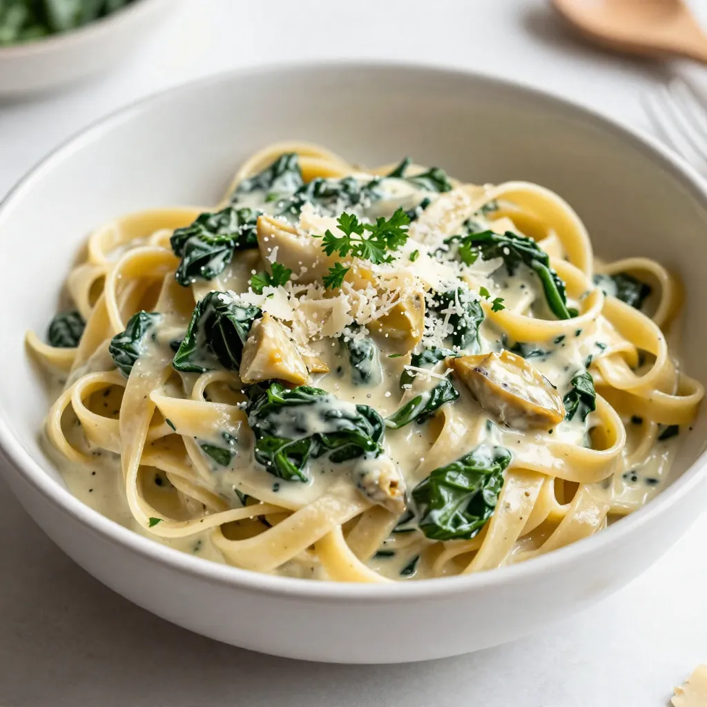 For this creamy spinach artichoke pasta, I choose 8 oz of pasta. Fettuccine or penne works best. Both types hold the sauce well. You want a pasta that gives a nice bite, or "al dente." This keeps the dish from feeling too soft. Freshness matters in this dish. Using 1 cup of fresh spinach adds color and nutrition. Chop it finely for easy mixing. I also use 1 cup of canned artichoke hearts. Drain and chop them too. They add a unique flavor that balances the creaminess. The creamy base comes from 1 cup of softened cream cheese. It’s key for that rich texture. I also add 1/2 cup of grated Parmesan cheese. This cheese gives a salty kick. For a bit of zest, I mix in 1 teaspoon of lemon juice. Finally, I use 1 cup of vegetable broth. This helps create the sauce without being too thick. With these ingredients, you get a delightful mix of flavors and textures that everyone will love! {{ingredient_image_1}} Start by bringing a large pot of salted water to a boil. Add 8 ounces of pasta, like fettuccine or penne. Cook the pasta according to the package directions until it is al dente. This usually takes about 8 to 10 minutes. Once done, save 1/2 cup of the pasta water for later. Drain the pasta and set it aside. In the same pot, heat 1 tablespoon of olive oil over medium heat. Add 2 minced garlic cloves. Cook for about 1 minute until the garlic smells great. Be careful not to burn it, as that can ruin the dish. Lower the heat and add 1 cup of softened cream cheese to the pot. Stir until it melts into a creamy mix. Gradually pour in 1 cup of vegetable broth, stirring constantly to keep it smooth. This creamy base is the heart of the dish. Next, mix in 1 cup of chopped fresh spinach and 1 cup of drained, chopped artichoke hearts. Allow them to cook for about 2 to 3 minutes. The spinach should wilt down, and the flavors will blend nicely. Now, add the drained pasta back into the pot. If you want it creamier, use some of that reserved pasta water. Stir in 1/2 cup of grated Parmesan cheese and 1 teaspoon of lemon juice. Mix everything together until it’s all well combined and creamy. Taste your pasta and adjust the seasoning with salt and pepper as needed. Cook for an additional 2 to 3 minutes until everything is heated through. Finally, remove from heat and garnish with fresh chopped parsley. Serve warm and enjoy every bite! To get that rich and creamy texture, start with softened cream cheese. This helps it melt smoothly. Stir it in slowly with the vegetable broth. If the sauce feels too thick, add a bit of the reserved pasta water. This water adds starch and helps the sauce cling to the pasta perfectly. Fettuccine and penne are great choices for this dish. Fettuccine's flat shape holds the sauce well. Penne's tube shape traps the creamy sauce inside. Both give you that delightful bite with each forkful. You can also experiment with whole wheat or gluten-free pasta to suit your taste. Don’t skip the garlic! It adds a nice depth to the dish. A squeeze of lemon juice brightens the flavors, making it fresh. Salt and pepper are key for balance. You can also add red pepper flakes for some heat. Fresh parsley not only adds color but also a fresh taste at the end. Pro Tips Perfect Pasta: Always cook pasta al dente, as it will continue to cook slightly when mixed with the sauce. Use Fresh Ingredients: Fresh spinach and artichokes enhance the flavor and nutritional value of the dish. Adjust Creaminess: Add reserved pasta water gradually to achieve your desired sauce consistency. Garnish for Flavor: Fresh parsley not only adds color but also brightens the flavors of the creamy sauce. {{image_2}} You can boost this dish by adding protein. Cooked chicken or shrimp works great. Just toss them in with the pasta at the end. If you prefer a plant-based option, try adding chickpeas or tofu. Both will add protein and flavor. If you need a gluten-free meal, swap the pasta. Use gluten-free pasta made from rice or quinoa. You can also try zoodles, which are spiralized zucchini. They add a fresh crunch and are low in carbs. Spices can make your pasta pop! Add a pinch of red pepper flakes for heat. You might also try some Italian herbs like oregano or basil. These spices will add depth to the dish. A squeeze of fresh lemon juice brightens the flavors too! You can store leftover creamy spinach artichoke pasta in an airtight container. Let it cool down to room temperature first. This helps keep the pasta fresh. Place it in the fridge for up to three days. When you are ready to eat, just take it out and enjoy. To reheat your pasta, use a microwave or a skillet. If using a microwave, place the pasta in a bowl. Add a splash of water or broth to help it steam. Heat it at medium power for about 1-2 minutes. Stir halfway through to warm it evenly. If using a skillet, add the pasta and a little broth over low heat. Stir until warm. You can freeze creamy spinach artichoke pasta for longer storage. Place it in a freezer-safe container or bag. Make sure to remove as much air as possible. It can last up to three months in the freezer. When you want to eat it, thaw it overnight in the fridge. Reheat as mentioned above. To make this creamy spinach artichoke pasta vegan, you can swap the cream cheese. Use a vegan cream cheese or cashew cream instead. For the Parmesan cheese, look for a plant-based version or nutritional yeast for a cheesy flavor. Use vegetable broth to keep it vegan. This way, you can enjoy a rich taste without any animal products. Yes, you can use frozen spinach. Just make sure to thaw and drain it well. Squeeze out any extra water before adding it to the dish. Frozen spinach has a similar taste and will work nicely in this recipe. It is a great time saver and still gives you that tasty flavor. Several side dishes go great with creamy spinach artichoke pasta. Here are some ideas: - Garlic bread for a crunchy texture. - A fresh green salad with a light dressing. - Roasted vegetables for added flavor and nutrients. - Grilled asparagus or broccoli for a healthy touch. These sides will make your meal more complete and delicious. This blog covers how to make creamy spinach artichoke pasta. We explored key ingredients, from pasta variety to fresh produce and dairy. I provided step-by-step cooking instructions, tips for ideal creaminess, and variations to suit your taste. Remember, you can customize it by adding protein or spices. Don’t forget storage tips for leftovers. Enjoy crafting this dish, and impress your friends at dinner!