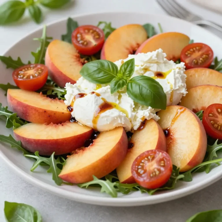 - 2 ripe peaches, sliced - 8 ounces burrata cheese, torn into pieces - 1 cup cherry tomatoes, halved - 4 cups fresh arugula - 2 tablespoons balsamic glaze - 1 tablespoon olive oil - Fresh basil leaves, for garnish - Salt and pepper, to taste - Additions like nuts or seeds for added crunch - Other cheese alternatives Peach Burrata Caprese Salad is a vibrant dish. It brings together fresh fruits and creamy cheese. You will love how these flavors combine. You need ripe peaches for sweetness. Use firm but soft ones. The burrata cheese adds creaminess. It is soft and rich, making every bite special. Cherry tomatoes add a pop of color and a burst of flavor. I prefer heirloom tomatoes for their taste. Fresh arugula gives the salad a peppery crunch. It balances the sweetness of the peaches. Balsamic glaze and olive oil enhance the salad’s taste. The glaze is sweet and tangy, while the olive oil adds richness. A sprinkle of salt and pepper brings all the flavors together. For a fun twist, you can add nuts or seeds. They give the salad a delightful crunch. You can also experiment with other cheeses like feta or goat cheese. Each will give the salad a different taste. Use fresh basil leaves to finish the dish. They add a fragrant touch. This salad is not just pretty; it is packed with flavor too. Enjoy creating this beautiful, fresh salad! {{ingredient_image_1}} - Start by washing the peaches and cherry tomatoes. Rinse them under cold water to remove any dirt. - Next, slice the peaches into thin wedges. Halve the cherry tomatoes for a pop of color and flavor. - In a large serving platter, layer 4 cups of fresh arugula as the base. This adds a nice peppery flavor and a great texture. - Now, arrange the peach slices and cherry tomato halves over the arugula. Make sure to distribute them evenly for balance. - Tear 8 ounces of burrata cheese into pieces. Scatter this creamy cheese over the top of the salad. The burrata enhances the sweetness of the peaches. - Drizzle 1 tablespoon of olive oil and 2 tablespoons of balsamic glaze over the salad. This adds depth and richness to the dish. - Season the salad with salt and pepper to taste. This simple step brings out the fresh flavors of the ingredients. - Finally, garnish the salad with fresh basil leaves. This adds a lovely aroma and brightens the dish visually. Choosing ripe peaches and tomatoes is key for this salad. Look for peaches that feel slightly soft and smell sweet. Their color should be bright and vibrant. For tomatoes, pick ones that are firm but give slightly when you press them. Heirloom varieties offer great flavor and color. When it comes to burrata, freshness makes a big difference. Always check the expiration date on the package. The cheese should be creamy and soft, not dry. If possible, buy it from a local cheese shop for the best quality. Serving and plating can elevate your Peach Burrata Caprese Salad. Use a large, shallow bowl to show off the colors. Start with a bed of arugula in the center. Then, arrange peach slices and tomatoes around the edges. Tear the burrata and place it in the middle for a stunning look. For extra visual appeal, add fresh basil leaves on top. You can also sprinkle a few cherry tomatoes around the bowl. This adds color and texture, making the dish more inviting. To boost flavor, consider adding fresh herbs like mint or even a sprinkle of crushed red pepper. A pinch of sea salt can enhance the sweetness of the peaches. When it comes to complementary dishes, pair this salad with grilled chicken or fish. It also goes well with crusty bread dipped in olive oil. Pro Tips Choose the Right Peaches: Look for peaches that are slightly soft to the touch and have a sweet aroma. This ensures maximum flavor and juiciness in your salad. Use Fresh Burrata: For the best texture and taste, use fresh burrata cheese. It should be creamy and slightly oozy when torn apart. Season Generously: Don’t be shy with salt and pepper! Proper seasoning enhances the natural flavors of the ingredients. Drizzle for Effect: When drizzling olive oil and balsamic glaze, do it in a circular motion to ensure an even coating over the salad. {{image_2}} You can change the cheese or greens in this salad. If you can't find burrata, try fresh mozzarella. It gives a nice creamy touch, too. For greens, you can use spinach instead of arugula. Spinach has a mild taste that works well. Seasonal fruits also add a fun twist. If peaches are out of season, use ripe nectarines or plums. These fruits bring sweetness and a juicy bite. You can also try berries for a pop of color and flavor. Dressing makes a big difference. You can use a store-bought balsamic vinaigrette if you're short on time. Homemade dressings are fun to make, too. Mix olive oil, vinegar, honey, and mustard for a quick homemade dressing. For a change, try lemon juice with olive oil. It gives a bright, fresh taste. You can even add spices like garlic or herbs to make it special. To make this salad a main dish, add grilled chicken or shrimp. This boosts protein and makes it filling. You can also toss in nuts like pine nuts for crunch. Pair this salad with a light white wine or sparkling water. It refreshes the palate and complements the flavors. For sides, consider crusty bread or a simple soup. These add warmth and balance to your meal. To keep your Peach Burrata Caprese Salad fresh, store it in an airtight container. This helps prevent the salad from wilting. Place the salad in the fridge right after serving. You should eat the leftovers within two days for the best taste. The peaches and tomatoes will stay fresh, but the burrata may lose some creaminess over time. You can prepare parts of the salad ahead of time. Wash and slice the peaches and cherry tomatoes a few hours before serving. Store them in the fridge to keep them fresh. Keep the burrata and arugula separate until you’re ready to serve. Assemble the salad just before eating for a crisp, fresh taste. Can you freeze this salad? No, it does not freeze well. The textures of the peaches and burrata will change. If you want to save ingredients, you can freeze the burrata cheese. Just remember to thaw it in the fridge before using. Avoid freezing the arugula and tomatoes, as they will become mushy. To cut burrata cheese, use a sharp knife. Make a clean slice through the creamy center. This keeps the texture nice and smooth. You can also tear it with your hands. This gives a rustic look to your salad. Burrata is soft, so handle it gently. Yes, you can prepare some parts in advance. Slice the peaches and tomatoes a few hours ahead. Store them in the fridge. Keep the burrata, arugula, and dressing separate. Mix everything when you are ready to serve. This keeps the salad fresh and crunchy. For a dairy-free option, use avocado instead of burrata. You can add nuts for crunch if you need a protein boost. If you are gluten-free, this salad is perfect as is. For a vegan version, skip the cheese and use a plant-based dressing. To store leftover salad, place it in an airtight container. Keep it in the fridge for up to two days. The arugula may wilt, but the flavors will still be good. Avoid adding dressing until you are ready to eat. This helps keep the salad fresh. This salad pairs well with grilled chicken or fish. You can also serve it with crusty bread. A glass of chilled white wine complements the flavors nicely. For a light meal, try it with a refreshing soup. The options are endless! This blog post showed you how to make a delicious Peach Burrata Salad. We reviewed key ingredients, like fresh peaches and creamy burrata. We discussed simple steps to prepare and assemble the salad. Tips for picking fresh produce add flavor and help with presentation. You learned variations, storage tips, and answers to common questions. Enjoy making this salad. It offers flavor, freshness, and fun. Experiment with the ingredients to create your own perfect dish.