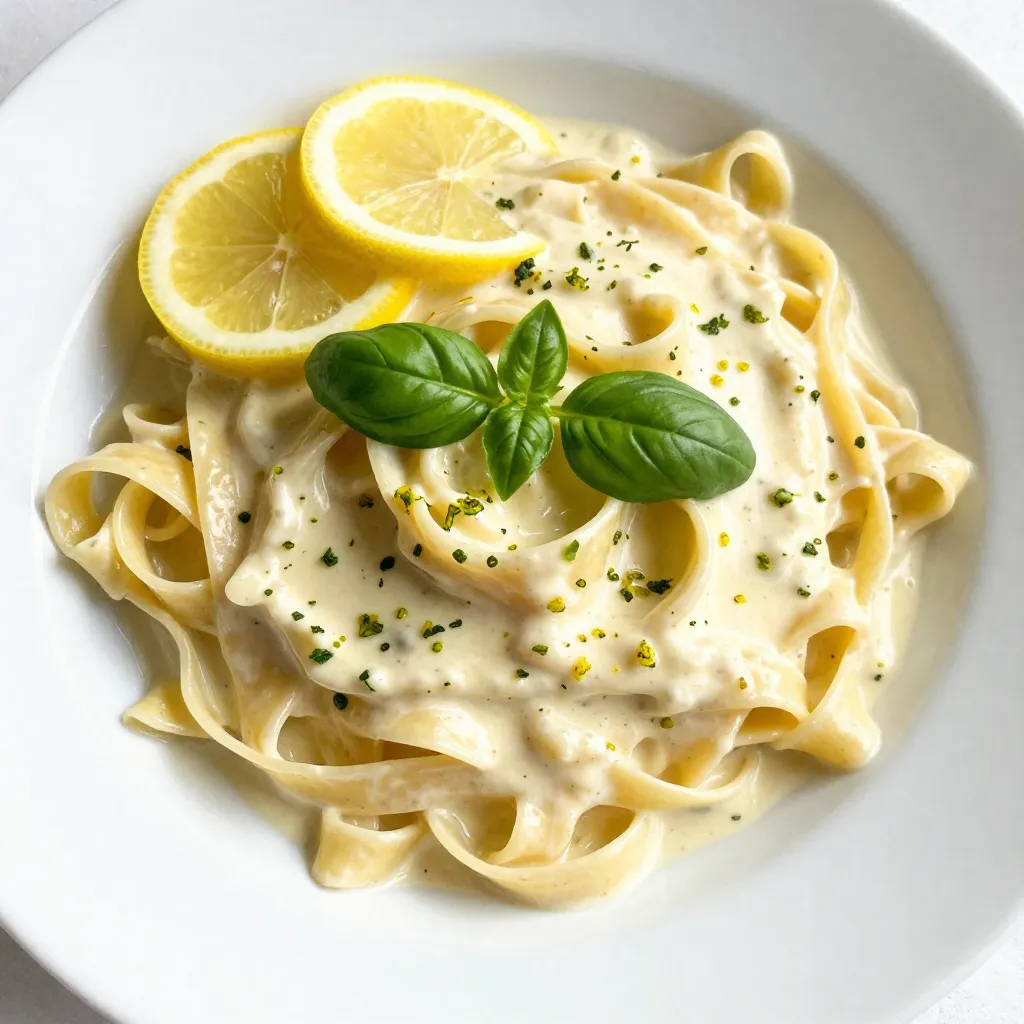To create Lemon Basil Creamy Pasta, you need some key ingredients: - 8 oz fettuccine pasta - 1 tablespoon olive oil - 3 cloves garlic, minced - 1 cup heavy cream - Zest of 1 lemon - 2 tablespoons lemon juice - ½ cup grated Parmesan cheese - ¼ cup fresh basil leaves, chopped - Salt and pepper to taste These ingredients work together to create a simple yet flavorful dish. The fettuccine gives a nice texture, while the lemon adds brightness. Parmesan cheese makes the sauce creamy, and basil gives it a fresh taste. You can make your dish look even better by adding some garnishes: - Lemon slices - Basil sprigs These garnishes not only add color but also enhance the flavor. When you serve this pasta, sprinkle some lemon zest on top. It makes it look fancy and inviting. If you lack any ingredients, don't worry! You can make simple swaps: - Use penne or spaghetti instead of fettuccine. - Swap heavy cream for half-and-half or a plant-based cream for a lighter version. - For a different flavor, try using Asiago cheese instead of Parmesan. These substitutions keep the dish tasty while allowing you to use what you have. Adjusting the recipe can lead to new favorites! {{ingredient_image_1}} To start, fill a large pot with water. Add a good amount of salt and bring it to a boil. Once boiling, add 8 ounces of fettuccine pasta. Cook it according to the package instructions until it is al dente. This usually takes about 8 to 10 minutes. After cooking, drain the pasta in a colander, but save ½ cup of the starchy pasta water. You will need this for the sauce later. Next, take a large skillet and place it over medium heat. Pour in 1 tablespoon of olive oil. When the oil is hot, add 3 minced garlic cloves. Sauté the garlic for about 1 to 2 minutes. Watch it closely so it does not burn. You want it fragrant and golden, not brown. Reduce the heat slightly and add 1 cup of heavy cream to the skillet. Then, stir in the zest of 1 lemon and 2 tablespoons of lemon juice. Mix until smooth and warm. Gradually add ½ cup of grated Parmesan cheese. Stir until the cheese melts and blends well. If the sauce feels too thick, use the reserved pasta water to get the right consistency. Now, add the drained fettuccine to the skillet. Toss the pasta in the creamy lemon sauce. Fold in ¼ cup of chopped fresh basil. Season with salt and pepper to suit your taste. Make sure every piece of pasta is coated with this delightful sauce. Once combined, remove the skillet from heat. Let it sit for a minute to thicken slightly. Serve the pasta right away. Garnish with lemon slices and fresh basil sprigs for that extra pop. Enjoy your Lemon Basil Creamy Pasta! To make your sauce creamy, use heavy cream. It adds richness and smoothness. Heat it slowly. If it boils too fast, it can break. Stir in the Parmesan cheese while the sauce is warm. This helps it melt well. If your sauce is too thick, add some reserved pasta water. This will help you get the right consistency. Garlic can easily burn if cooked too long. To avoid this, cook it for just 1-2 minutes. Wait until it smells strong before adding cream. If garlic burns, it will taste bitter. Keep an eye on it and stir often. This way, you will have a fresh garlic flavor in your dish. Lemon Basil Creamy Pasta shines with simple flavors. You can add more depth with salt and pepper. Try adding a pinch of red pepper flakes for heat. Fresh herbs like parsley or thyme can also add a twist. Experiment with flavors based on what you love. Taste as you go. This ensures that your dish is just right for you. Pro Tips Use Fresh Ingredients: Fresh basil and lemon will elevate the flavor of your dish significantly. Always opt for fresh over dried when possible. Adjust Creaminess: If you prefer a lighter sauce, substitute half of the heavy cream with low-fat milk or vegetable broth for a delicious twist. Perfect Pasta: Make sure to cook your fettuccine al dente, as it will continue to cook slightly when combined with the sauce. Garnish Wisely: Adding a sprinkle of extra Parmesan and a few whole basil leaves right before serving can enhance both presentation and flavor. {{image_2}} You can easily boost your Lemon Basil Creamy Pasta with protein. Chicken or shrimp work great. For chicken, grill or pan-sear it first. Slice it into strips and toss it with the pasta. If you like shrimp, sauté them in olive oil until pink. Add them to the pasta right before serving. This adds flavor and makes your dish more filling. If you want a lighter dish, try adding veggies. Zucchini is a great choice. Slice it thin and sauté with garlic for a few minutes. Spinach is another option. Add it to the skillet just before combining with the pasta. It wilts quickly and adds a nice color and taste. These veggies keep the dish fresh and vibrant. For a gluten-free version, swap regular pasta for gluten-free pasta. There are many options available, like rice or chickpea pasta. Cook it according to the package instructions. The creamy lemon sauce pairs well with these alternatives. This way, everyone can enjoy the dish without concern for gluten. To keep your Lemon Basil Creamy Pasta fresh, store it in an airtight container. Let the pasta cool down before sealing it. This helps prevent moisture build-up, which can make the pasta soggy. It will last in the fridge for 3 to 4 days. If you want to enjoy it later, use a shallow container for faster cooling. When you're ready to eat, reheat the pasta gently. You can use a pan on low heat or a microwave. If using the microwave, cover the dish to keep moisture in. Add a splash of water or cream to bring back the creamy texture. Stir it well to ensure even heating. If you want to store your pasta for a longer time, freezing is a great option. Place the cooled pasta in a freezer-safe container or a zip-top bag. Make sure to squeeze out as much air as you can. The pasta can last up to 2 months in the freezer. To reheat from frozen, let it thaw overnight in the fridge. Then follow the reheating steps above for the best taste. To make this dish dairy-free, swap heavy cream with coconut cream or a nut-based cream. Use nutritional yeast instead of Parmesan cheese for a cheesy flavor. These swaps keep the creamy texture and enhance the taste. This pasta pairs well with a simple green salad. Garlic bread is also a great choice. For protein, grilled chicken or shrimp works nicely. You could also try roasted veggies for a colorful plate. Yes, you can use other herbs like parsley, oregano, or thyme. Each herb brings a unique flavor. If you want something fresh, try using mint. Just remember, the taste will change with different herbs. Lemon Basil Creamy Pasta lasts up to three days in the fridge. Store it in an airtight container. Reheat it gently on the stove or in the microwave. If it seems dry, add a splash of water or cream. In this blog post, we explored how to make delicious Lemon Basil Creamy Pasta. You learned about the essential and optional ingredients, plus how to customize the dish. The step-by-step guide made cooking easy, and the tips will help you perfect the recipe. We also covered variations and storage methods for your leftovers. In the end, this dish is simple, tasty, and versatile. Enjoy the bright flavors with every bite!