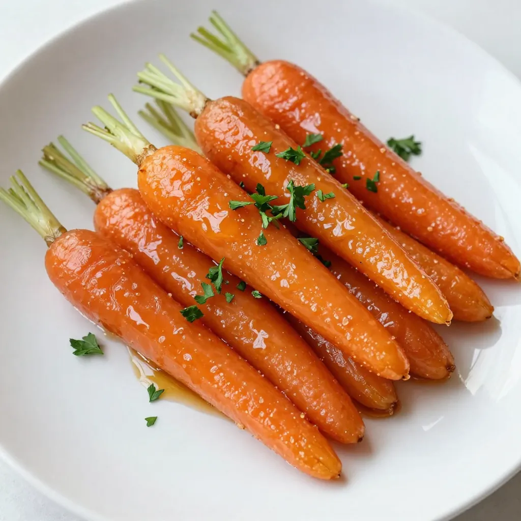To make honey garlic glazed carrots, you will need: - 1 lb (450g) baby carrots, peeled - 3 tablespoons honey - 2 tablespoons unsalted butter - 3 cloves garlic, minced - 1 tablespoon soy sauce - 1/2 teaspoon salt - 1/4 teaspoon black pepper - 1 tablespoon fresh parsley, chopped (for garnish) Each ingredient has a specific measurement to ensure the best taste. Here’s what you need to keep in mind: - Carrots: Use 1 pound or 450 grams. - Honey: Measure 3 tablespoons for sweetness. - Butter: 2 tablespoons help with richness. - Garlic: 3 cloves give a strong flavor. - Soy sauce: 1 tablespoon adds umami. - Salt: 1/2 teaspoon enhances taste. - Black pepper: 1/4 teaspoon adds a hint of spice. - Parsley: 1 tablespoon is for a fresh touch. If you don’t have some ingredients, don’t worry. Here are some easy swaps: - Carrots: Try other root vegetables like parsnips or sweet potatoes. - Honey: Maple syrup works well for a different sweetness. - Butter: Use olive oil for a dairy-free option. - Garlic: Garlic powder can be used, but use less—about 1/2 teaspoon. - Soy sauce: Tamari is a great gluten-free choice. - Salt and pepper: Adjust these to your taste. - Parsley: Fresh cilantro or green onions can also work. These ingredients make the dish simple yet flavorful. Enjoy your cooking! {{ingredient_image_1}} To start, gather your ingredients. You need baby carrots, honey, unsalted butter, minced garlic, soy sauce, salt, black pepper, and parsley. Make sure to peel the carrots. This step helps them cook evenly. Begin by melting the butter in a large skillet over medium heat. Once the butter melts, add the minced garlic. Sauté it for about one minute. Watch it closely, so it does not burn. Next, add the baby carrots to the skillet. Stir them well so they get coated in the garlic butter. Pour in the honey and soy sauce. Season with salt and black pepper, then mix everything together. Cover the skillet and lower the heat. Let the carrots cook for about 10 to 12 minutes. Stir every now and then. When they are tender, uncover the skillet. Raise the heat to medium-high. Cook for another 3 to 5 minutes. This will help the glaze thicken and caramelize. For the best taste, use fresh ingredients. Fresh garlic and honey really enhance the flavor. If you want a stronger garlic taste, add more minced garlic. Garnishing with chopped parsley adds a nice touch. It gives color and freshness to the dish. When cooking, stir often to prevent burning. This will help the flavors mix well and keep the carrots from sticking to the pan. Enjoy your sweet and savory honey garlic glazed carrots! To get the best honey garlic glazed carrots, use fresh baby carrots. They cook evenly and stay sweet. Peel them to remove any tough skin. When you sauté the garlic, be careful. It burns easily and can taste bitter. After adding the carrots, stir them well to coat every piece in the garlic butter mix. Cook the carrots on low heat for about 10-12 minutes. This makes them tender and juicy. Stir them often to avoid burning. Once tender, raise the heat to medium-high for the last few minutes. This helps the sauce thicken and glaze the carrots nicely. These honey garlic glazed carrots look great on any table. You can serve them as a side dish with chicken, fish, or steak. They also pair well with rice or quinoa. For a colorful touch, add chopped parsley on top. This simple garnish brightens up the dish and adds flavor. You can also try serving these carrots warm or at room temperature. They taste great either way. For a fun twist, mix in nuts like pecans or walnuts for a crunchy texture. One common mistake is overcooking the carrots. If they cook too long, they can become mushy. Keep an eye on the clock and check them often. Another mistake is rushing the glazing process. If you don’t let the sauce thicken enough, the carrots won’t have that nice sticky glaze. Stir frequently to get even coverage. Lastly, don’t skip the salt and pepper. They enhance the flavors of the dish. A little seasoning goes a long way in bringing out the sweet and savory notes. Pro Tips Choose Fresh Carrots: Fresh baby carrots will give you the best flavor and texture. Look for bright orange carrots that are firm to the touch. Adjust Sweetness: If you prefer a less sweet dish, you can reduce the amount of honey or substitute it with maple syrup for a different flavor profile. Perfect Garlic Flavor: Add the garlic to the skillet only after melting the butter to prevent burning, which can turn the garlic bitter. Garnish for Appeal: Fresh parsley not only adds color but also a burst of freshness that complements the sweetness of the glaze beautifully. {{image_2}} You can change the taste of honey garlic glazed carrots easily. Try adding fresh ginger for a spicy kick. A pinch of red pepper flakes can give heat. If you love herbs, add thyme or rosemary for a fresh twist. Use maple syrup instead of honey for a different sweetness. You can also add citrus zest, like orange or lemon. This adds a bright flavor that pairs well with the honey. If you want to make this dish vegan, replace the butter with olive oil. Use agave syrup instead of honey for sweetness. For a gluten-free option, choose tamari in place of soy sauce. This keeps the dish safe for those with gluten issues. If you are watching salt, reduce or skip it entirely. The glaze will still taste great without it. Honey garlic glazed carrots go well with many meals. They pair nicely with roasted chicken or grilled fish. For a plant-based meal, serve them with quinoa or lentils. You can also add these carrots to a salad for extra color. They look great on a holiday table as a side dish too. The sweet and savory flavor makes them a favorite for everyone. Store your honey garlic glazed carrots in an airtight container. Make sure they are cool before sealing. This helps keep them fresh. You can keep them in the fridge for quick meals. Use a glass or plastic container, whichever you prefer. To reheat, place your carrots in a skillet over medium heat. Add a splash of water or a bit of butter. This helps to keep them moist. Stir often to heat evenly. You can also use a microwave. Heat them in short bursts, stirring in between, until warm. These glazed carrots last about three to five days in the fridge. If you freeze them, they can last up to three months. However, the texture may change once thawed. For the best taste, enjoy them fresh! Yes, you can use frozen carrots. Just add them straight from the freezer. Cook them a bit longer since they need extra time to thaw and soften. Keep an eye on them to avoid overcooking. The glaze will still work well, giving you that sweet and savory flavor. To thicken the glaze, you can cook it longer. After the carrots are tender, turn up the heat. Let the sauce bubble until it reduces. You can also mix a little cornstarch with water and stir it in. This will help the glaze stick better to the carrots. These carrots pair well with many dishes. Serve them alongside roasted chicken or fish. They also go great with rice or mashed potatoes. Add a fresh salad for a colorful plate. You’ll impress everyone with this tasty side! In this article, we explored the best ways to make Honey Garlic Glazed Carrots. We covered every detail, from the complete ingredient list to cooking steps and useful tips. You learned about variations, storage practices, and common questions. To sum up, making this dish is simple and rewarding. With the right ingredients, techniques, and a few helpful tricks, you can enjoy a tasty side dish. Happy cooking!