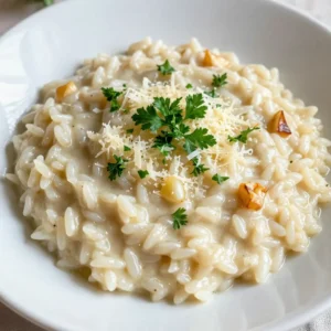 - 1 cup Arborio rice - 4 cups vegetable broth - 3 tablespoons olive oil - 2 tablespoons unsalted butter - 4 cloves garlic, minced - 1 small onion, finely chopped - 1/2 cup grated Parmesan cheese - 1/2 cup heavy cream - Salt and pepper to taste - Fresh parsley, chopped (for garnish) Each ingredient plays a key role in making creamy garlic parmesan risotto special. - Arborio rice gives risotto its creamy texture. This short-grain rice absorbs liquid well. - Vegetable broth adds depth of flavor. It keeps the dish rich and savory. - Olive oil helps saut&eacute; the garlic and onion. It adds a nice, fruity taste. - Unsalted butter brings creaminess and richness. It also enriches the overall flavor. - Garlic gives a strong, savory taste. It makes the dish aromatic and warm. - Onion adds sweetness. It balances the flavors in the risotto. - Parmesan cheese provides a salty, nutty flavor. It enhances the creaminess. - Heavy cream makes the risotto extra rich. It gives a velvety finish. - Salt and pepper season the dish. They bring all the flavors together. - Fresh parsley adds color and freshness. It brightens up the dish. If you can't find an ingredient, here are some easy swaps. - Arborio rice: You can use Carnaroli rice or even sushi rice if needed. - Vegetable broth: Chicken broth works well too for a different flavor. - Olive oil: Any cooking oil, like canola or sunflower, can replace it. - Unsalted butter: Use salted butter but reduce added salt. - Garlic: Garlic powder can be a quick substitute, but fresh is best. - Onion: Shallots or leeks can give a similar flavor. - Parmesan cheese: Grana Padano or Pecorino Romano can be used, too. - Heavy cream: Use half-and-half for a lighter option. - Fresh parsley: Any fresh herb, like basil or chives, can add a nice touch. With these ingredients, you're ready to make a delicious creamy garlic parmesan risotto! {{ingredient_image_1}} Start by warming the vegetable broth. Pour four cups into a medium saucepan. Set the heat to low and let it warm gently. Keeping the broth warm helps the rice cook evenly. You will use this broth gradually as you make the risotto. In a large skillet, heat three tablespoons of olive oil. Add one tablespoon of unsalted butter for extra richness. Use medium heat for this step. Now, add four cloves of minced garlic and one small chopped onion. Saut&eacute; them for about three to four minutes. You want the onion to turn soft and clear. This step builds a great base flavor for your risotto. Once the onion is ready, stir in one cup of Arborio rice. Toast the rice for about two minutes. You will see the edges turn slightly clear. This process adds depth to the flavor. Next, start adding the warm vegetable broth, one ladleful at a time. Stir often and let the rice soak up the broth before adding more. This part takes about 18 to 20 minutes. You want the rice to be creamy and just tender. When the rice is done, lower the heat. Mix in half a cup of heavy cream and the last tablespoon of butter. Then, stir in half a cup of grated Parmesan cheese. It should melt and blend well. Season with salt and pepper to taste. Let the risotto rest for a minute. This helps it thicken. Serve it hot, topped with chopped fresh parsley for a nice touch. Enjoy your creamy garlic Parmesan risotto! To get that rich, creamy texture in your risotto, use Arborio rice. This rice has high starch content, which helps create creaminess. Always add warm broth slowly. Stir often to release more starch from the rice. When the rice is almost done, mix in heavy cream and butter. This adds even more creaminess and flavor. Saut&eacute; your garlic and onion first. This builds a strong flavor base. Toast the rice briefly before adding broth. This step enhances its nutty flavor. Stir continuously while adding broth. This keeps the rice from sticking and helps it cook evenly. Use a wooden spoon for best results. Keep your broth warm but not boiling. Hot broth helps the rice cook evenly. Stir the rice every few minutes to avoid lumps. Aim for a cooking time of about 18-20 minutes. The rice should be tender yet slightly firm in the center. Let it rest for a minute before serving. This helps it thicken and makes it even better. Pro Tips Use Quality Broth: The flavor of your risotto largely depends on the broth you use. Opt for a high-quality vegetable broth for the best taste. Stir Constantly: Stirring the risotto continuously helps to release the starch from the rice, creating that creamy texture you desire. Gradual Broth Addition: Add the broth gradually and allow the rice to absorb it fully before adding more. This ensures even cooking and enhances creaminess. Rest Before Serving: Let the risotto rest for a minute after cooking. This allows it to thicken slightly and enhances the overall flavor. {{image_2}} You can boost the flavor of your risotto with simple add-ins. Try adding: - 1 cup of saut&eacute;ed mushrooms - 1 cup of fresh spinach - 1/2 cup of sun-dried tomatoes These ingredients bring new tastes and textures. For a spicy kick, add a pinch of red pepper flakes. You can also swap Parmesan for other cheeses, like feta or goat cheese. Each choice gives the dish a unique twist. If you want to add protein, consider these options. Grilled chicken or shrimp makes a great pairing. - For chicken, use about 1 cup, diced and cooked. - For shrimp, add 1 cup, cooked and peeled. You can also use cooked sausage or bacon for a hearty boost. If you're feeling adventurous, try adding some crab meat for a touch of luxury. Making this dish vegan is easy. Replace the butter and heavy cream with plant-based options. Use: - 3 tablespoons of vegan butter - 1/2 cup of coconut cream or cashew cream For cheese, try nutritional yeast or a vegan cheese blend. These swaps keep the creamy texture while making it plant-based. Always check your broth to ensure it&rsquo;s vegan-friendly. Enjoy the risotto your way! To keep your creamy garlic Parmesan risotto fresh, first let it cool. Place it in an airtight container. This helps lock in flavors and moisture. Make sure to store it in the fridge. It will last up to three days. If you notice any leftover risotto, avoid letting it sit out too long. When you are ready to enjoy your risotto again, add a splash of broth. Heat it in a pot over low heat. Stir it often to prevent sticking. If you want, you can add a bit of butter for extra creaminess. This should take about 5 to 10 minutes to reheat. Always taste it to check if you need more seasoning. Yes, you can freeze risotto! Portion it out in small containers. Leave some space at the top. Risotto expands when frozen. It will last up to three months in the freezer. To reheat, let it thaw in the fridge overnight. Then, heat it with a splash of broth. This keeps the texture nice and creamy. You can make risotto ahead of time, but it may lose its creamy texture. To reheat, add a bit of broth while warming it up. This helps restore its creamy nature. To keep your risotto from getting too thick, stir in broth gradually. Use just enough broth so the rice absorbs it slowly. If it thickens too much, add more broth or water while stirring. Creamy Garlic Parmesan Risotto pairs well with many dishes. You can serve it with grilled chicken or shrimp for protein. Leafy greens or a fresh salad also complement the dish nicely. For a vegetarian option, add saut&eacute;ed mushrooms or roasted vegetables. In this post, we covered the key ingredients and their roles in making risotto. I shared step-by-step instructions for perfecting your dish. Tips and tricks helped you achieve a creamy texture with essential techniques. We also explored variations to suit your taste, alongside storage information for leftovers. Remember, cooking risotto is about practice and patience. With these insights, you can create a dish that impresses every time. Enjoy your risotto adventures!