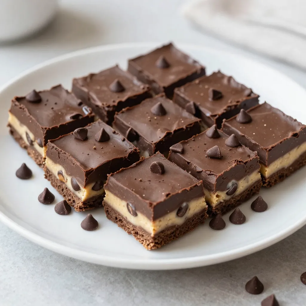 To make Chocolate Chip Cookie Dough Fudge, gather these simple ingredients: - 1 cup unsalted butter, softened - 1 cup brown sugar, packed - 1 cup granulated sugar - 2 teaspoons vanilla extract - 2 cups all-purpose flour (heat-treated) - 1/2 teaspoon salt - 1 can (14 oz) sweetened condensed milk - 1 cup semi-sweet chocolate chips - 1 cup mini chocolate chips (for dough) These ingredients come together to form a rich and creamy treat. The softened butter gives a great base for the fudge. Using both brown and granulated sugar adds depth to the sweetness. The vanilla extract enhances the flavor, making it even more inviting. Heat-treated flour is key for safety, as it kills bacteria. Sweetened condensed milk ensures a smooth fudge layer. The semi-sweet chocolate chips melt into a luscious mix, while mini chocolate chips provide that classic cookie dough feel. These ingredients create a delightful combination that you will love. {{ingredient_image_1}} - First, cream together 1 cup of softened unsalted butter, 1 cup of brown sugar, and 1 cup of granulated sugar in a large mixing bowl. Mix until it's light and fluffy. - Next, add 2 teaspoons of vanilla extract. Stir well until it blends in completely. - Slowly add in 2 cups of heat-treated all-purpose flour and 1/2 teaspoon of salt. Mix until a soft dough forms. - In a saucepan over medium-low heat, combine 1 can of sweetened condensed milk and 1 cup of semi-sweet chocolate chips. - Stir continuously until the chips melt and the mixture becomes smooth and creamy. - Line an 8x8 inch baking dish with parchment paper. Leave some overhang for easy removal. - Pour half of the chocolate fudge mixture into the dish. Spread it evenly with a spatula. - Crumble the cookie dough mixture over the fudge layer. Use your hands to break it into small chunks. Press down gently to flatten. - Pour the rest of the fudge mixture over the cookie dough layer. Spread it evenly to cover all the cookie dough. - Gently tap the baking dish on the counter. This helps remove air bubbles and makes the surface even. - Chill the fudge in the refrigerator for at least 3 hours or until it sets. To achieve the perfect fudge texture, follow these steps: - Use softened butter: This helps mix well with sugars. - Cream well: Mix until light and fluffy for a smooth base. - Don’t rush cooling: Let the chocolate mixture cool a bit before adding layers. For heating chocolate without burning, remember these tips: - Use low heat: Keep your stove on medium-low. - Stir constantly: This prevents hot spots and keeps the chocolate smooth. - Remove from heat early: Chocolate will keep melting off heat. Arranging fudge for visual appeal is simple. Try these ideas: - Use a decorative plate: A nice plate makes your fudge pop. - Cut into uniform squares: This gives a clean look and easy serving. For garnishing options, consider these flair ideas: - Sprinkle mini chocolate chips on top: This adds texture and color. - Drizzle with melted chocolate: A quick drizzle makes it look gourmet. Pro Tips Use Heat-Treated Flour: Make sure to heat-treat your flour before using it in the cookie dough. This ensures it's safe to eat raw and enhances the flavor. Chill the Fudge: Allow the fudge to chill for a full 3 hours to ensure it sets properly. If you’re in a hurry, you can place it in the freezer for 1 hour, but keep an eye on it. Uniform Cookie Dough Chunks: For consistent bites, break the cookie dough into small, uniform chunks before crumbling over the fudge layer. Presentation Matters: Enhance the visual appeal by arranging the fudge squares on a decorative plate and adding sprinkles or a drizzle of melted chocolate on top. {{image_2}} You can make this fudge even better with some fun tweaks. Adding nuts or dried fruits gives it a great crunch. Try using walnuts, pecans, or even dried cranberries. The mix of flavors makes each bite exciting! Incorporating different types of chocolate is also a great idea. You can swap semi-sweet chocolate chips for dark or white chocolate. Each type brings its own taste and sweetness. Mixing chocolate types can add depth to your fudge. If you want a gluten-free version, simply use gluten-free flour. This swap keeps the texture nice and soft. You will still enjoy the same yummy flavor without the gluten! For a vegan twist, you can use plant-based butter and dairy-free chocolate chips. Sweetened condensed milk can be replaced with coconut cream or a vegan alternative. These changes keep the fudge creamy and delicious while fitting a vegan diet. To keep your Chocolate Chip Cookie Dough Fudge fresh, store it in an airtight container. Use parchment paper to separate layers if you stack them. This method prevents sticking and keeps the fudge intact. Place the container in a cool, dry place, away from direct light. If you want it to last longer, the fridge is a good option. It helps maintain the fudge's texture and flavor. If you want to freeze your fudge, cut it into squares first. Wrap each piece tightly in plastic wrap, then place them in a freezer bag. This keeps air out and protects the fudge from freezer burn. When you're ready to enjoy some, take out the pieces and let them thaw in the fridge overnight. Look for signs that your fudge has gone bad, like a dry or hard texture. If it smells off, it’s best to throw it away. Proper storage will ensure you have a sweet treat ready to enjoy later! How long does Chocolate Chip Cookie Dough Fudge last? This fudge can last up to two weeks when stored properly. Keep it in an airtight container in the fridge. This helps maintain its flavor and texture. Can I use different types of chips? Yes, you can use any type of chocolate chips you like! Try dark chocolate or white chocolate for a twist. You can even mix them for extra flavor. Is it safe to eat raw cookie dough? Using heat-treated flour makes the dough safe to eat. This process kills any harmful bacteria. It’s a great way to enjoy that classic cookie dough taste without worry. How do I adjust the recipe for different serving sizes? You can easily scale the recipe. If you want half the amount, use half the ingredients. For a larger batch, just double everything. The baking time stays the same. What to do if my fudge is too soft? If your fudge is too soft, it may need more time in the fridge. Try chilling it longer to help it set. If it’s still soft, you can add a bit more melted chocolate and mix it in. This guide covered how to make Chocolate Chip Cookie Dough Fudge from start to finish. You learned the key ingredients, detailed steps, and helpful tips to ensure success. Remember, you can customize the fudge with nuts or gluten-free options. Store it correctly to keep it fresh. Whether you share it or enjoy it yourself, this treat delights everyone. I hope you feel inspired to try this easy and fun recipe!