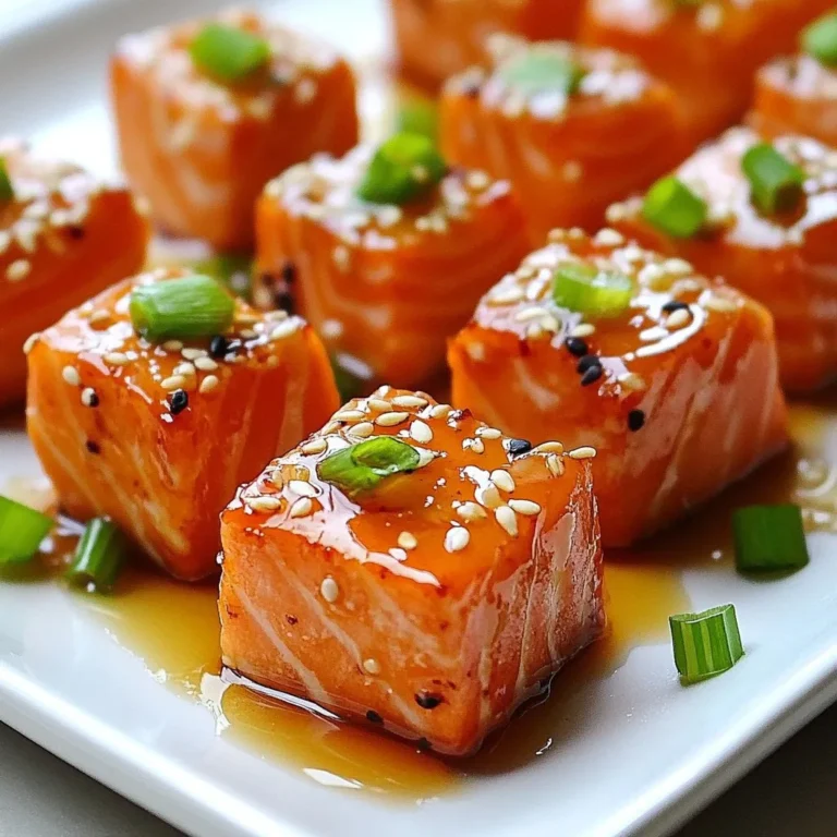 To make Maple Glazed Salmon Bites, gather these items: - 1 lb salmon fillet, skin removed and cut into 1-inch cubes - 1/4 cup pure maple syrup - 2 tablespoons soy sauce (or tamari for gluten-free) - 1 tablespoon Dijon mustard - 2 cloves garlic, minced - 1 teaspoon fresh ginger, grated - 1 tablespoon sesame oil - Salt and pepper to taste - Sesame seeds and chopped green onions for garnish If you need alternatives, here are some great choices: - Use honey instead of maple syrup for a different sweetness. - Swap soy sauce with coconut aminos for a low-sodium option. - Dijon mustard can be replaced with yellow mustard for a milder taste. - Fresh ginger can be replaced with ground ginger in a pinch, but use less. To prepare this dish, you will need a few tools: - A medium mixing bowl for the glaze - A whisk to mix the ingredients well - A large non-stick skillet for cooking - A spatula for flipping the salmon bites - A cutting board and knife for cubing the salmon These tools help you create a tasty dish with ease. Enjoy the process and have fun cooking! {{ingredient_image_1}} To make the glaze, start with a medium bowl. In that bowl, whisk together these ingredients: - 1/4 cup pure maple syrup - 2 tablespoons soy sauce - 1 tablespoon Dijon mustard - 2 cloves garlic, minced - 1 teaspoon fresh ginger, grated Mix until smooth. This glaze will give your salmon bites a sweet and savory flavor. Next, take your salmon fillet. Cut it into 1-inch cubes. Place the cubes in a bowl. Season with salt and pepper. Pour the glaze over the salmon. Gently toss the salmon to coat each piece. Cover the bowl and let it sit in the fridge. Marinate for about 30 minutes. This step helps the salmon absorb all the tasty flavors. After marinating, heat 1 tablespoon of sesame oil in a large non-stick skillet over medium-high heat. Once hot, add the salmon cubes in a single layer. You may need to cook in batches. Cook for about 2-3 minutes on each side. Look for a nice golden brown color. The salmon should be just cooked through. When done, remove the salmon bites from the skillet. Drizzle a bit of leftover glaze on top for extra flavor. Place the bites on a serving platter. Finally, sprinkle sesame seeds and chopped green onions on top for garnish. Enjoy your tasty snack! To get a great glaze, mix your ingredients well. Use a medium bowl and whisk the maple syrup, soy sauce, Dijon mustard, minced garlic, and grated ginger. The key is to blend them until smooth. If it feels too thick, add a splash of water to loosen it. A balanced glaze sticks well to the salmon without being too runny. Even cooking is vital for perfect salmon bites. Start with a hot skillet. Heat sesame oil over medium-high heat. Add the salmon cubes in a single layer. Avoid crowding the pan; this helps each piece brown well. Cook for 2-3 minutes on each side. Flip gently to keep the cubes intact. If you cook in batches, keep the first batch warm in a low oven. To boost flavor, consider adding herbs or spices. Fresh herbs like cilantro or parsley can brighten the dish. You might also add a hint of chili flakes for heat. If you enjoy citrus, a squeeze of lime or lemon can elevate the taste. Don’t forget to drizzle some leftover glaze over the cooked salmon before serving. This extra touch brings all the flavors together. Pro Tips Marinate Longer for Flavor: For even more depth of flavor, consider marinating the salmon for 1-2 hours instead of just 30 minutes. This will enhance the taste of the glaze. Use Fresh Ingredients: Using fresh garlic and ginger will greatly improve the flavor of the glaze. Fresh ingredients are always more potent than dried. Check Doneness Carefully: Salmon cooks quickly, so be sure to keep an eye on it while cooking. Overcooked salmon can become dry and lose its flavor. Aim for a nice golden-brown crust while ensuring it remains tender inside. Garnish for Presentation: Don’t skip on the sesame seeds and green onions! They not only add visual appeal but also a delightful crunch and freshness to the dish. {{image_2}} You can change up the flavor of your maple glazed salmon bites with different marinades. Here are a few ideas: - Citrus Marinade: Replace maple syrup with orange or lemon juice for a fresh twist. - Spicy Marinade: Add a tablespoon of sriracha or chili paste to bring some heat. - Herb Marinade: Mix in fresh herbs like dill or cilantro for a bright taste. These variations can help you create new flavors. Try one or mix and match! You can cook your salmon bites in various ways. Here are some methods to consider: - Grilling: Skewer the salmon cubes and grill them for a smoky flavor. Make sure the grill is hot. - Baking: Spread the salmon cubes on a baking sheet. Bake at 400°F for about 10-12 minutes. - Air Frying: Cook the salmon in an air fryer for a crispy texture without much oil. Each method gives a unique taste. Experiment to see which you like best! When serving your maple glazed salmon bites, think about what goes well with them: - Rice: Serve over jasmine or basmati rice for a filling dish. - Salads: Top a mixed green salad with salmon bites for a light meal. - Vegetables: Pair with steamed broccoli or asparagus for added nutrition. These pairings can enhance the meal and create a beautiful plate. Enjoy the flavors together! To store leftover maple glazed salmon bites, let them cool first. Place them in an airtight container. Make sure to seal it tightly. Store the container in the fridge. These bites will stay fresh for up to three days. If you want to keep them longer, consider freezing them. When you are ready to eat the leftovers, you can reheat them easily. Preheat your oven to 350°F (175°C). Place the salmon bites on a baking sheet. Heat them for about 10-15 minutes. This will warm them up without drying them out. You can also use a microwave. Heat them in short bursts of 30 seconds. Check often to avoid overcooking. For freezing, make sure the salmon bites are fully cooled. Place them in a freezer-safe bag or container. Squeeze out as much air as possible to prevent freezer burn. Label the bag with the date. You can freeze them for up to three months. When you are ready to enjoy them, thaw them overnight in the fridge. Then, reheat as mentioned above. Enjoy your tasty snack whenever you like! I recommend marinating salmon for about 30 minutes. This time allows the flavors to soak in. If you let it marinate longer, the fish can become too salty. Always taste the glaze before adding more salt. Yes, you can use frozen salmon. Just be sure to thaw it completely first. This helps the marinade stick better. Pat the salmon dry with a paper towel before marinating. This step reduces excess moisture. Maple glazed salmon bites pair well with many sides. You might enjoy serving them with rice or quinoa. A fresh salad adds a nice crunch. Roasted vegetables or steamed broccoli also work great. For a fun twist, try serving them in lettuce wraps! You now know how to make tasty maple glazed salmon bites. We covered the key ingredients, easy steps, and useful tips. Don't forget to try different marinades and cooking methods for fun variations. Store leftovers wisely to keep them fresh. Overall, salmon is a versatile and delicious option for meals. Enjoy experimenting with flavors and pairings. Your kitchen will be an exciting place!