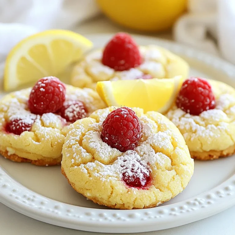 To make Lemon Raspberry Cheesecake Cookies, you need: - 1 cup unsalted butter, softened - 1 cup cream cheese, softened - 1 cup granulated sugar - 1 large egg - 2 teaspoons vanilla extract - Zest of 1 lemon - 2 tablespoons lemon juice - 2 cups all-purpose flour - 1 teaspoon baking powder - 1/2 teaspoon salt - 1 cup fresh raspberries (or frozen, thawed and drained) These ingredients create a tasty base for your cookies. The butter and cream cheese give them a rich and creamy texture. The zest and juice from the lemon add a bright, fresh flavor. You can also use: - 1/2 cup white chocolate chips These chips add a sweet twist to your cookies. They melt slightly during baking, giving a delightful creaminess. If you need to swap some ingredients, here are some ideas: - Use coconut oil instead of unsalted butter for a dairy-free option. - Replace cream cheese with a dairy-free cream cheese for a vegan choice. - For a gluten-free version, try almond flour or gluten-free flour mix. These substitutions keep the cookies delicious while fitting your needs. Enjoy your baking adventure! {{ingredient_image_1}} First, gather all your ingredients. You will need 1 cup of unsalted butter and 1 cup of cream cheese. Make sure both are softened. Next, get 1 cup of granulated sugar and 1 large egg. Don’t forget 2 teaspoons of vanilla extract, the zest of 1 lemon, and 2 tablespoons of lemon juice. You also need 2 cups of all-purpose flour, 1 teaspoon of baking powder, and 1/2 teaspoon of salt. Finally, have 1 cup of fresh raspberries or frozen ones that are thawed and drained. Optional white chocolate chips can add extra sweetness. Now, preheat your oven to 350°F (175°C). Line two baking sheets with parchment paper. In a large bowl, beat the softened butter and cream cheese together until smooth. This should take about 1-2 minutes. Gradually add the granulated sugar while you mix. Keep beating until the mixture is fluffy. Next, mix in the egg, vanilla extract, lemon zest, and lemon juice. Make sure everything blends well. In another bowl, whisk together the flour, baking powder, and salt. Slowly add this dry mix to the wet ingredients. Stir until just combined. Be careful not to overmix! Gently fold in the raspberries and white chocolate chips. Using a tablespoon, scoop out the dough. Place each scoop onto your prepared baking sheets. Make sure to space them about 2 inches apart. Now, it’s time to bake! Put the sheets in the preheated oven for 12-15 minutes. Watch for the edges to turn golden and the centers to look set. Once they are ready, remove them from the oven. Let the cookies cool on the baking sheet for 5 minutes. After that, transfer them to a wire rack to cool completely. If you want to store the cookies, place them in an airtight container. They will stay fresh for about a week at room temperature. For longer storage, you can freeze them. Just make sure to wrap them well! Enjoy your baking! To bake the best lemon raspberry cheesecake cookies, follow these easy tips: - Softened Ingredients: Make sure your butter and cream cheese are softened. This helps them mix well. - Don’t Overmix: Gently fold in raspberries and chocolate chips. Overmixing can break the raspberries. - Use a Cookie Scoop: This keeps cookies uniform in size. They will bake evenly. - Check the Oven: Every oven is different. Start checking cookies at 12 minutes. Look for golden edges. Serve your cookies in a fun and bright way. Here are some ideas: - Platter Presentation: Arrange cookies on a pretty platter. - Garnish: Dust cookies with powdered sugar. Add fresh raspberries and lemon wedges. - Pairing: Serve with tea or lemonade. The flavors will match nicely. You can change these cookies up for new tastes. Try these variations: - Add Nuts: Chopped almonds or pecans add a nice crunch. - Use Other Berries: Swap raspberries for blueberries or strawberries. - Add Spices: A pinch of cinnamon or nutmeg can add warmth. - Chocolate Swirls: Melt some chocolate and swirl it into the dough before baking. Pro Tips Chill the Dough: For best results, chill the cookie dough for at least 30 minutes before baking. This helps the cookies maintain their shape and results in a chewier texture. Fresh vs. Frozen Raspberries: If using frozen raspberries, make sure to thaw and drain them well to avoid excess moisture in the cookie dough, which can lead to soggy cookies. White Chocolate Pairing: Consider using flavored white chocolate chips, such as raspberry or lemon, to enhance the flavor profile of your cookies even further. Storage Tips: Store the cookies in an airtight container at room temperature for up to one week. You can also freeze them for up to three months for a sweet treat later! {{image_2}} You can mix and match flavors to create fun twists. Try adding blueberries or strawberries for a fruity kick. If you love chocolate, swap in dark chocolate chips instead of white ones. You can also use lemon extract for a stronger lemon taste. This way, you can enjoy a new cookie every time. To make these cookies vegan, replace the egg with a flax egg. Mix one tablespoon of ground flaxseed with two and a half tablespoons of water. Let it sit for a few minutes to thicken. Use vegan cream cheese and dairy-free butter. For gluten-free options, use a 1:1 gluten-free flour blend. These swaps keep the flavor while meeting dietary needs. Change the flavors with the seasons for fun treats. In spring, add fresh mint or lavender for a floral note. In fall, mix in pumpkin spice for a cozy flavor. You can even sprinkle in some cinnamon for a warm touch. These seasonal twists make your cookies exciting all year round! To keep your Lemon Raspberry Cheesecake Cookies fresh, store them in an airtight container. This helps maintain their soft texture and flavor. You can layer the cookies with parchment paper to prevent sticking. If you store them at room temperature, they last about five days. For longer storage, consider the fridge. Freezing these cookies is easy. Let them cool completely first. Place them in a single layer on a baking sheet. Freeze until solid, then transfer them to a freezer bag. Make sure to remove as much air as possible. These cookies can last up to three months in the freezer. When you want to eat them, thaw overnight in the fridge or at room temperature. Lemon Raspberry Cheesecake Cookies are best within five days at room temperature. If they look dry or hard, they may be stale. Mold or an off smell are clear signs of spoilage. Always check for these signs before enjoying your cookies. These cookies stand out because they mix rich cream cheese with zesty lemon and fresh raspberries. The creamy texture balances the fruity flavors. Each bite offers a delightful blend of sweet and tart. The addition of white chocolate chips adds a touch of luxury. This mix of flavors and textures makes them special. Yes, you can make these cookies ahead of time. Prepare the dough and scoop it onto baking sheets. Cover the sheets with plastic wrap and chill them in the fridge for up to 24 hours. You can also freeze the dough for longer storage. Just thaw it in the fridge before baking. The cookies are done when the edges turn a light golden color. The centers should look set but still soft. You can gently touch the top; if it springs back, they are ready. Avoid overbaking, as this can dry them out. If you need a substitute for cream cheese, use mascarpone or Greek yogurt. Both options provide a creamy texture. However, they will change the flavor slightly. You can also use a vegan cream cheese for a dairy-free option. Absolutely! These cookies make a lovely gift. They look pretty on a plate and taste amazing. Package them in a nice box or jar. Add a ribbon for a personal touch. Friends and family will love receiving these tasty treats. In this post, we covered the key ingredients for Lemon Raspberry Cheesecake Cookies, including essential and optional ones. I shared step-by-step baking instructions and tips for perfect cookies every time. We explored variations, vegan options, and how to store your treats. These cookies are a tasty treat for any occasion. Enjoy baking and sharing these unique flavors!