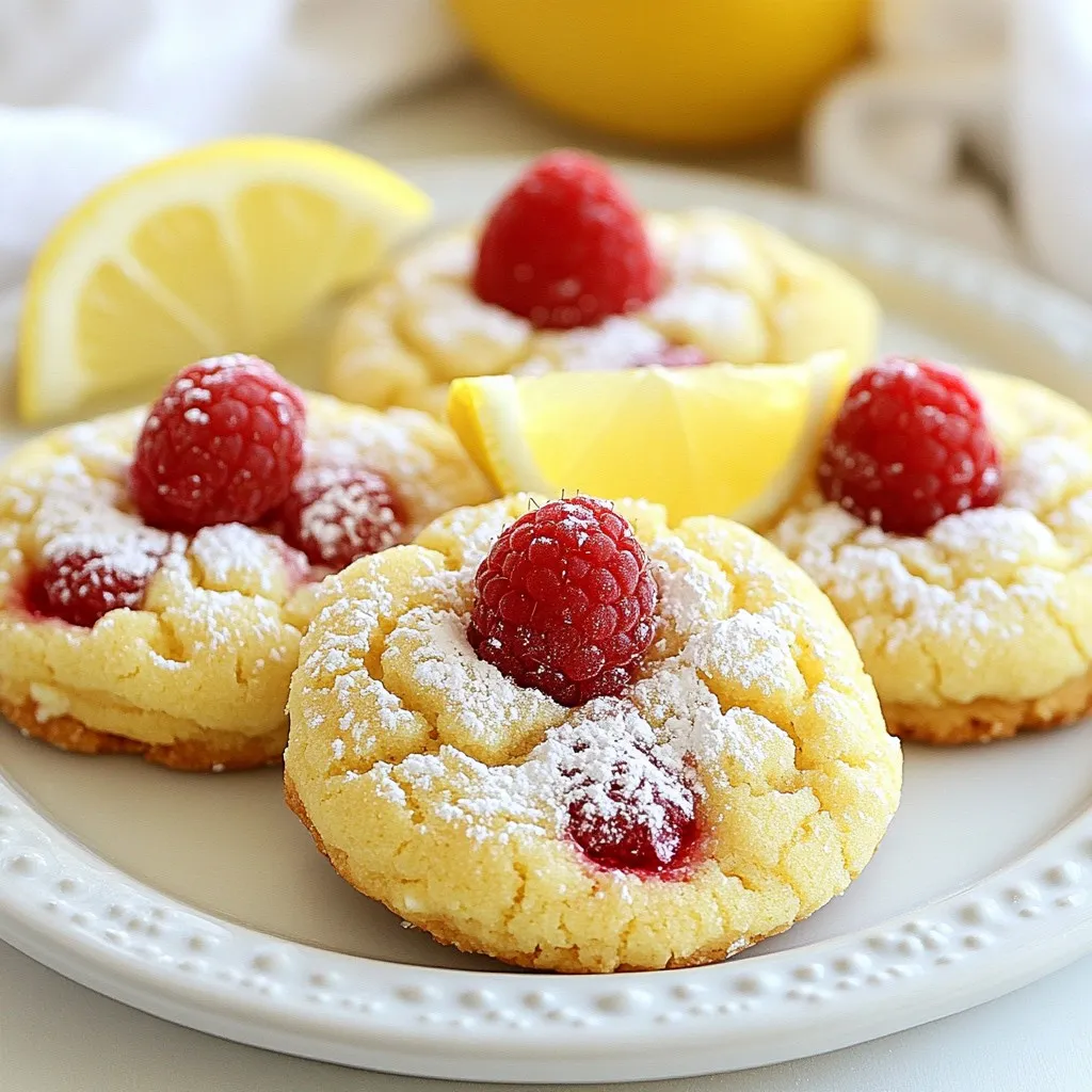 To make Lemon Raspberry Cheesecake Cookies, you need: - 1 cup unsalted butter, softened - 1 cup cream cheese, softened - 1 cup granulated sugar - 1 large egg - 2 teaspoons vanilla extract - Zest of 1 lemon - 2 tablespoons lemon juice - 2 cups all-purpose flour - 1 teaspoon baking powder - 1/2 teaspoon salt - 1 cup fresh raspberries (or frozen, thawed and drained) These ingredients create a tasty base for your cookies. The butter and cream cheese give them a rich and creamy texture. The zest and juice from the lemon add a bright, fresh flavor. You can also use: - 1/2 cup white chocolate chips These chips add a sweet twist to your cookies. They melt slightly during baking, giving a delightful creaminess. If you need to swap some ingredients, here are some ideas: - Use coconut oil instead of unsalted butter for a dairy-free option. - Replace cream cheese with a dairy-free cream cheese for a vegan choice. - For a gluten-free version, try almond flour or gluten-free flour mix. These substitutions keep the cookies delicious while fitting your needs. Enjoy your baking adventure! {{ingredient_image_1}} First, gather all your ingredients. You will need 1 cup of unsalted butter and 1 cup of cream cheese. Make sure both are softened. Next, get 1 cup of granulated sugar and 1 large egg. Don’t forget 2 teaspoons of vanilla extract, the zest of 1 lemon, and 2 tablespoons of lemon juice. You also need 2 cups of all-purpose flour, 1 teaspoon of baking powder, and 1/2 teaspoon of salt. Finally, have 1 cup of fresh raspberries or frozen ones that are thawed and drained. Optional white chocolate chips can add extra sweetness. Now, preheat your oven to 350°F (175°C). Line two baking sheets with parchment paper. In a large bowl, beat the softened butter and cream cheese together until smooth. This should take about 1-2 minutes. Gradually add the granulated sugar while you mix. Keep beating until the mixture is fluffy. Next, mix in the egg, vanilla extract, lemon zest, and lemon juice. Make sure everything blends well. In another bowl, whisk together the flour, baking powder, and salt. Slowly add this dry mix to the wet ingredients. Stir until just combined. Be careful not to overmix! Gently fold in the raspberries and white chocolate chips. Using a tablespoon, scoop out the dough. Place each scoop onto your prepared baking sheets. Make sure to space them about 2 inches apart. Now, it’s time to bake! Put the sheets in the preheated oven for 12-15 minutes. Watch for the edges to turn golden and the centers to look set. Once they are ready, remove them from the oven. Let the cookies cool on the baking sheet for 5 minutes. After that, transfer them to a wire rack to cool completely. If you want to store the cookies, place them in an airtight container. They will stay fresh for about a week at room temperature. For longer storage, you can freeze them. Just make sure to wrap them well! Enjoy your baking! To bake the best lemon raspberry cheesecake cookies, follow these easy tips: - Softened Ingredients: Make sure your butter and cream cheese are softened. This helps them mix well. - Don’t Overmix: Gently fold in raspberries and chocolate chips. Overmixing can break the raspberries. - Use a Cookie Scoop: This keeps cookies uniform in size. They will bake evenly. - Check the Oven: Every oven is different. Start checking cookies at 12 minutes. Look for golden edges. Serve your cookies in a fun and bright way. Here are some ideas: - Platter Presentation: Arrange cookies on a pretty platter. - Garnish: Dust cookies with powdered sugar. Add fresh raspberries and lemon wedges. - Pairing: Serve with tea or lemonade. The flavors will match nicely. You can change these cookies up for new tastes. Try these variations: - Add Nuts: Chopped almonds or pecans add a nice crunch. - Use Other Berries: Swap raspberries for blueberries or strawberries. - Add Spices: A pinch of cinnamon or nutmeg can add warmth. - Chocolate Swirls: Melt some chocolate and swirl it into the dough before baking. Pro Tips Chill the Dough: For best results, chill the cookie dough for at least 30 minutes before baking. This helps the cookies maintain their shape and results in a chewier texture. Fresh vs. Frozen Raspberries: If using frozen raspberries, make sure to thaw and drain them well to avoid excess moisture in the cookie dough, which can lead to soggy cookies. White Chocolate Pairing: Consider using flavored white chocolate chips, such as raspberry or lemon, to enhance the flavor profile of your cookies even further. Storage Tips: Store the cookies in an airtight container at room temperature for up to one week. You can also freeze them for up to three months for a sweet treat later! {{image_2}} You can mix and match flavors to create fun twists. Try adding blueberries or strawberries for a fruity kick. If you love chocolate, swap in dark chocolate chips instead of white ones. You can also use lemon extract for a stronger lemon taste. This way, you can enjoy a new cookie every time. To make these cookies vegan, replace the egg with a flax egg. Mix one tablespoon of ground flaxseed with two and a half tablespoons of water. Let it sit for a few minutes to thicken. Use vegan cream cheese and dairy-free butter. For gluten-free options, use a 1:1 gluten-free flour blend. These swaps keep the flavor while meeting dietary needs. Change the flavors with the seasons for fun treats. In spring, add fresh mint or lavender for a floral note. In fall, mix in pumpkin spice for a cozy flavor. You can even sprinkle in some cinnamon for a warm touch. These seasonal twists make your cookies exciting all year round! To keep your Lemon Raspberry Cheesecake Cookies fresh, store them in an airtight container. This helps maintain their soft texture and flavor. You can layer the cookies with parchment paper to prevent sticking. If you store them at room temperature, they last about five days. For longer storage, consider the fridge. Freezing these cookies is easy. Let them cool completely first. Place them in a single layer on a baking sheet. Freeze until solid, then transfer them to a freezer bag. Make sure to remove as much air as possible. These cookies can last up to three months in the freezer. When you want to eat them, thaw overnight in the fridge or at room temperature. Lemon Raspberry Cheesecake Cookies are best within five days at room temperature. If they look dry or hard, they may be stale. Mold or an off smell are clear signs of spoilage. Always check for these signs before enjoying your cookies. These cookies stand out because they mix rich cream cheese with zesty lemon and fresh raspberries. The creamy texture balances the fruity flavors. Each bite offers a delightful blend of sweet and tart. The addition of white chocolate chips adds a touch of luxury. This mix of flavors and textures makes them special. Yes, you can make these cookies ahead of time. Prepare the dough and scoop it onto baking sheets. Cover the sheets with plastic wrap and chill them in the fridge for up to 24 hours. You can also freeze the dough for longer storage. Just thaw it in the fridge before baking. The cookies are done when the edges turn a light golden color. The centers should look set but still soft. You can gently touch the top; if it springs back, they are ready. Avoid overbaking, as this can dry them out. If you need a substitute for cream cheese, use mascarpone or Greek yogurt. Both options provide a creamy texture. However, they will change the flavor slightly. You can also use a vegan cream cheese for a dairy-free option. Absolutely! These cookies make a lovely gift. They look pretty on a plate and taste amazing. Package them in a nice box or jar. Add a ribbon for a personal touch. Friends and family will love receiving these tasty treats. In this post, we covered the key ingredients for Lemon Raspberry Cheesecake Cookies, including essential and optional ones. I shared step-by-step baking instructions and tips for perfect cookies every time. We explored variations, vegan options, and how to store your treats. These cookies are a tasty treat for any occasion. Enjoy baking and sharing these unique flavors!