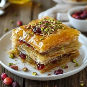 To make cranberry pistachio baklava, you need: - 1 package of phyllo dough (16 oz), thawed - 1 cup unsalted butter, melted - 1 cup pistachios, shelled and finely chopped - 1 cup dried cranberries, chopped - 1 teaspoon ground cinnamon - 1 cup granulated sugar - 1 cup water - 1/2 cup honey - 1 teaspoon vanilla extract - 1/4 teaspoon salt The key flavors in this baklava come from the cinnamon and vanilla. - Cinnamon adds warmth and depth. It blends beautifully with the nuts. - Vanilla extract gives a sweet aroma. It enhances the overall flavor. The mix of cranberries and pistachios provides a great balance of tartness and crunch. To make this baklava, you will need some basic kitchen tools: - A 9x13-inch baking dish - A sharp knife for cutting baklava - A mixing bowl to combine the filling - A pastry brush for applying melted butter - A saucepan for making syrup These tools will help you create a baklava that is not just tasty but also looks great on the plate. {{ingredient_image_1}} Start by preheating your oven to 350&deg;F (175&deg;C). Grease a 9x13-inch baking dish with melted butter. This helps the baklava not stick. In a bowl, mix your chopped pistachios, cranberries, ground cinnamon, and a pinch of salt. Stir well to combine. Next, lay one sheet of phyllo dough in the greased dish. Brush it lightly with melted butter. Repeat this with four more sheets, stacking them on top. Each layer adds crispiness. Then, spread a thin layer of your nut and cranberry mix over the phyllo. Continue layering. Add five more sheets of phyllo, brushing each with melted butter. Follow this by adding more nut mixture. Keep alternating until you use all the filling. Finish with five buttered phyllo sheets on top. Carefully cut the baklava into diamond or square shapes using a sharp knife. This makes serving easy. Place the dish in the preheated oven and bake for 45 to 50 minutes. You want it to be golden brown and crisp. While your baklava bakes, it&rsquo;s time to make the syrup. In a saucepan, combine sugar, water, honey, and vanilla extract. Bring this mixture to a boil. Once boiling, reduce the heat and let it simmer for 10 minutes. This creates a sweet syrup that will soak into the baklava. After the baklava is done baking, pour the cooled syrup over it right away. This allows the baklava to soak up the syrup and become deliciously sticky. Let the baklava cool at room temperature for at least 2 hours before you serve it. Enjoy! To get the right texture, use fresh phyllo dough. Thaw it slowly in the fridge overnight. Keep phyllo covered with a damp cloth while you work. This helps prevent it from drying out. Layering the dough is key. Brush each layer lightly with melted butter. This creates a crisp and flaky finish. Aim for at least twenty layers for the best results. One common mistake is not using enough butter. Each layer needs a light coat for that golden crisp. Another mistake is skipping the cutting step before baking. This helps the syrup soak in better. Also, do not rush the syrup. Let it cool before pouring it over the hot baklava. This makes a sticky, sweet layer that everyone loves. To enhance flavors, try adding spices. A pinch of nutmeg or cardamom can add warmth. You might also mix in a splash of orange blossom water for a floral note. For extra crunch, consider mixing in some walnuts with the pistachios. When garnishing, sprinkle extra chopped cranberries or pistachios on top for a pop of color. These small touches make a big difference in flavor and presentation. Pro Tips Use Fresh Ingredients: Ensure your pistachios and cranberries are fresh for the best flavor. Stale nuts can affect the overall taste of your baklava. Keep Phyllo Covered: Phyllo dough dries out quickly. Keep the unused sheets covered with a damp towel while you work to prevent them from becoming brittle. Let it Soak: Allow the baklava to soak in the syrup for several hours or overnight. This will enhance the flavor and give it a sticky texture. Experiment with Flavors: Feel free to add other nuts such as walnuts or almonds, or spices like nutmeg for a unique twist on traditional baklava. {{image_2}} You can change the nuts in baklava to suit your taste. If you want a twist, use walnuts or almonds instead of pistachios. Walnuts have a rich flavor and are easy to chop. Almonds add a nice crunch. You can also mix different nuts for a unique taste. Just remember to chop them finely for even layers. Cranberries bring a sweet and tart flavor. If you prefer other dried fruits, try apricots or figs. Chopped apricots add a bright touch, while figs give a deep sweetness. You can even use raisins for a classic flavor. Whatever you choose, chop the fruit to match the nut size for a balanced bite. To make your baklava special, think about adding spices or extracts. A pinch of nutmeg can warm the flavor. For a hint of citrus, add lemon zest to the nut mixture. You can also try almond or orange extract for a unique twist. Just a little goes a long way in adding depth. To keep your cranberry pistachio baklava fresh, place it in an airtight container. This helps to keep it from getting soggy. You can store it at room temperature for up to one week. If you live in a humid area, you may want to refrigerate it. Just remember to bring it back to room temperature before serving. You can freeze baklava if you want to keep it longer. First, let it cool completely after baking. Then, wrap it tightly in plastic wrap and aluminum foil. This will prevent freezer burn. It can last up to three months in the freezer. When you&rsquo;re ready to enjoy it, simply thaw it in the fridge overnight. Reheating baklava is easy. Preheat your oven to 350&deg;F (175&deg;C). Place the baklava on a baking sheet. Heat it for about 10-15 minutes. This helps to restore its crispiness. You can also warm it in a microwave for 10-15 seconds, but this may make it a bit soft. Enjoy your baklava warm for the best taste! Yes, you can make baklava ahead of time. It tastes great after sitting for a day or two. Just store it in an airtight container. This will keep it fresh and tasty. You can also prepare the baklava and freeze it. Just thaw and bake when you are ready. If you cannot find phyllo dough, try using spring roll wrappers. They give a similar crisp texture. You can also use puff pastry, but it will have a different taste. Just keep in mind that the cooking time might change. Traditional baklava is not gluten-free. Phyllo dough contains wheat, which has gluten. If you need a gluten-free option, use gluten-free phyllo dough or another substitute. Check the labels to ensure they meet your needs. Baklava can last up to a week at room temperature. If you store it in the fridge, it may last up to two weeks. Make sure it stays in an airtight container to keep it fresh. If you freeze it, it can last for up to three months. Just thaw it in the fridge before serving. You learned about the best ingredients, step-by-step instructions, and handy tips for making baklava. Remember to choose strong flavors and avoid common mistakes for great results. You now know how to store, freeze, and reheat it. With the right variations, you can customize baklava to your taste. Enjoy crafting this delicious treat and sharing it with friends and family. Making baklava is a fun way to show your love for good food.