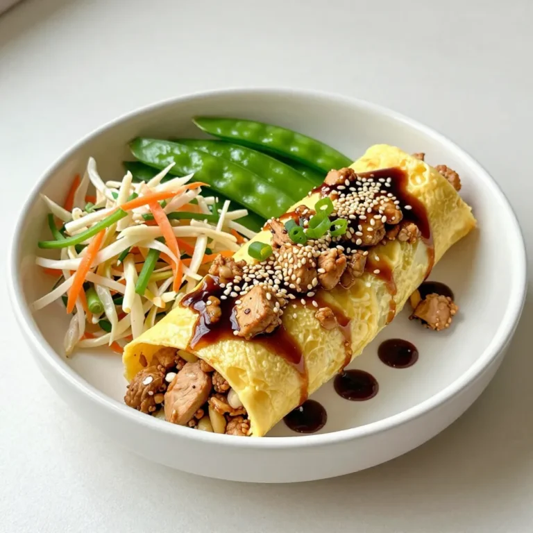 - 1 lb ground chicken (or turkey for a leaner option) - 1 bag (14 oz) coleslaw mix (cabbage and carrot) - 1 cup snap peas, trimmed and halved - 3 green onions, chopped The main ingredients give this dish its heartiness. Ground chicken or turkey serves as the protein base. You can choose turkey for a lighter meal. The coleslaw mix adds crunch and color. Snap peas bring a sweet and fresh flavor. Green onions add a mild, oniony bite. - 2 cloves garlic, minced - 1 tablespoon fresh ginger, grated - 3 tablespoons soy sauce (or tamari for gluten-free) - 1 tablespoon sesame oil - 1 teaspoon sriracha (optional, for heat) Flavor enhancers make the dish pop. Garlic and ginger add warmth and depth. Soy sauce or tamari gives a savory umami note. Sesame oil adds richness and a nutty aroma. If you like spice, add sriracha for heat. This blend of flavors makes every bite exciting. - Sesame seeds for garnish - Fresh cilantro for garnish (optional) Garnishes bring the dish to life. Sesame seeds add crunch and a hint of nutty flavor. Fresh cilantro can brighten the dish with freshness. You can skip the cilantro if you prefer. But it does add a nice touch. Garnishing elevates the look and taste of your meal. {{ingredient_image_1}} First, grab a large skillet or wok. Set it on medium-high heat and pour in the sesame oil. Let it warm up for about 30 seconds. Next, add the minced garlic and grated ginger. Sauté them until they smell great. This step adds a kick of flavor to your dish. Once your kitchen smells amazing, it’s time to add the ground chicken or turkey. Break it apart with a spatula. Cook it until it is browned and no longer pink. This should take about 5 to 7 minutes. Make sure to stir it often for even cooking. Now, stir in the coleslaw mix and snap peas. Cook these for 3 to 4 minutes. You want them to stay bright and crisp. Then, pour in the soy sauce and optional sriracha. Mix everything well and let it cook for another 2 minutes. This allows all the flavors to blend nicely. Finally, remove the pan from the heat. Add chopped green onions, saving some for a garnish. Serve it hot, topped with sesame seeds and fresh cilantro if you like. Enjoy your tasty meal! To get even browning, use high heat. Heat the sesame oil well before adding garlic and ginger. This helps release their flavors. When you add the ground chicken, break it up right away. This ensures it cooks evenly. If you use turkey, cook it a bit longer since it might get drier. Cooking times may vary with different proteins. Ground turkey takes a few extra minutes compared to chicken. If you switch to beef or pork, ensure they reach a safe temperature. Always check with a meat thermometer if unsure. You can add more vegetables for extra crunch and nutrition. Try bell peppers, broccoli, or mushrooms. Shredded zucchini or carrots also work well. These add color and taste to your dish. For sauces, soy sauce is a must, but you can mix it up! Try hoisin sauce for sweetness or teriyaki for a twist. Add chili garlic sauce for heat, or go for a tangy rice vinegar kick. Pairing Egg Roll in a Bowl with rice or noodles enhances the meal. Jasmine rice or brown rice complements the flavor. For noodles, try udon or rice noodles. To make your dish look appealing, use a colorful bowl. Garnish with sesame seeds and fresh cilantro. Arrange the green onions on top for a pop of color. A nice presentation makes the meal more inviting! Pro Tips Use Fresh Ingredients: Fresh garlic and ginger will enhance the flavor significantly compared to dried versions. Adjust the Heat: If you prefer a milder dish, reduce the amount of sriracha or omit it entirely. Meal Prep Friendly: This dish can be made ahead of time and stored in the fridge for quick meals throughout the week. Customize Your Veggies: Feel free to add other vegetables like bell peppers or broccoli for added nutrition and variety. {{image_2}} To make your egg roll in a bowl gluten-free, simply swap the soy sauce for tamari. Tamari is a great choice since it offers a similar taste without gluten. You can also check labels when buying coleslaw mix and ensure no gluten is added. For vegan alternatives, replace the ground chicken with tofu or tempeh. Crumble firm tofu and cook it the same way as the meat. This keeps the dish hearty while making it plant-based. You can still use the same sauces for flavor. Want to add a twist? Try using shrimp or tofu as your protein. Both options bring a different texture and taste. If you choose shrimp, cook them until pink and tender. For tofu, ensure it’s crispy for a great bite. You can also boost the flavor by adding spices. A pinch of five-spice powder can give a sweet and warm flavor. You might also like to drizzle some hoisin sauce over the top for a sweet finish. Mixing in chili flakes adds heat and extra zing. Using seasonal veggies can make this dish even better. In spring, add asparagus or snap peas for crunch. In summer, try bell peppers for sweetness. Fall brings great options like butternut squash, and in winter, add hearty greens like kale. You can also change the flavor profile based on the season. In fall, add warm spices like cinnamon or nutmeg for a cozy feel. In summer, a splash of lime juice brightens the dish. Explore what your local market offers to keep it fresh and exciting! To keep your Egg Roll in a Bowl fresh, use an airtight container. Glass or plastic containers work well. Make sure to let the dish cool down first. Once cool, cover it tightly and place it in the fridge. It stays good for about three to four days. When you're ready to enjoy your leftovers, reheat them in a skillet. Heat on medium until warm, stirring often. You can also use a microwave. Place the dish in a microwave-safe bowl and cover it. Heat in short intervals, about 1-2 minutes, stirring in between. If you want to save some for later, freezing is a great option. Let the dish cool completely before freezing. Portion it into freezer-safe bags or containers. Remove as much air as you can to prevent freezer burn. To thaw, move it to the fridge overnight before reheating. This way, it tastes just as good as fresh! You can use several options instead of ground chicken. Ground turkey is a lean choice. For a plant-based option, try crumbled tofu or tempeh. Both give a nice texture. You can also use ground beef or pork if you prefer. Yes, it is quite healthy! The dish is low in carbs and high in protein. The coleslaw mix adds fiber and vitamins. Using lean meats keeps fat content down. You can control the sodium by using low-sodium soy sauce. This dish also has fresh veggies, which boost nutrients. The total time is about 20 minutes. You’ll spend around 10 minutes prepping. Cooking takes another 10 minutes. This speed makes it perfect for busy nights! This article covers making a tasty Egg Roll in a Bowl. You learned about key ingredients like ground chicken, cabbage, and seasonings that boost flavor. We went step-by-step through cooking methods and shared tips for perfecting each dish. Remember, you can adjust recipes based on your diet or what you have at home. Enjoy experimenting with different flavors and veggies. With practice, you will master this quick and healthy meal!