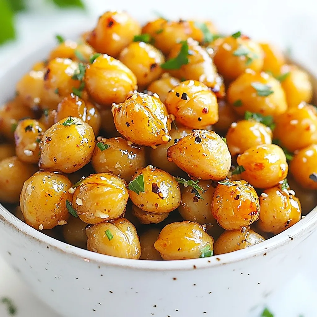 To make Honey Garlic Roasted Chickpeas, you will need the following: - 1 can (15 oz) chickpeas, rinsed and drained - 2 tablespoons olive oil - 3 tablespoons honey - 3 cloves garlic, minced - 1 teaspoon smoked paprika - 1/2 teaspoon salt - 1/4 teaspoon black pepper - 1/4 teaspoon cayenne pepper (optional for heat) - Fresh parsley, chopped (for garnish) When measuring, use a standard measuring spoon for accuracy. Make sure to rinse the chickpeas well to remove any canning liquid. For honey, use a liquid measuring cup for a clean pour. If you don’t have a measuring spoon, a tablespoon from your kitchen can work just fine. Just remember that 1 tablespoon equals 3 teaspoons. If you need to swap ingredients, here are some ideas: - Use maple syrup instead of honey for a vegan option. - Avocado oil can replace olive oil for a different flavor. - If you don’t have smoked paprika, regular paprika works too. - For garlic, garlic powder can stand in, but fresh is best. - If you want more heat, add a pinch of chili powder instead of cayenne. These tips help you make this snack your own while keeping it tasty. {{ingredient_image_1}} To make honey garlic roasted chickpeas, start by gathering your ingredients. You need one can of chickpeas, olive oil, honey, garlic, and spices. Rinsing and draining the chickpeas is key for crispness. This step removes excess liquid, allowing the chickpeas to roast perfectly. 1. First, preheat your oven to 400°F (200°C). Line a baking sheet with parchment paper. This makes cleanup easy. 2. In a bowl, mix the drained chickpeas with two tablespoons of olive oil. Add three tablespoons of honey and three minced garlic cloves. 3. Now, sprinkle in one teaspoon of smoked paprika, half a teaspoon of salt, and a quarter teaspoon of black pepper. If you like heat, add a quarter teaspoon of cayenne pepper. 4. Toss everything together until the chickpeas are coated well. This mix gives them amazing flavor. 5. Spread the chickpeas on the lined baking sheet in a single layer. This helps them cook evenly. 6. Roast them in the oven for 25 to 30 minutes. Stir them halfway through to ensure they brown nicely. 7. Once they are golden brown and crispy, take them out. Let them cool for a few minutes. They will get even crispier as they cool. 8. Finally, transfer the chickpeas to a bowl and garnish with chopped parsley. This adds color and freshness. - Make sure your chickpeas are dry before mixing. This step helps with crispness. - Stirring halfway through roasting is important. It helps them cook evenly. - If you prefer extra crunch, roast them a few minutes longer. Just keep an eye on them! - For serving, a stylish bowl makes a great presentation. You can also add a dipping sauce like yogurt or hummus. This adds extra flavor and fun. The prep time for honey garlic roasted chickpeas is just 10 minutes. This quick step includes rinsing and draining the chickpeas and mixing them with the other ingredients. Once prepped, you will roast the chickpeas in the oven. This takes about 25 to 30 minutes. They will turn golden and crispy, perfect for snacking. This recipe makes four servings. You can enjoy the chickpeas straight from the bowl. They pair well with yogurt or hummus for dipping. For a nice touch, add a sprinkle of fresh parsley on top for color. Pro Tips Use Dried Chickpeas: For an even more flavorful and crispy result, try using dried chickpeas that you soak and cook yourself instead of canned ones. Adjust Sweetness: Depending on your taste preference, feel free to adjust the amount of honey. You can use maple syrup for a vegan alternative. Spice Variations: Experiment with different spices like cumin, curry powder, or garlic powder to customize the flavor profile of your roasted chickpeas. Storage Tips: Store any leftover roasted chickpeas in an airtight container at room temperature for up to a week to maintain their crunchiness. {{image_2}} You can change the flavor of your honey garlic roasted chickpeas. Here are a few ideas: - Add herbs: Mix in rosemary or thyme for a fresh taste. - Try different sweeteners: Use maple syrup or agave instead of honey. - Experiment with spices: Try cumin or curry powder for a bold kick. - Add a squeeze of lemon: It brightens the flavors and adds zest. These easy swaps let you make the recipe fit your taste. To keep your roasted chickpeas fresh, store them in an airtight container. Here’s how: - Room temperature: They last for up to three days. - Refrigerate: If you need to keep them longer, store them in the fridge for up to a week. - Reheat: To regain crispiness, place them in the oven for a few minutes. Avoid microwaving, as it may make them soggy. Watch out for these common mistakes when making honey garlic roasted chickpeas: - Not drying chickpeas: Always dry them well after rinsing. Wet chickpeas won’t crisp up. - Overcrowding the pan: Spread them out in a single layer for even roasting. - Skipping stirring: Stir halfway through cooking for even browning. - Not checking doneness: Every oven is different. Keep an eye on them for best results. Avoiding these pitfalls helps ensure a tasty snack every time! To add some heat, try spicy honey garlic chickpeas. Start by mixing in cayenne pepper. You can also use chili powder for a different flavor. Just add a pinch or more to your bowl. The heat will pair well with the sweet honey. This gives you a nice kick with every bite. You can adjust the spice to fit your taste. Serve these spicy chickpeas as a fun snack or appetizer. For a fresh twist, consider herb-infused options. You can add dried herbs like thyme or rosemary to the mix. These herbs add a nice aroma and flavor to the chickpeas. Fresh herbs like basil or cilantro can also work well. Just chop them finely and mix them in before roasting. This variation gives your dish a garden-fresh taste that everyone will love. If you want a vegan twist, you can replace honey. Use maple syrup or agave nectar instead. Both will give you that sweet flavor without using honey. The process stays the same, and you still get crispy chickpeas. This option keeps the recipe plant-based while still being tasty. You won’t miss the honey at all! Yes, you can use dried chickpeas. However, you need to cook them first. Soak them overnight and then boil until tender. This process takes longer than using canned chickpeas. Canned chickpeas save time and are ready to use right away. To store leftover roasted chickpeas, let them cool completely. Place them in an airtight container. They will stay fresh for up to three days. For longer storage, keep them in the fridge. You can also freeze them, but their crispness may change. Honey garlic roasted chickpeas are great on their own. You can serve them with yogurt or hummus for dipping. Add them to salads for extra crunch. They also work well as a topping on soups or grain bowls. Try mixing them with nuts for a fun snack mix! This blog post covered ingredients, cooking steps, and helpful tips for roasted chickpeas. You learned how to measure ingredients, substitute when needed, and perfect your cooking process. Remember to customize your flavors and avoid common mistakes. With these skills, you can create tasty variations like spicy or herb-infused chickpeas. Store leftovers properly for a quick snack. Enjoy these dishes that are fun to make and great to share. Dive in and have fun cooking!
