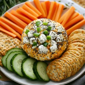 - 16 oz cream cheese, softened - 1 cup shredded cheddar cheese - 1/2 cup crumbled feta cheese - 1 tablespoon Worcestershire sauce - 1 tablespoon garlic powder - 1 tablespoon onion powder - 1 tablespoon sesame seeds - 1 tablespoon poppy seeds - Salt and pepper to taste - Fresh veggies (like carrots, cucumbers, and bell peppers) - A variety of crackers {{ingredient_image_1}} First, gather your tools and ingredients. In a large mixing bowl, combine the softened cream cheese, shredded cheddar cheese, and crumbled feta cheese. I like using a hand mixer for a smooth blend. Mix until creamy and well combined. Next, add the finely chopped green onions, sour cream, Worcestershire sauce, garlic powder, onion powder, salt, and pepper. Stir until everything is evenly mixed. This mixture should smell amazing! Now, let&rsquo;s shape our cheese ball. Lay a sheet of plastic wrap on your counter. Scoop the cheese mixture onto the plastic wrap. Use your hands to form it into a ball shape. Wrap the mixture tightly in the plastic wrap. Place it in the fridge for at least 2 hours. This will help the cheese ball firm up nicely. While the cheese ball chills, prepare the seed mixture. In a shallow dish, combine the sesame seeds, poppy seeds, dried minced garlic, and dried minced onion. Once the cheese ball is firm, unwrap it from the plastic wrap. Roll it in the seed mixture, pressing gently. Make sure it&rsquo;s evenly coated. Now, place the cheese ball on a serving platter. If you want, add extra green onions on top for a pop of color. To avoid lumps in your cheese mixture, ensure your cream cheese is softened. Let it sit at room temperature for about 30 minutes. You can also microwave it for 10 seconds. When you mix the cheese, use a hand mixer or a wooden spoon. This helps blend everything smoothly. Arranging accompaniments well makes a big difference. Use a large platter and place fresh veggies like carrots and cucumbers around the cheese ball. Add a variety of crackers for dipping. For visual appeal, sprinkle extra green onions on top of the cheese ball. You can also add fresh herbs for a pop of color. To store the cheese ball, wrap it tightly in plastic wrap. Keep it in the fridge for up to a week. When serving after storage, let it sit at room temperature for about 15 minutes. This helps restore its creamy texture. Pro Tips Chill for Best Texture: Make sure to chill the cheese ball for at least 2 hours. This helps it firm up, making it easier to slice and serve. Customize Your Flavors: Feel free to add your favorite herbs or spices to the cheese mixture for a personalized twist, such as fresh dill or smoked paprika. Serving Suggestions: Pair the cheese ball with a variety of dippers like pretzels, sliced apples, or pita chips to complement the rich flavors. Presentation is Key: For an eye-catching display, garnish with additional green onions or fresh herbs before serving to enhance the visual appeal. {{image_2}} You can switch cheeses to create your own flavor. Goat cheese adds a tangy twist. It pairs well with the creamy base. You might also try blue cheese for a bold taste. Pepper jack gives a spicy kick. Mixing different cheeses keeps things fun and fresh. Herbs can brighten up your cheese ball. Dill adds a pop of freshness. Chives bring a mild onion flavor. For those who like heat, add cayenne pepper. A little spice can make your cheese ball exciting. Experiment with spices that you love for unique flavors. If you want a vegan cheese ball, use plant-based cream cheese. Nutritional yeast can add a cheesy flavor without dairy. For gluten-free options, serve with rice cakes or veggies. These choices let everyone enjoy your cheese ball. Everyone should savor the fun at your party! Store the Everything Bagel Cheese Ball in the fridge for up to one week. Keep it in an airtight container to maintain freshness. Watch for any signs of spoilage, such as a change in color or an off smell. If it looks dry or hard, it&rsquo;s best to toss it. You can freeze the cheese ball for longer storage. Wrap it tightly in plastic wrap and place it in a freezer-safe container. It can last up to three months in the freezer. When ready to serve, thaw it in the fridge overnight. Serve it cold for the best taste and texture. Making the cheese ball ahead of time is a smart choice for parties. You can prepare it up to two days in advance. Use a glass or plastic container with a tight lid for storage. This keeps the cheese ball fresh and ready to impress your guests! Yes, you can make this cheese ball ahead of time. It tastes better when chilled. Make it one to two days before your party. Store it covered in plastic wrap in the fridge. This keeps it fresh and flavorful. Serve the cheese ball with many tasty options. Here are some ideas: - Fresh veggies, like carrots and cucumbers - Assorted crackers for dipping - Sliced bell peppers for a colorful touch - Pita chips for a crunchy contrast These choices add flavor and texture. They also make your platter look great! The cheese ball lasts about five days in the fridge. Keep it in an airtight container. Look for signs of spoilage, like a change in smell or texture. If it smells off, throw it away. Enjoy it while it's fresh! The Everything Bagel Cheese Ball uses simple ingredients like cream cheese, cheddar, and feta. You mix in savory spices and roll it in seeds for a tasty treat. Serving it with fresh veggies or crackers adds the perfect crunch. Remember to store leftovers properly to keep them fresh. You can even try different cheese blends and spices for your own twist. This cheese ball is great for parties and easy to make ahead. Try it and impress your guests!