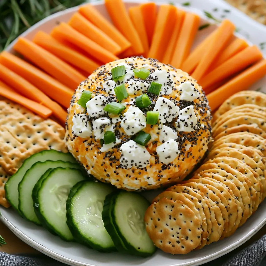 - 16 oz cream cheese, softened - 1 cup shredded cheddar cheese - 1/2 cup crumbled feta cheese - 1 tablespoon Worcestershire sauce - 1 tablespoon garlic powder - 1 tablespoon onion powder - 1 tablespoon sesame seeds - 1 tablespoon poppy seeds - Salt and pepper to taste - Fresh veggies (like carrots, cucumbers, and bell peppers) - A variety of crackers {{ingredient_image_1}} First, gather your tools and ingredients. In a large mixing bowl, combine the softened cream cheese, shredded cheddar cheese, and crumbled feta cheese. I like using a hand mixer for a smooth blend. Mix until creamy and well combined. Next, add the finely chopped green onions, sour cream, Worcestershire sauce, garlic powder, onion powder, salt, and pepper. Stir until everything is evenly mixed. This mixture should smell amazing! Now, let’s shape our cheese ball. Lay a sheet of plastic wrap on your counter. Scoop the cheese mixture onto the plastic wrap. Use your hands to form it into a ball shape. Wrap the mixture tightly in the plastic wrap. Place it in the fridge for at least 2 hours. This will help the cheese ball firm up nicely. While the cheese ball chills, prepare the seed mixture. In a shallow dish, combine the sesame seeds, poppy seeds, dried minced garlic, and dried minced onion. Once the cheese ball is firm, unwrap it from the plastic wrap. Roll it in the seed mixture, pressing gently. Make sure it’s evenly coated. Now, place the cheese ball on a serving platter. If you want, add extra green onions on top for a pop of color. To avoid lumps in your cheese mixture, ensure your cream cheese is softened. Let it sit at room temperature for about 30 minutes. You can also microwave it for 10 seconds. When you mix the cheese, use a hand mixer or a wooden spoon. This helps blend everything smoothly. Arranging accompaniments well makes a big difference. Use a large platter and place fresh veggies like carrots and cucumbers around the cheese ball. Add a variety of crackers for dipping. For visual appeal, sprinkle extra green onions on top of the cheese ball. You can also add fresh herbs for a pop of color. To store the cheese ball, wrap it tightly in plastic wrap. Keep it in the fridge for up to a week. When serving after storage, let it sit at room temperature for about 15 minutes. This helps restore its creamy texture. Pro Tips Chill for Best Texture: Make sure to chill the cheese ball for at least 2 hours. This helps it firm up, making it easier to slice and serve. Customize Your Flavors: Feel free to add your favorite herbs or spices to the cheese mixture for a personalized twist, such as fresh dill or smoked paprika. Serving Suggestions: Pair the cheese ball with a variety of dippers like pretzels, sliced apples, or pita chips to complement the rich flavors. Presentation is Key: For an eye-catching display, garnish with additional green onions or fresh herbs before serving to enhance the visual appeal. {{image_2}} You can switch cheeses to create your own flavor. Goat cheese adds a tangy twist. It pairs well with the creamy base. You might also try blue cheese for a bold taste. Pepper jack gives a spicy kick. Mixing different cheeses keeps things fun and fresh. Herbs can brighten up your cheese ball. Dill adds a pop of freshness. Chives bring a mild onion flavor. For those who like heat, add cayenne pepper. A little spice can make your cheese ball exciting. Experiment with spices that you love for unique flavors. If you want a vegan cheese ball, use plant-based cream cheese. Nutritional yeast can add a cheesy flavor without dairy. For gluten-free options, serve with rice cakes or veggies. These choices let everyone enjoy your cheese ball. Everyone should savor the fun at your party! Store the Everything Bagel Cheese Ball in the fridge for up to one week. Keep it in an airtight container to maintain freshness. Watch for any signs of spoilage, such as a change in color or an off smell. If it looks dry or hard, it’s best to toss it. You can freeze the cheese ball for longer storage. Wrap it tightly in plastic wrap and place it in a freezer-safe container. It can last up to three months in the freezer. When ready to serve, thaw it in the fridge overnight. Serve it cold for the best taste and texture. Making the cheese ball ahead of time is a smart choice for parties. You can prepare it up to two days in advance. Use a glass or plastic container with a tight lid for storage. This keeps the cheese ball fresh and ready to impress your guests! Yes, you can make this cheese ball ahead of time. It tastes better when chilled. Make it one to two days before your party. Store it covered in plastic wrap in the fridge. This keeps it fresh and flavorful. Serve the cheese ball with many tasty options. Here are some ideas: - Fresh veggies, like carrots and cucumbers - Assorted crackers for dipping - Sliced bell peppers for a colorful touch - Pita chips for a crunchy contrast These choices add flavor and texture. They also make your platter look great! The cheese ball lasts about five days in the fridge. Keep it in an airtight container. Look for signs of spoilage, like a change in smell or texture. If it smells off, throw it away. Enjoy it while it's fresh! The Everything Bagel Cheese Ball uses simple ingredients like cream cheese, cheddar, and feta. You mix in savory spices and roll it in seeds for a tasty treat. Serving it with fresh veggies or crackers adds the perfect crunch. Remember to store leftovers properly to keep them fresh. You can even try different cheese blends and spices for your own twist. This cheese ball is great for parties and easy to make ahead. Try it and impress your guests!