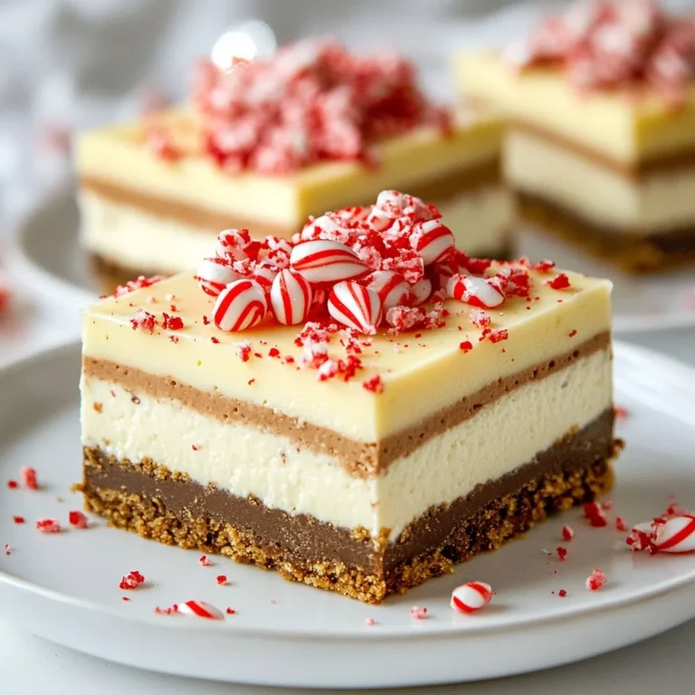 To make these delicious bars, gather these key ingredients: - 1 ½ cups graham cracker crumbs - ½ cup unsalted butter, melted - 2 tablespoons sugar - 16 oz cream cheese, softened - 1 cup granulated sugar - 1 teaspoon vanilla extract - 2 large eggs - ½ cup sour cream - ½ cup brewed coffee, cooled - 1 tablespoon cocoa powder - ½ teaspoon peppermint extract These ingredients create a rich, creamy filling with a sweet and minty flavor. The graham cracker crust adds a crunchy base that perfectly balances the smooth cheesecake. You can add some fun and festive touches with these garnishes: - Crushed peppermint candies - Drizzle of chocolate sauce These toppings not only make your bars look great but also add extra flavor and a holiday touch. The crushed candies give a nice crunch and a burst of peppermint. If you need to swap ingredients, here are some ideas: - Use coconut oil instead of butter for a dairy-free option. - Greek yogurt can replace sour cream for a tangy twist. - For a caffeine-free version, use decaf coffee. These substitutions help you customize the recipe while still keeping it tasty. Enjoy making this festive treat! {{ingredient_image_1}} Start by preheating your oven to 325°F (165°C). In a bowl, mix 1 ½ cups of graham cracker crumbs, ½ cup of melted unsalted butter, and 2 tablespoons of sugar. Stir well until it looks like wet sand. Press this mixture into the bottom of a greased 9x9 inch baking pan. Make sure it is even and compact. This step creates a solid base for your cheesecake bars. In a large mixing bowl, beat 16 oz of softened cream cheese until it is creamy and smooth. Gradually mix in 1 cup of granulated sugar until it is fully combined. Next, add 1 teaspoon of vanilla extract, ½ cup of sour cream, and ½ teaspoon of peppermint extract. Blend in 2 large eggs, one at a time. Mix until each egg is well incorporated before adding the next. Finally, pour in ½ cup of cooled brewed coffee and 1 tablespoon of cocoa powder. Mix until well combined but do not overmix. Pour the cheesecake filling over your cooled graham cracker crust, spreading it out evenly. Bake in the preheated oven for 40-45 minutes. The center should be set but still slightly jiggly. Once baked, take the cheesecake bars out and let them cool on a wire rack until they reach room temperature. After cooling, refrigerate for at least 4 hours, or overnight if you can wait. This step is key for the bars to set properly. When ready, cut them into bars and top with crushed peppermint candies for a festive touch. To get the best texture for your cheesecake bars, follow these tips: - Use softened cream cheese. Let it sit at room temp for 30 minutes. - Mix gently. Overmixing can add air and make your bars crack. - Bake until slightly jiggly. This means the center is set but still soft. - Cool slowly. After baking, let the bars cool at room temp first. Be aware of these common mistakes: - Skipping the cooling time. It’s key for the bars to set up properly. - Not measuring ingredients correctly. Use a kitchen scale for best results. - Baking at too high a temperature. Stick to 325°F (165°C) for even cooking. - Using hot coffee. Always let it cool before mixing into the batter. For a festive touch, serve your bars like this: - Garnish with crushed peppermint candies. It adds a nice crunch and flavor. - Drizzle chocolate sauce on top. This creates a rich, elegant look. - Serve chilled. It makes the flavors pop and feels refreshing. - Pair with whipped cream. A dollop adds creaminess and balances the taste. Pro Tips Chill Your Ingredients: Make sure your cream cheese and sour cream are at room temperature before mixing. This helps to achieve a smoother filling without lumps. Use Quality Cocoa Powder: Opt for a high-quality cocoa powder for the best flavor. The richness of the cocoa will significantly enhance your cheesecake bars. Don't Overmix: When incorporating the coffee and cocoa, mix just until combined. Overmixing can lead to cracks in your cheesecake as it bakes. Rest Before Cutting: Allow the cheesecake to fully chill in the refrigerator, preferably overnight. This will make it easier to cut into clean, even bars. {{image_2}} You can change the flavor of your cheesecake bars in fun ways. Instead of peppermint, try using orange zest for a bright twist. You could also swap the cocoa powder for melted chocolate for a rich touch. For a festive vibe, use ginger or cinnamon for a holiday spice. Each variation brings its own magic! If you need a gluten-free option, use gluten-free graham crackers for the crust. Just crush them as you would regular ones. Ensure all your other ingredients, like the baking powder and chocolate, are gluten-free too. This way, everyone can enjoy these rich bars without worry. For a vegan version, replace the cream cheese with a plant-based alternative. Use silken tofu blended until smooth or a dairy-free cream cheese. Instead of eggs, you can use flaxseed meal mixed with water as a binder. This gives the bars the perfect texture while keeping them vegan-friendly. You won’t miss the dairy! To keep your peppermint mocha cheesecake bars fresh, store them in the fridge. Place them in an airtight container. This helps keep the bars moist and flavorful. If you use a plate, cover it tightly with plastic wrap. Avoid letting them sit out at room temperature for long. This can cause them to lose their creamy texture and taste. These cheesecake bars can last up to five days in the fridge. After that, they may lose their flavor and texture. If you notice any changes in smell or look, it is best to toss them out. Always check for freshness before enjoying your treat! You can freeze these cheesecake bars if you want to save some for later. Cut them into individual bars before freezing. Wrap each bar tightly in plastic wrap, then place them in a freezer-safe bag. They can last for about three months in the freezer. To enjoy, just thaw them in the fridge overnight. Avoid refreezing them to keep the best taste and texture. Yes, you can! While I love the graham cracker crust, you can try other options. A chocolate cookie crust adds a rich flavor. You could also use an Oreo crust for a fun twist. Just follow the same steps for pressing the crust into the pan. Make sure it's even and firm. Check the center of the bars. They should be set but still have a slight jiggle. This means they will firm up as they cool. If the edges look firm and the middle jiggles a bit, they are ready. Don't overbake them, or they will crack. Absolutely! These cheesecake bars are great for making ahead. You can bake them one to two days before your event. Just let them cool and then chill them in the fridge. This helps the flavors blend nicely. When you're ready to serve, just cut them up and add the crushed peppermint on top. You've learned how to make delicious peppermint mocha cheesecake bars. We covered essential ingredients, step-by-step instructions, and helpful tips. We also discussed tasty variations and storage ideas. Follow these guides to ensure your bars turn out perfectly every time. Enjoy creating sweet treats that please every palate. With practice and patience, you'll master this dessert and impress your friends and family.