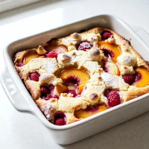 - 2 cups fresh peaches, peeled and diced - 1 cup fresh raspberries Fresh fruits bring flavor and natural sweetness to the cobbler bars. Peaches add a soft, juicy texture. Raspberries offer a tart contrast, making each bite exciting. Always choose ripe fruits for the best taste. - 1 cup granulated sugar, divided - 1 tablespoon lemon juice - 1 teaspoon vanilla extract - 1/2 cup brown sugar, packed Pantry staples are key to sweetening and flavoring the bars. Granulated sugar helps the fruits shine. Brown sugar adds depth, while lemon juice brightens the overall taste. Vanilla extract provides warmth and richness. - 2 cups all-purpose flour - 1 teaspoon baking powder - 1/2 teaspoon baking soda - 1/2 teaspoon salt - 1 cup unsalted butter, softened - 1 large egg - 2 teaspoons cinnamon These baking essentials create the structure and texture of the bars. All-purpose flour gives a sturdy base. Baking powder and baking soda help the bars rise, while salt balances the sweetness. Butter adds richness, and cinnamon gives a warm, inviting flavor. The egg acts as a binder, bringing everything together. {{ingredient_image_1}} First, set your oven to 350&deg;F (175&deg;C). This step is crucial for even baking. Grease a 9x13-inch baking dish. You can also line it with parchment paper. This makes for easy removal later on. In a medium bowl, mix 2 cups of diced peaches and 1 cup of fresh raspberries. Add 1/4 cup of granulated sugar, 1 tablespoon of lemon juice, and 1 teaspoon of vanilla extract. Stir gently to coat the fruit. Let it sit for a while. This marinating helps the flavors blend well. In a large bowl, whisk together 2 cups of all-purpose flour, 1 teaspoon of baking powder, 1/2 teaspoon of baking soda, 1/2 teaspoon of salt, and 2 teaspoons of cinnamon. In another bowl, cream together 1 cup of softened butter, 3/4 cup of granulated sugar, and 1/2 cup of brown sugar until it is light and fluffy. Then, add 1 large egg and mix until combined. Gradually add the dry mixture to the wet mixture. Stir until just combined. The batter will be thick, which is perfect for our bars. Set aside about 1 cup of the batter for the topping. Spread the rest of the batter evenly in the baking dish. Pour the marinated peach and raspberry mix over the batter. Distribute the fruit evenly. Crumble the reserved batter over the fruit. Try to cover it evenly, but let some fruit show. Bake in the oven for 35-40 minutes. Check for doneness by inserting a toothpick in the center. It should come out clean when they are done. Once baked, remove the dish from the oven. Let it cool for at least 15 minutes before cutting into bars. Serve them warm or at room temperature. You can dust them with powdered sugar for a sweet touch. Pair with vanilla ice cream or whipped cream for an extra treat. To make the best Peach Raspberry Cobbler Bars, use ripe peaches and fresh raspberries. Their flavor shines through in each bite. Make sure to cream the butter and sugars well. This step adds air and lightness to the bars. When mixing the dry and wet ingredients, don&rsquo;t overmix. A thick batter is key for texture. If you run out of fresh fruit, frozen fruit works in a pinch. Just thaw and drain excess moisture. For a dairy-free option, try coconut oil instead of butter. You can substitute almond flour for a gluten-free version. Use maple syrup or honey as a sugar alternative for a different taste. Serve the cobbler bars warm or at room temperature. Dust them with powdered sugar for a sweet touch. Pair each bar with a scoop of vanilla ice cream or whipped cream. You can add a sprig of mint for color. For a fun twist, drizzle with caramel sauce or chocolate sauce. Pro Tips Use Ripe Fruit: For the best flavor, ensure your peaches are ripe and sweet. This will enhance the overall taste of your cobbler bars. Mixing Technique: When combining the dry and wet ingredients, mix just until combined to keep the bars tender. Overmixing can result in a dense texture. Cooling Time: Allow the bars to cool in the baking dish for at least 15 minutes before cutting. This helps them set and makes slicing easier. Serving Suggestions: These bars are delicious on their own, but serving them with vanilla ice cream or whipped cream takes them to the next level! {{image_2}} You can change the fruits in these bars. Try using blueberries or blackberries. You can mix peaches with strawberries for a sweet twist. Each fruit brings its flavor. This makes your cobbler bars unique. If you want gluten-free bars, swap the all-purpose flour. Use almond flour or a gluten-free blend. They work well in this recipe. Follow the same steps for mixing. You may need to adjust the baking time a bit. To boost flavor, add a touch of nutmeg or cardamom. You can also use almond extract instead of vanilla. A sprinkle of lemon zest can add freshness. Experiment with spices to find your favorite blend. These simple changes can make a big difference. To keep your peach raspberry cobbler bars fresh, store them in an airtight container. Place parchment paper between layers to avoid sticking. You can keep them at room temperature for up to two days. For longer storage, move them to the fridge, where they last about a week. When you want to enjoy your cobbler bars again, simply reheat them. Preheat your oven to 350&deg;F (175&deg;C). Place the bars on a baking sheet. Heat for about 10-15 minutes until warm. You can also use a microwave. Heat for 20-30 seconds, but be careful not to overdo it, as they can become soggy. If you want to save some bars for later, freezing works great. Cut the bars into squares and let them cool completely. Wrap each piece tightly in plastic wrap and then place them in a freezer-safe bag. They can last up to three months in the freezer. When ready to eat, thaw them overnight in the fridge and reheat as needed. Yes, you can use frozen fruit. Just thaw and drain it well. This keeps the bars from getting too watery. Frozen fruit can still taste great and add color. To cut the bars, use a sharp knife. Wait at least 15 minutes after cooling. This helps the bars set up. Cut them into squares or rectangles for easy serving. Look for a golden brown top. Insert a toothpick in the center. If it comes out clean, the bars are ready. Baking usually takes about 35-40 minutes. Absolutely! Chopped nuts like almonds or walnuts add crunch. You can also sprinkle oats or coconut on top for extra flavor. Be creative with your toppings! Each bar has around 200 calories. This includes 10g of fat and 25g of carbs. The bars also have a small amount of protein. For exact details, check your specific ingredients. This blog post covered the tasty Peach Raspberry Cobbler Bars. We explored ingredients, from fresh fruits to baking essentials. I shared step-by-step instructions for an easy bake. You also learned tips for perfecting your cobbler bars and fun variations. Storing leftovers and reheating instructions were included too. In the end, these bars are a delightful treat. You can mix flavors and enjoy them anytime. Happy baking!