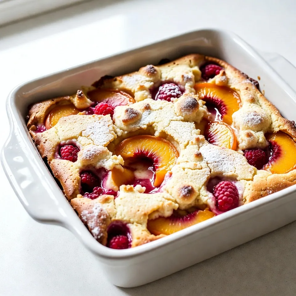 - 2 cups fresh peaches, peeled and diced - 1 cup fresh raspberries Fresh fruits bring flavor and natural sweetness to the cobbler bars. Peaches add a soft, juicy texture. Raspberries offer a tart contrast, making each bite exciting. Always choose ripe fruits for the best taste. - 1 cup granulated sugar, divided - 1 tablespoon lemon juice - 1 teaspoon vanilla extract - 1/2 cup brown sugar, packed Pantry staples are key to sweetening and flavoring the bars. Granulated sugar helps the fruits shine. Brown sugar adds depth, while lemon juice brightens the overall taste. Vanilla extract provides warmth and richness. - 2 cups all-purpose flour - 1 teaspoon baking powder - 1/2 teaspoon baking soda - 1/2 teaspoon salt - 1 cup unsalted butter, softened - 1 large egg - 2 teaspoons cinnamon These baking essentials create the structure and texture of the bars. All-purpose flour gives a sturdy base. Baking powder and baking soda help the bars rise, while salt balances the sweetness. Butter adds richness, and cinnamon gives a warm, inviting flavor. The egg acts as a binder, bringing everything together. {{ingredient_image_1}} First, set your oven to 350°F (175°C). This step is crucial for even baking. Grease a 9x13-inch baking dish. You can also line it with parchment paper. This makes for easy removal later on. In a medium bowl, mix 2 cups of diced peaches and 1 cup of fresh raspberries. Add 1/4 cup of granulated sugar, 1 tablespoon of lemon juice, and 1 teaspoon of vanilla extract. Stir gently to coat the fruit. Let it sit for a while. This marinating helps the flavors blend well. In a large bowl, whisk together 2 cups of all-purpose flour, 1 teaspoon of baking powder, 1/2 teaspoon of baking soda, 1/2 teaspoon of salt, and 2 teaspoons of cinnamon. In another bowl, cream together 1 cup of softened butter, 3/4 cup of granulated sugar, and 1/2 cup of brown sugar until it is light and fluffy. Then, add 1 large egg and mix until combined. Gradually add the dry mixture to the wet mixture. Stir until just combined. The batter will be thick, which is perfect for our bars. Set aside about 1 cup of the batter for the topping. Spread the rest of the batter evenly in the baking dish. Pour the marinated peach and raspberry mix over the batter. Distribute the fruit evenly. Crumble the reserved batter over the fruit. Try to cover it evenly, but let some fruit show. Bake in the oven for 35-40 minutes. Check for doneness by inserting a toothpick in the center. It should come out clean when they are done. Once baked, remove the dish from the oven. Let it cool for at least 15 minutes before cutting into bars. Serve them warm or at room temperature. You can dust them with powdered sugar for a sweet touch. Pair with vanilla ice cream or whipped cream for an extra treat. To make the best Peach Raspberry Cobbler Bars, use ripe peaches and fresh raspberries. Their flavor shines through in each bite. Make sure to cream the butter and sugars well. This step adds air and lightness to the bars. When mixing the dry and wet ingredients, don’t overmix. A thick batter is key for texture. If you run out of fresh fruit, frozen fruit works in a pinch. Just thaw and drain excess moisture. For a dairy-free option, try coconut oil instead of butter. You can substitute almond flour for a gluten-free version. Use maple syrup or honey as a sugar alternative for a different taste. Serve the cobbler bars warm or at room temperature. Dust them with powdered sugar for a sweet touch. Pair each bar with a scoop of vanilla ice cream or whipped cream. You can add a sprig of mint for color. For a fun twist, drizzle with caramel sauce or chocolate sauce. Pro Tips Use Ripe Fruit: For the best flavor, ensure your peaches are ripe and sweet. This will enhance the overall taste of your cobbler bars. Mixing Technique: When combining the dry and wet ingredients, mix just until combined to keep the bars tender. Overmixing can result in a dense texture. Cooling Time: Allow the bars to cool in the baking dish for at least 15 minutes before cutting. This helps them set and makes slicing easier. Serving Suggestions: These bars are delicious on their own, but serving them with vanilla ice cream or whipped cream takes them to the next level! {{image_2}} You can change the fruits in these bars. Try using blueberries or blackberries. You can mix peaches with strawberries for a sweet twist. Each fruit brings its flavor. This makes your cobbler bars unique. If you want gluten-free bars, swap the all-purpose flour. Use almond flour or a gluten-free blend. They work well in this recipe. Follow the same steps for mixing. You may need to adjust the baking time a bit. To boost flavor, add a touch of nutmeg or cardamom. You can also use almond extract instead of vanilla. A sprinkle of lemon zest can add freshness. Experiment with spices to find your favorite blend. These simple changes can make a big difference. To keep your peach raspberry cobbler bars fresh, store them in an airtight container. Place parchment paper between layers to avoid sticking. You can keep them at room temperature for up to two days. For longer storage, move them to the fridge, where they last about a week. When you want to enjoy your cobbler bars again, simply reheat them. Preheat your oven to 350°F (175°C). Place the bars on a baking sheet. Heat for about 10-15 minutes until warm. You can also use a microwave. Heat for 20-30 seconds, but be careful not to overdo it, as they can become soggy. If you want to save some bars for later, freezing works great. Cut the bars into squares and let them cool completely. Wrap each piece tightly in plastic wrap and then place them in a freezer-safe bag. They can last up to three months in the freezer. When ready to eat, thaw them overnight in the fridge and reheat as needed. Yes, you can use frozen fruit. Just thaw and drain it well. This keeps the bars from getting too watery. Frozen fruit can still taste great and add color. To cut the bars, use a sharp knife. Wait at least 15 minutes after cooling. This helps the bars set up. Cut them into squares or rectangles for easy serving. Look for a golden brown top. Insert a toothpick in the center. If it comes out clean, the bars are ready. Baking usually takes about 35-40 minutes. Absolutely! Chopped nuts like almonds or walnuts add crunch. You can also sprinkle oats or coconut on top for extra flavor. Be creative with your toppings! Each bar has around 200 calories. This includes 10g of fat and 25g of carbs. The bars also have a small amount of protein. For exact details, check your specific ingredients. This blog post covered the tasty Peach Raspberry Cobbler Bars. We explored ingredients, from fresh fruits to baking essentials. I shared step-by-step instructions for an easy bake. You also learned tips for perfecting your cobbler bars and fun variations. Storing leftovers and reheating instructions were included too. In the end, these bars are a delightful treat. You can mix flavors and enjoy them anytime. Happy baking!