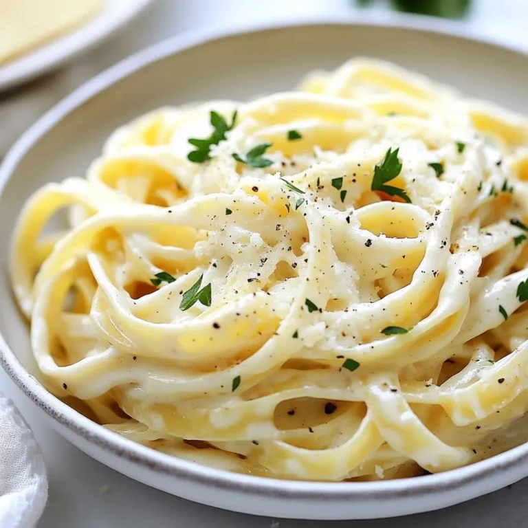 To make this rich and creamy dish, gather these main ingredients: - 12 oz fettuccine pasta - 1 whole bulb of garlic - 4 tablespoons unsalted butter - 2 tablespoons all-purpose flour - 2 cups heavy cream - 1 cup freshly grated Parmesan cheese - 1 teaspoon garlic powder - Salt and pepper to taste These ingredients create a great blend of flavors. The fettuccine serves as the perfect base. The roasted garlic adds depth and sweetness. Butter and flour combine to make a smooth sauce. Heavy cream provides the creamy texture. Parmesan cheese brings a salty, savory note. Garlic powder enhances the flavor, while salt and pepper balance everything. Having the right tools makes cooking easier. Here are some essential tools for this recipe: - Large pot for boiling pasta - Large skillet for the sauce - Whisk for mixing - Aluminum foil for roasting garlic - Potato masher or fork for mashing garlic - Measuring cups and spoons These tools help you prepare the dish without hassle. The large pot lets you cook the pasta evenly. The skillet is perfect for making the sauce creamy. A whisk ensures your sauce stays lump-free. Garnishes add a nice finish to your meal. Here are some optional garnishes to consider: - Fresh parsley, chopped - Extra grated Parmesan cheese - Drizzle of olive oil These garnishes not only make the dish look better but also add flavor. Chopped parsley gives a fresh touch. Extra Parmesan deepens the cheesy flavor. A drizzle of olive oil adds richness. Enjoy customizing your dish! {{ingredient_image_1}} To start, preheat your oven to 400°F (200°C). Grab one whole bulb of garlic. Slice off the top to expose the cloves. Drizzle it with a teaspoon of olive oil. Wrap the bulb in aluminum foil. Now, place it in the oven. Roast for about 30 to 35 minutes. The garlic should become soft and caramelized. Once done, let it cool slightly. Squeeze the soft cloves out into a bowl. Mash them into a paste with a fork. This will add a rich flavor to your sauce. While the garlic roasts, bring a large pot of water to boil. Add salt to the water; this helps flavor the pasta. Once boiling, add 12 oz of fettuccine pasta. Cook it according to the package instructions until it is al dente. This usually takes around 8 to 10 minutes. Before you drain the pasta, reserve about 1 cup of the pasta water. This water is useful for adjusting the sauce later. Drain the pasta and set it aside. In a large skillet, melt 4 tablespoons of unsalted butter over medium heat. Once melted, add 2 tablespoons of all-purpose flour. Whisk the mixture for about 1 to 2 minutes until it turns lightly golden. This is called a roux. Gradually pour in 2 cups of heavy cream while whisking. Keep whisking to avoid lumps. Add your mashed roasted garlic and 1 teaspoon of garlic powder. Cook this mixture for about 3 to 4 minutes. You want the sauce to thicken. Finally, stir in 1 cup of freshly grated Parmesan cheese. Season with salt and pepper to taste. If the sauce feels too thick, add some reserved pasta water to adjust. Now, it’s time to combine everything. Add the drained fettuccine to the skillet with the sauce. Toss the pasta gently until it is well-coated. This step ensures every bite is creamy and flavorful. Serve the pasta immediately. For a nice touch, garnish with freshly chopped parsley. You can also add an extra sprinkle of Parmesan on top. Enjoy your creamy roasted garlic Alfredo pasta! To make a great Alfredo sauce, start with butter. Melt it slowly in a skillet. Then, add flour to create a roux. Whisk it for a minute until golden. This step thickens the sauce. Next, slowly pour in heavy cream while whisking. This helps avoid lumps. Stir in the mashed roasted garlic for a sweet, rich flavor. Finally, add Parmesan cheese. It gives the sauce a creamy texture. If the sauce is too thick, use reserved pasta water to thin it out. Fettuccine is the best pasta for this dish. Its wide shape holds the sauce well. Cook it until al dente. This means it should still have a bit of bite. If you don't have fettuccine, try linguine or spaghetti. Both work nicely with Alfredo sauce. Just follow the cooking time on the package to get the best results. Seasoning makes all the difference in your dish. Start with salt and pepper to taste. Garlic powder adds extra garlic flavor. Fresh parsley gives a nice color and a fresh touch. You could also try adding a pinch of nutmeg. It adds warmth and depth to the sauce. Don't be afraid to taste as you go. Adjust the flavors until it’s just right for you! Pro Tips Use Fresh Garlic: Freshly roasted garlic provides a sweeter and more complex flavor compared to pre-minced garlic. Roasting enhances its natural sweetness and mellows its pungency. Perfect Pasta Cooking: Always cook your pasta in well-salted water. This is crucial for flavor; the pasta absorbs some of the salt while cooking, enhancing the overall dish. Reserve Pasta Water: Don't forget to save some pasta water! This starchy water is perfect for adjusting the sauce's consistency and helps it cling better to the pasta. Garnish for Color: Fresh parsley not only adds a pop of color but also freshness. Consider adding a squeeze of lemon juice for brightness before serving to elevate the flavors. {{image_2}} You can easily add protein to your Roasted Garlic Alfredo Pasta. Here are some tasty ideas: - Grilled chicken: Slice it thin and mix in for a hearty meal. - Shrimp: Sauté shrimp in garlic and toss them in for a seafood twist. - Bacon: Crispy bacon bits add a salty crunch that pairs well with the creamy sauce. - Tofu: For a vegetarian option, add pan-fried tofu cubes for texture and protein. These options not only boost flavor but also make your dish more filling. Adding vegetables to your pasta can enhance both taste and nutrition. Try these options: - Spinach: Add fresh spinach at the end of cooking for a pop of color and nutrients. - Broccoli: Steam or sauté broccoli florets and mix them in for crunch. - Peas: Sweet peas add a nice touch of sweetness and bright color. - Mushrooms: Sautéed mushrooms bring an earthy flavor that complements the garlic. These vegetables not only make your dish healthier but also more colorful and appealing. While fettuccine is classic, feel free to switch up your pasta. Here are some alternatives: - Penne: This tube-shaped pasta holds the sauce well, making every bite delicious. - Spaghetti: A long, thin choice that gives a different texture to the dish. - Whole wheat pasta: A healthier option rich in fiber adds a nutty flavor. - Zucchini noodles: For a low-carb choice, try spiralized zucchini for a fresh twist. Choosing different pasta shapes can change the dish's look and feel, making it fun to experiment! To keep your roasted garlic Alfredo pasta fresh, place it in an airtight container. Make sure to let it cool to room temperature first. Store the container in the fridge. It will stay good for about three to four days. If you want to keep it longer, freezing is a great option. When you’re ready to enjoy your leftovers, reheat them gently. You can use the microwave, but I prefer the stovetop. Add a splash of milk or reserved pasta water to the pan. This helps the sauce become creamy again. Heat on low and stir often until it warms through. Avoid high heat to keep the pasta from drying out. If you want to freeze your roasted garlic Alfredo pasta, portion it into freezer-safe bags. Remove any air and seal tightly. Label the bags with the date. It can last up to three months in the freezer. When you're ready to eat, thaw it in the fridge overnight. Then, reheat as mentioned above. Enjoy a quick meal anytime! Yes, you can use whole wheat pasta in this recipe. Whole wheat pasta adds fiber and a nutty taste. It cooks similarly to regular pasta, so check the package for cooking times. The creamy Alfredo sauce pairs well with its texture. Just remember that whole wheat pasta may absorb more sauce. If you want a lighter option, you can use half-and-half instead of heavy cream. For a dairy-free choice, try coconut cream. Silken tofu blended with a little water also makes a good creamy base. These options may change the flavor slightly, but they still work well in Alfredo sauce. To make this Roasted Garlic Alfredo Pasta vegan, use plant-based butter and coconut cream or cashew cream. Replace Parmesan cheese with nutritional yeast for a cheesy flavor without dairy. Use your favorite vegan pasta. These swaps keep the dish creamy and delicious while being kind to all diets. Leftover Alfredo sauce can last in the fridge for about three to four days. Store it in an airtight container to keep it fresh. If you want to keep it longer, consider freezing it. It can last up to three months in the freezer. Just remember to thaw it in the fridge before reheating. Roasted Garlic Alfredo Pasta is simple and tasty. We covered the key ingredients, from roasted garlic to essential tools. You learned how to make the sauce and cook the pasta. I shared tips to perfect your dish and offered variations for protein and veggies. Storing leftovers and reheating will keep your meal fresh. Now, explore your options and enjoy this recipe. Cooking can be an adventure, so have fun with it!