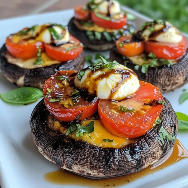 To make Caprese stuffed portobellos, gather these key ingredients: - 4 large Portobello mushrooms - 1 cup cherry tomatoes, halved - 1 cup fresh mozzarella balls, halved - 1/2 cup fresh basil leaves, roughly chopped - 3 tablespoons balsamic glaze - 2 tablespoons olive oil - 2 garlic cloves, minced - Salt and pepper, to taste - Optional: 1/4 teaspoon red pepper flakes for a spicy kick These ingredients create a fresh and tasty dish. The Portobello mushrooms form the base. They hold all the yummy flavors. The tomatoes and mozzarella add brightness and creaminess. Fresh basil gives it a nice herbal note. Balsamic glaze balances the dish with sweet and tangy flavors. When picking your ingredients, focus on freshness. Here are some tips: - Mushrooms: Choose Portobellos that are firm and smooth. Avoid any that look slimy or dry. - Tomatoes: Look for bright, plump cherry tomatoes. They should feel heavy for their size. - Mozzarella: Use fresh mozzarella balls. They should be soft and moist. - Basil: Pick vibrant green leaves without blemishes. Fresh basil adds a lot of flavor. Fresh ingredients make your dish shine. They ensure each bite is full of flavor. You can change things up with these optional ingredients: - Red pepper flakes: Add for some heat and spice. - Other vegetables: Try spinach or arugula for added greens. - Cheese variations: Use burrata or goat cheese for a different taste. - Protein: Add cooked chicken or tofu for more substance. Feel free to mix and match! The beauty of this dish lies in its flexibility. Use what you have on hand to make it your own. {{ingredient_image_1}} Start by preheating your oven to 375°F (190°C). This ensures the mushrooms cook evenly. Next, take the large Portobello mushrooms and clean them gently. Use a damp cloth to wipe off dirt. Remove the stems carefully and scrape out the dark gills with a spoon. This makes more room for the filling. In a medium bowl, mix the cherry tomatoes, mozzarella balls, chopped basil, and minced garlic. Add one tablespoon of balsamic glaze for flavor. Season it with salt and pepper to taste. If you like some heat, add a pinch of red pepper flakes. Be sure to mix everything well. This filling packs a burst of flavor. Place the prepared mushrooms on a baking sheet, cap-side facing up. Brush the tops with olive oil. Lightly season them with salt and pepper. Spoon the Caprese filling into each mushroom cap. Press down gently to fit it all in. Drizzle the remaining balsamic glaze over the tops. Bake them in the preheated oven for 20-25 minutes. The mushrooms should be tender, and the cheese will be melted and bubbly. After baking, let them cool a bit before serving. Enjoy your tasty Caprese stuffed Portobellos! To make your Portobello mushrooms tender, start with fresh ones. They should feel firm and smooth. Clean them gently with a damp cloth. Avoid soaking them in water. Scrape out the gills for a better texture. Brush the tops with olive oil before baking. This step helps them stay moist. Bake them until they are soft, around 20-25 minutes. The cheese should melt nicely, too. If you have leftovers, store them right away. Place the stuffed mushrooms in an airtight container. They stay fresh in the fridge for 2-3 days. To keep them tasty, avoid stacking them. Use parchment paper to separate layers if needed. When you want to eat them again, reheat in the oven. This keeps the mushrooms from getting soggy. You can grill or sauté these mushrooms for a twist. Grilling adds a nice smoky flavor. Just brush them with olive oil first. For a quick meal, sauté them in a pan. Cook them over medium heat for about 10 minutes. This method gives a nice sear and extra flavor. You can also try different cheeses or add veggies to the filling. Pro Tips Choose Fresh Ingredients: Always opt for fresh mozzarella and ripe cherry tomatoes for the best flavor and texture in your stuffed mushrooms. Don't Overcook the Mushrooms: Keep an eye on the mushrooms while baking; you want them tender but not mushy. Cooking time may vary based on the size of the mushrooms. Experiment with Cheese: Feel free to mix in other cheeses like goat cheese or feta for added flavor and creaminess in the filling. Add a Crunch: For extra texture, sprinkle some breadcrumbs or chopped nuts on top before baking for a delightful crunch. {{image_2}} You can easily make Caprese stuffed Portobellos vegan. Skip the mozzarella and use vegan cheese instead. There are many brands that melt well. Also, you can add avocado for creaminess. It gives a nice texture and taste. You can also try using cashew cream. It adds a rich flavor that everyone will love. If you want to add protein, chicken or tofu are great choices. For chicken, use cooked, shredded pieces. Mix it right in with the Caprese filling. It makes the dish heartier. If you choose tofu, use firm or extra-firm tofu. Cube it, and sauté until golden. Then, add it to the mix for extra protein. Both options make your meal more filling and satisfying. You can also change the stuffed Portobellos with seasonal veggies. Try adding zucchini or bell peppers. They give a fresh taste to the dish. In the fall, roasted butternut squash works well. It adds sweetness and flavor. In the summer, fresh corn can bring a nice crunch. Mixing in seasonal produce not only tastes great but also brightens up the dish. After making your Caprese stuffed Portobellos, let them cool. Place them in an airtight container. Store them in the fridge. They can stay fresh for up to three days. Make sure to keep the mushrooms separate from other foods. This prevents any mixing of flavors. To enjoy your leftover stuffed mushrooms, preheat your oven to 350°F (175°C). Place the mushrooms on a baking sheet. Cover them with foil to keep them moist. Heat for about 10-15 minutes. You can also use a microwave for quick reheating, but the oven gives better taste. Freezing is not the best option for Caprese stuffed Portobellos. The mushrooms can become soggy. If you want to freeze them, do so before baking. Wrap each mushroom tightly in plastic wrap. Place them in a freezer bag. They can stay in the freezer for up to three months. When ready to eat, bake them straight from the freezer, adding a few extra minutes to the cooking time. Yes, you can use other cheeses. Try fresh burrata for a creamier taste. Feta adds a nice salty kick. Goat cheese also works well, giving a tangy flavor. Feel free to mix cheeses for a unique twist. Just remember that each cheese melts differently. So, choose one that suits your taste. Caprese stuffed Portobellos pair well with many sides. A fresh green salad brightens the plate. Garlic bread adds a nice crunch and flavor. You can also serve them with pasta for a heartier meal. Grilled vegetables complement the mushrooms perfectly. For a light touch, consider a simple vinaigrette. Baking the mushrooms takes about 20-25 minutes. You want them tender and the cheese bubbly. Keep an eye on them toward the end. If you like a crispier top, broil them for a minute. Just make sure to watch closely to avoid burning. Enjoy the rich flavors that develop during baking! Caprese stuffed portobellos are simple yet delicious. We covered the key ingredients and fresh tips for selecting them. I shared step-by-step instructions to prepare, fill, and bake your mushrooms. You'll find tips for perfect texture and easy storage. Variations like vegan options and different proteins will keep it exciting. Use these ideas to make your dish truly yours. Enjoy cooking and sharing this tasty meal!