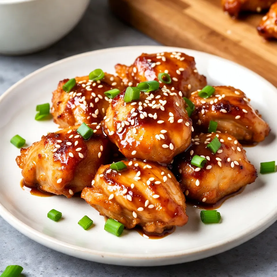 To make Honey Garlic Chicken Bites, gather these simple ingredients: - 1 lb (450g) boneless, skinless chicken breasts, cut into bite-sized pieces - 1/4 cup honey - 1/4 cup soy sauce (low sodium recommended) - 3 garlic cloves, minced - 1 tablespoon fresh ginger, grated - 1 tablespoon cornstarch - 2 tablespoons vegetable oil - 1/4 teaspoon red pepper flakes (optional, for heat) - Sesame seeds for garnish - Chopped green onions for garnish You can easily change up the recipe. Here are some ideas: - Use chicken thighs instead of breasts for more flavor. - Swap honey for maple syrup if you want a different sweetness. - Try adding bell peppers or broccoli for extra veggies. - Use teriyaki sauce in place of soy sauce for a different taste. - Add a squeeze of lime juice for a bright twist. Here’s a quick look at the nutrition for one serving: - Calories: about 250 - Protein: 25g - Carbohydrates: 20g - Fat: 10g - Sugar: 12g This meal is a good balance of protein and carbs. It can fit well into a healthy diet. {{ingredient_image_1}} 1. Start by cutting 1 pound of boneless, skinless chicken breasts into small pieces. 2. In a medium bowl, mix together 1/4 cup honey, 1/4 cup soy sauce, and 3 minced garlic cloves. 3. Add 1 tablespoon of grated ginger and 1 tablespoon of cornstarch to the mixture. 4. Whisk until everything is well combined and smooth. 1. Heat 2 tablespoons of vegetable oil in a large skillet over medium-high heat. 2. Once the oil is hot, add the chicken bites to the skillet. 3. Cook the chicken for 5 to 7 minutes, stirring often until golden brown. 4. When the chicken is cooked, lower the heat to medium. 5. Pour the honey garlic sauce over the chicken in the skillet. 6. Stir gently to coat each piece of chicken with the sauce. 7. Cook for an extra 3 to 4 minutes until the sauce thickens. 8. If you like heat, add a pinch of red pepper flakes. 9. Remove the skillet from heat and transfer the chicken to a serving platter. To get the sauce just right, be sure to whisk the cornstarch well. This helps the sauce thicken nicely. If your sauce is too thick, add a tiny bit of water to loosen it up. If it’s too thin, let it cook a bit longer. Adjust until it's the perfect consistency for your taste. I like to cook honey garlic chicken bites in a skillet. It gives me a nice sear. Use medium-high heat. This helps brown the chicken well. Make sure to stir often. This keeps the chicken from sticking. You can also bake the chicken. Just place it on a baking sheet. Bake at 400°F for about 15-20 minutes. To avoid overcooking, watch the chicken closely. Cook it for 5-7 minutes, until golden brown. Use a meat thermometer. The chicken should reach 165°F. If you cook too long, the chicken can become dry. Once it’s golden and cooked through, add the sauce right away. Serve the chicken bites over rice or quinoa. They add great flavor and texture. You can also make them an appetizer. Use toothpicks for easy eating. Top with sesame seeds and green onions. For a sweet touch, drizzle more honey on top. This elevates the dish and makes it more fun! Pro Tips Marinate for More Flavor: Allow the chicken to marinate in the honey garlic sauce for at least 30 minutes before cooking. This will enhance the flavor and tenderness of the chicken. Use Fresh Ingredients: For the best taste, use fresh garlic and ginger. They provide a more vibrant flavor compared to dried or powdered versions. Adjust the Sweetness: If you prefer a sweeter sauce, you can increase the amount of honey. Conversely, add more soy sauce for a saltier flavor profile. Perfect Serving Temperature: Serve the chicken bites immediately after cooking for the best taste and texture. They can be kept warm in a low oven if needed. {{image_2}} You can switch up the protein in this recipe. Chicken thighs work well if you want more flavor. They stay juicy and tender. You can also try shrimp for a quick cook time and a different taste. Just make sure to reduce the cooking time to about 3-4 minutes. For a heartier option, use pork tenderloin, cut into bite-sized pieces. If you want a vegetarian twist, try using tofu. Firm tofu absorbs flavors nicely. Press it to remove water, then cut it into cubes. Cook it the same way as chicken for a tasty meal. For another option, use tempeh, which has a nutty flavor. It pairs well with the honey garlic sauce. You can change the flavor to suit your taste. Add citrus juice, like lime or lemon, for a zesty kick. A splash of sesame oil adds depth and richness. For a sweeter taste, mix in some pineapple juice. If you want spice, add more red pepper flakes or some sriracha. Each change will give you a new and exciting meal. After cooking, let the honey garlic chicken bites cool. Place them in an airtight container. Store them in the fridge for up to four days. To keep them fresh, avoid mixing them with rice or other sides. This way, you can enjoy each part just right. To reheat, use a skillet over medium heat. Add a splash of water or broth to keep the chicken moist. Stir gently until heated through, about five minutes. You can also use the microwave. Heat in short bursts of 30 seconds, stirring in between. This helps to warm them evenly without drying them out. If you want to freeze them, do so right after cooking. Let the chicken bites cool completely. Then, place them in a freezer-safe bag, removing as much air as possible. They can last up to three months in the freezer. When ready to eat, thaw them overnight in the fridge before reheating. Yes, you can use chicken thighs. They stay juicy and tender. Thighs have more fat, which adds flavor. Just cut them into bite-sized pieces like the breasts. Cook them the same way. This swap will keep your meal tasty. Add red pepper flakes to the sauce for heat. Start with a small amount, like 1/4 teaspoon. You can add more if you like it fiery. Another option is to mix in some sriracha or chili paste. Adjust to fit your taste. Serve these chicken bites with rice or quinoa for a full meal. Steamed veggies like broccoli or green beans make a good side too. You can also try a crisp salad for a fresh touch. These sides will balance the sweet and savory flavors. This article covered key ingredients, steps, and tips for making honey garlic chicken bites. You learned about ingredient variations and nutritional information. I provided tips to ensure perfect cooking and serving. Don't forget about storage options for leftovers and how to reheat them. Whether you prefer chicken or vegetarian options, there's something for everyone. With these insights, you can confidently create a delicious meal. Enjoy your cooking!