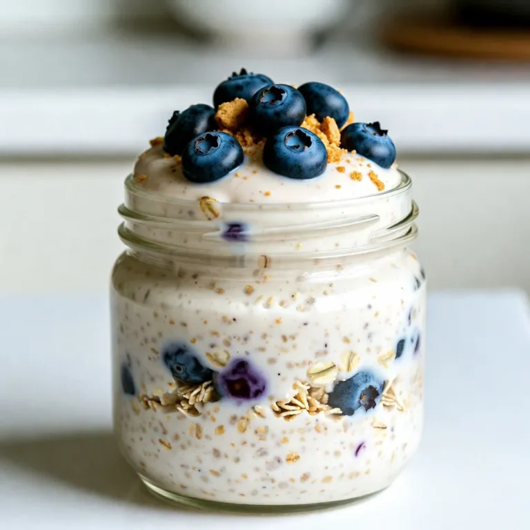 - 1 cup rolled oats - 1 cup milk (or dairy-free alternative) - 1/2 cup Greek yogurt - 1/4 cup cream cheese, softened - 2 tablespoons maple syrup (adjust to taste) - 1 teaspoon vanilla extract - 1/2 teaspoon cinnamon - 1/2 cup fresh blueberries (plus extra for topping) - 2 tablespoons crushed graham crackers (for the cheesecake flavor) - Pinch of salt These main ingredients create a creamy, sweet, and fruity base for your overnight oats. The rolled oats soak up the milk, getting soft and fluffy. Greek yogurt and cream cheese add that rich cheesecake taste. Blueberries give a burst of freshness in each bite. - Extra fresh blueberries for topping - More crushed graham crackers for garnish - Nuts or seeds for added crunch You can customize your oats with these optional ingredients. Topping them with blueberries adds color and flavor. Crushed graham crackers on top enhance the cheesecake vibe. Nuts or seeds can provide a nice crunch and boost nutrition. - Use almond milk or oat milk instead of dairy milk. - Swap Greek yogurt for any plain yogurt. - Try mascarpone cheese if you want a richer flavor. - Replace maple syrup with honey or agave syrup. These substitutions can help you fit your taste or dietary needs. Each swap will still give you a tasty dish. Feel free to experiment with these options to find your perfect mix! {{ingredient_image_1}} First, grab a mixing bowl. Add 1 cup of rolled oats, 1 cup of milk, and a pinch of salt. Stir well. You want the oats fully submerged in the milk. In a different bowl, beat together 1/4 cup of softened cream cheese and 1/2 cup of Greek yogurt. Mix until smooth and creamy. Next, add 2 tablespoons of maple syrup, 1 teaspoon of vanilla extract, and 1/2 teaspoon of cinnamon to the cream cheese mix. Stir well until combined. Finally, gently fold in 1/2 cup of fresh blueberries and 2 tablespoons of crushed graham crackers. Be careful to keep the blueberries whole. Now it’s time to layer the oats and cheesecake mixture. Take a jar or any container you like. Start with a layer of the oat mixture at the bottom. Then add a layer of the cream cheese mix. Repeat these layers until all the ingredients are gone. Finish with the cheesecake layer on top. This way, you get a beautiful look when you dig in. Cover the jar with a lid. Place it in the fridge overnight, or for at least 4 hours. This helps the oats soak in the milk and blend flavors. When you wake up, the oats will be soft, and the taste will be amazing. In the morning, stir the oats a bit. Top with extra fresh blueberries and some crushed graham crackers if you like. Enjoy your tasty breakfast! To get a creamy texture, mix the cream cheese and Greek yogurt well. Beat them until smooth. It helps if the cream cheese is at room temperature. This prevents lumps. You want a silky mixture that blends nicely with the oats. Stir in the milk slowly. This adds moisture and keeps the oats creamy. You can adjust the sweetness to your taste. Start with two tablespoons of maple syrup. If you like it sweeter, add more syrup. You could also try honey or agave syrup. Taste the mixture before layering. This way, you make sure it’s just right for you. Store any leftovers in an airtight container. This keeps the oats fresh and tasty. Make sure to eat them within three days. Before eating, give it a good stir. You can add more milk if it seems thick. Enjoy it cold or warm it up in the microwave. Just heat it for about 30 seconds. Pro Tips Use Overnight Oats for Meal Prep: Prepare multiple jars of these overnight oats at once to have a quick and healthy breakfast option ready for the week. Adjust Sweetness to Your Preference: Feel free to modify the amount of maple syrup based on your taste. You can also use honey or agave syrup as alternatives. Experiment with Fruits: While blueberries are delicious, you can mix in other fruits like strawberries, raspberries, or bananas for a different flavor profile. Make It Vegan: Substitute Greek yogurt and cream cheese with dairy-free alternatives like coconut yogurt and cashew cream for a vegan version of this recipe. {{image_2}} You can change the fruit in your blueberry cheesecake overnight oats for fun. Try strawberries, raspberries, or peaches. Each fruit gives a new taste. If you want something tropical, add mango or pineapple. Mix different fruits for a rainbow of flavors. You can even use frozen fruit if fresh is not available. Want to switch it up? You can add cocoa powder for a chocolate twist. Just mix in one tablespoon with the cream cheese. For a nutty flavor, add almond or peanut butter. A dash of lemon zest can brighten the taste, too. You can also try spices like nutmeg or ginger for a warm kick. If you prefer a vegan or dairy-free version, swap the milk for almond or coconut milk. Use dairy-free yogurt and cream cheese for the creamy base. Maple syrup is a great sweetener, and you can keep it! This way, you still enjoy the cheesecake flavor without dairy. I recommend using glass jars or airtight containers for your Blueberry Cheesecake Overnight Oats. They keep the oats fresh. The jars also make serving easy. Look for containers that have tight-fitting lids. This will prevent the oats from absorbing unwanted smells. These oats last up to four days in the fridge. The flavors actually improve over time. Just make sure to keep them sealed. Before eating, give them a good stir. Add more milk if they seem a bit thick. You can freeze Blueberry Cheesecake Overnight Oats, but it's best to eat them fresh. If you must freeze, use freezer-safe containers. They can last up to three months in the freezer. Allow them to thaw in the fridge overnight before eating. The texture may change slightly, but they will still taste great. Yes, you can use quick oats. Quick oats absorb liquid faster than rolled oats. This may change the texture slightly. Your oats will be creamier but less chewy. If you choose quick oats, check the soaking time. They may need less time in the fridge. You can store these oats for up to five days in the fridge. Keep them in a sealed container to maintain freshness. The flavors will continue to develop over time. However, the texture may soften as the oats sit. Yes, you can make this recipe ahead of time. It’s perfect for busy mornings. Prepare it the night before and let it chill overnight. You can also prep several jars at once. Just layer and store them in your fridge. This way, you have a quick breakfast ready to go! In this blog post, I covered the main ingredients for Blueberry Cheesecake Overnight Oats. You can mix in optional ingredients or substitute some to fit your taste. The instructions guide you through preparation and layering. I shared tips for creamy texture and sweetness. Explore various fruit options and even vegan choices. Proper storage helps keep your oats fresh longer. Overall, making these oats is simple and fun. Enjoy your healthy breakfast choice!