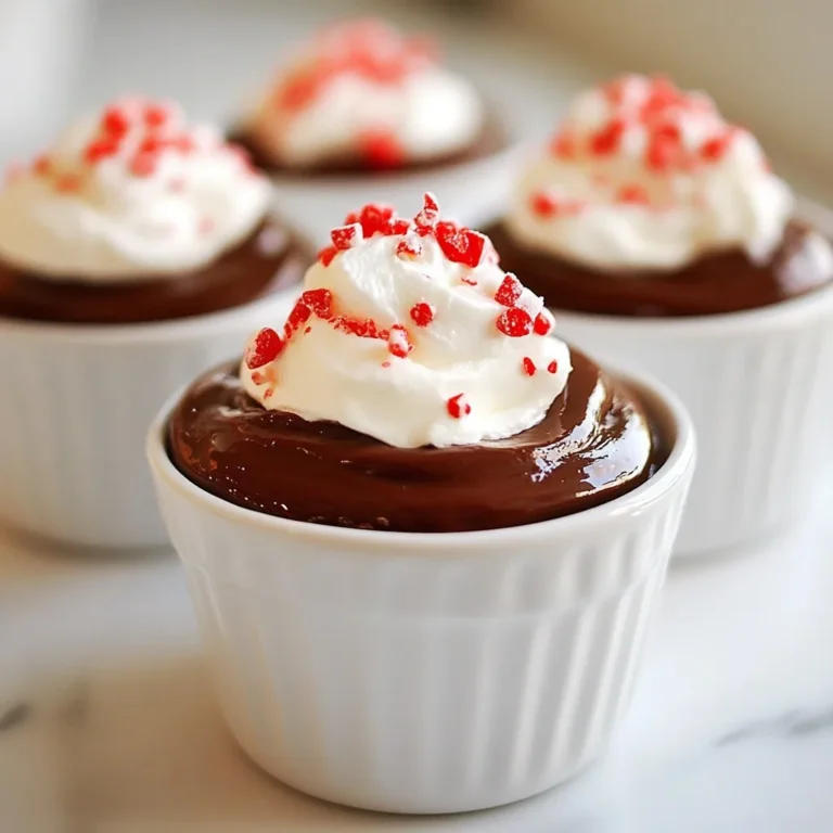 - 200g dark chocolate (70% cocoa), chopped - 3 tablespoons unsalted butter, cut into pieces - 4 large eggs, separated - 1/4 cup granulated sugar - 1/2 teaspoon pure peppermint extract - 1/2 cup heavy cream - Whipped cream and crushed peppermint candy for garnish To make a rich peppermint chocolate mousse, you need a few simple but key ingredients. The dark chocolate brings a deep flavor, while the butter adds creaminess. The large eggs create a light texture, and the sugar balances the taste. Peppermint extract gives the mousse its festive zing. Heavy cream is crucial for that airy feel, making it melt in your mouth. Finally, garnishes like whipped cream and crushed peppermint candy add a lovely finish. When choosing chocolate, go for 70% cocoa. It will give you the best taste. Unsalted butter is important too; it lets the chocolate shine. For the eggs, large ones work best, ensuring enough volume. The peppermint extract should be pure for the best flavor. Heavy cream needs to be fresh; it whips better that way. Gather these ingredients before you start. This mousse is quick to make, but having everything ready helps you move smoothly through each step. {{ingredient_image_1}} To start, you need to melt the dark chocolate and butter. Use a double boiler for this. Fill a pot with water and simmer it on low heat. Place a heatproof bowl on top, making sure it doesn’t touch the water. Add 200g of chopped dark chocolate and 3 tablespoons of unsalted butter to the bowl. Stir occasionally until the mixture is smooth and melted. Once melted, remove it from the heat and let it cool slightly. Next, grab a separate bowl. In this bowl, whisk 4 large egg yolks and 1/4 cup of granulated sugar together. Keep whisking for about 2-3 minutes. The mixture should become pale and a bit thick. This step is key to adding richness to your mousse. Now, it’s time to combine the mixtures. Slowly pour the melted chocolate into the egg yolk mixture. Stir gently to mix well, making sure the chocolate isn’t too hot. If it is, it will cook the yolks. After that, add 1/2 teaspoon of pure peppermint extract and stir until everything is evenly combined. In a clean bowl, beat the 4 large egg whites with an electric mixer. Set it to medium speed and whip until you see stiff peaks. This process makes the mousse light and fluffy. Carefully fold a third of these egg whites into the chocolate mixture to lighten it. Then, fold in the rest in two additions, being gentle to keep the airy texture. Now it's time to whip the cream. In another bowl, beat 1/2 cup of heavy cream until soft peaks form. This takes just a few minutes. Gently fold the whipped cream into the chocolate mixture. Make sure it’s well combined but still light and airy. Once mixed, spoon the mousse into individual serving bowls or dessert glasses. Place them in the refrigerator for at least 2 hours, or until they are set. This chilling time helps the mousse firm up and develop its flavors. To ensure smooth chocolate, keep the heat low. If chocolate gets too hot, it can seize up. Use a double boiler. This method helps control the heat. Stir the chocolate and butter often. Remove it from heat once melted. Let it cool slightly before mixing with eggs. This step keeps the eggs from cooking. Folding is key to a light mousse. After beating the egg whites, fold them gently into the chocolate mix. Take care not to stir too hard. This keeps the air in the mixture. To check for stiff peaks, lift the whisk out of the egg whites. The peaks should stand tall without drooping. This step shows that the egg whites are ready. For a fun serving idea, use small dessert glasses. They look great and make serving easy. When it's time to serve, add a dollop of whipped cream on top. Sprinkle crushed peppermint candy for a festive touch. This adds color and a nice crunch to each bite. Pro Tips Quality Chocolate Matters: Use high-quality dark chocolate with at least 70% cocoa for a richer flavor and smoother texture in your mousse. Room Temperature Eggs: Allow your eggs to come to room temperature before using them; this helps them whip up better and incorporate more air. Gentle Folding Technique: When combining the whipped egg whites and cream, use a gentle folding motion to maintain the light and airy consistency of the mousse. Chill for Best Results: Let the mousse set in the refrigerator for at least 2 hours; this allows the flavors to meld and the texture to become perfectly creamy. {{image_2}} You can switch up the flavor of your mousse easily. Try adding vanilla extract for a warm, sweet note. A bit of orange zest can give it a bright, citrus twist. If you want to change the chocolate, use milk chocolate for a sweeter taste or white chocolate for a creamy, rich experience. Each option brings a new spin to your mousse. If you need a vegan version, swap the eggs for silken tofu or aquafaba. Use coconut cream instead of heavy cream to keep it rich and creamy. For those watching sugar, you can use stevia or erythritol as a sugar-free alternative. These swaps keep the mousse delicious without the guilt. When serving, get creative with your dishes! You can use small cups or jars for a fun look. Pairing the mousse with fresh berries or a drizzle of chocolate sauce makes it even better. You can also serve it alongside cookies or brownies for a tasty dessert platter. To keep your peppermint chocolate mousse fresh, store it in the fridge. Place it in an airtight container. This helps avoid any unwanted odors or flavors. You can also cover each bowl with plastic wrap. The mousse will stay good for about 3 to 4 days in the fridge. Make sure to eat it before then to enjoy its best taste and texture. Can you freeze mousse? Yes, you can freeze peppermint chocolate mousse. However, it may change in texture. To freeze, place the mousse in a freezer-safe container. Leave some space at the top as it expands. To thaw properly, move it to the fridge for several hours or overnight. Avoid thawing it at room temperature, as this can make it watery. What can you do with leftover egg whites and yolks? You can make meringue cookies with the egg whites. Just whip them with sugar until they form stiff peaks. For the egg yolks, try making a rich custard or adding them to your morning scrambled eggs. What about extra whipped cream? Use it to top cakes or pancakes. You can also mix it into coffee for a creamy treat. This way, nothing goes to waste, and you enjoy everything you make! Peppermint chocolate mousse is a rich, creamy dessert. It combines dark chocolate and peppermint for a unique flavor. This mousse is light and airy, thanks to whipped cream and beaten egg whites. The peppermint adds a refreshing twist, perfect for festive occasions. Making peppermint chocolate mousse takes about 20 minutes to prepare. After mixing, you need to chill it for at least 2 hours. So, the total time is about 2 hours and 20 minutes. This wait is worth it for the perfect set mousse. Yes, you can make this mousse a day in advance. Just store it covered in the fridge. This way, the flavors have time to blend. It also allows you to enjoy your time when hosting guests. If you want a lighter version, use half-and-half or coconut cream. Both options will still give a nice texture. You can also try using Greek yogurt, but the mousse may be less airy. Yes, separating the eggs is key to a light mousse. The yolks add richness, while the whites provide volume. Beating the whites until stiff peaks form helps the mousse rise and stay fluffy. This technique is important for the right texture. Peppermint chocolate mousse is a delightful dessert made from simple ingredients. You learned how to melt chocolate and butter, prepare egg yolks, and whip cream. Each step adds to the rich flavor and smooth texture. Remember to try different flavors, like vanilla or orange zest, for a fun twist. Use creative serving ideas to impress your guests. With these tips, you can make a tasty mousse that everyone will love. Have fun creating your dessert masterpiece!