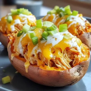 To make Buffalo Chicken Stuffed Sweet Potatoes, gather these key items: - 4 medium-sized sweet potatoes - 2 cups cooked chicken, shredded - 1/2 cup buffalo sauce (adjust to taste) - 1/4 cup Greek yogurt or sour cream - 1/2 cup shredded cheddar cheese - 1/4 cup green onions, chopped - 1/4 cup celery, finely diced - Salt and pepper to taste - Olive oil for drizzling - Fresh cilantro or parsley for garnish (optional) These ingredients blend well to create a tasty meal. The sweet potatoes give a nice, sweet flavor. The buffalo chicken filling adds spice and richness. You can swap some ingredients if needed. Try these options: - Use rotisserie chicken instead of cooking your own. - Replace Greek yogurt with sour cream or cream cheese for a different creaminess. - If you want less spice, pick a milder hot sauce. - For a dairy-free option, try nutritional yeast instead of cheese. These substitutions help you customize the dish to your taste or dietary needs. Toppings take this dish to the next level. Here are some tasty ideas: - Extra chopped green onions for a fresh bite. - Crumbled blue cheese for that classic buffalo flavor. - Avocado slices for creaminess and healthy fats. - A drizzle of ranch or blue cheese dressing for added flavor. Feel free to get creative with your toppings. Each one adds a unique twist to your stuffed sweet potatoes! {{ingredient_image_1}} First, you need to set your oven to 400°F (200°C). Wash the sweet potatoes well and dry them. Use a fork to poke several holes in each potato. This helps steam escape while they bake. Drizzle a bit of olive oil over them and sprinkle some salt. Place the potatoes on a baking sheet. Bake them for 45 to 60 minutes. They are done when a fork goes in easily. While the sweet potatoes bake, it’s time to make the filling. In a big bowl, mix the shredded chicken with buffalo sauce. You can adjust the amount based on how spicy you want it. Add Greek yogurt or sour cream for creaminess. Then, toss in the diced celery and half of the green onions. Mix everything well and season with salt and pepper. This filling is packed with flavor! Once the sweet potatoes are cool enough to handle, cut them in half lengthwise. Scoop out some flesh to make room for the filling. Combine the scooped sweet potato with the buffalo chicken mixture. Stir it until it’s blended well. Now, stuff each potato half with the chicken mix. Top each one with shredded cheddar cheese. Put the stuffed potatoes back in the oven for another 10 to 15 minutes. Bake until the cheese is melted and bubbly. Finally, remove them and let them cool slightly. Garnish with the rest of the green onions and some fresh herbs if you like. Enjoy your tasty meal! To get sweet potatoes just right, start by washing them well. Dry them off and poke holes all over with a fork. This lets steam escape. Drizzle olive oil on each potato and sprinkle salt. Bake them at 400°F for 45-60 minutes. Check if they’re done by poking with a fork; it should slide in easily. If they feel firm, give them more time. Buffalo sauce can be spicy! If you want less heat, mix in more Greek yogurt or sour cream. You can also add honey to make it sweet. For extra kick, add more buffalo sauce. Taste your filling as you mix, and adjust until it’s perfect for you. Using the right tools makes cooking easier. Here’s what I recommend: - Baking sheet for the sweet potatoes - Fork for poking holes - Mixing bowl for the chicken filling - Sharp knife for cutting the sweet potatoes - Measuring cups for precise ingredients - Oven mitts for safe handling These simple tools help you make the best buffalo chicken stuffed sweet potatoes! Pro Tips Choose the Right Sweet Potatoes: Look for sweet potatoes that are firm and free from blemishes. Medium-sized potatoes work best for stuffing. Adjust the Spice Level: Customize the amount of buffalo sauce based on your heat preference. Start with less and add more if you like it spicy! Make Ahead: Prepare the buffalo chicken mixture in advance and store it in the fridge. You can stuff the sweet potatoes just before baking for a quick meal. Garnish for Flavor: Fresh herbs like cilantro or parsley add a burst of flavor and color. Don't skip this step for the best presentation! {{image_2}} You can easily make this dish vegetarian. Instead of chicken, use shredded jackfruit or chickpeas. Both options soak up buffalo sauce well. You can also add some black beans for extra protein. Try mixing in sautéed mushrooms or zucchini for added flavor and texture. These swaps keep the dish hearty and satisfying. Adjust the heat according to your taste. For a milder dish, use less buffalo sauce. You can also mix in some ranch seasoning to tone down the spice. If you like it spicy, add extra buffalo sauce or include diced jalapeños. A sprinkle of cayenne pepper can also bring heat to the mix. Cheese makes this dish creamy and rich. Cheddar is classic, but feel free to switch it up. Try using blue cheese for a tangy kick. Mozzarella gives a nice stretch and mild flavor. If you want a dairy-free option, use vegan cheese. Nutritional yeast is another great choice for a cheesy taste without dairy. After you enjoy your buffalo chicken stuffed sweet potatoes, store the extras right. Place them in an airtight container. This keeps them fresh and tasty. You can store them in the fridge for up to three days. If you have more than one day’s worth, separate the chicken filling from the sweet potatoes. This helps keep the potatoes from getting too soggy. To reheat, you can use the oven or microwave. If you use the oven, preheat it to 350°F (175°C). Place the stuffed sweet potatoes on a baking sheet. Heat them for about 15-20 minutes, or until hot. If you prefer the microwave, put one half on a plate. Heat it for about 1-2 minutes. Check if it's hot enough, and add more time if needed. Freezing is a great option if you want to save some for later. First, let the stuffed sweet potatoes cool completely. Wrap each potato tightly in plastic wrap. Then, place them in a freezer-safe bag or container. You can freeze them for up to three months. When you’re ready to eat, thaw them in the fridge overnight. Reheat as mentioned above. This way, you can enjoy your delicious meal anytime! Bake sweet potatoes for 45 to 60 minutes at 400°F (200°C). Check their softness by poking them with a fork. If the fork goes in easily, they are ready. Yes, rotisserie chicken is great for this recipe. It saves time and adds flavor. Just shred the chicken and mix it with the buffalo sauce and other ingredients. You can serve a simple salad or some steamed veggies. A side of ranch dressing pairs well too. Fresh fruit or chips can add a nice crunch. In this article, we explored how to make tasty buffalo chicken stuffed sweet potatoes. We covered essential ingredients, easy steps, and clever tips to help you succeed. You can adjust flavors and toppings to match your taste. Don't forget storage tips for leftovers, too. This dish is great for meal prep or a fun dinner. Enjoy creating this delicious meal that everyone will love. Make it your own with unique twists.