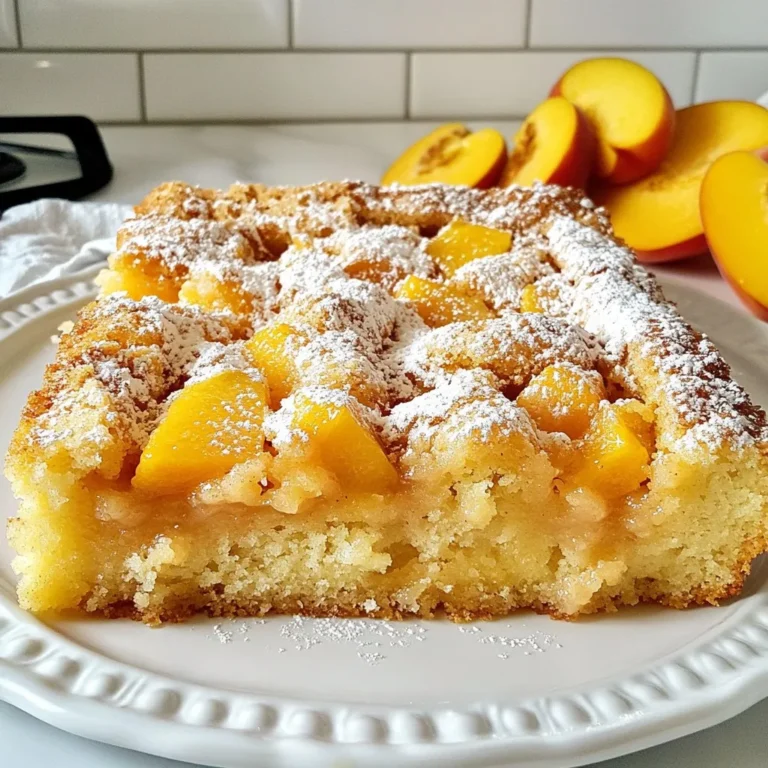 For the base of the Peach Cobbler Pound Cake, you need: - 1 ½ cups all-purpose flour - 1 teaspoon baking powder - ½ teaspoon baking soda - ½ teaspoon salt - 1 cup unsalted butter, softened - 1 ½ cups granulated sugar - 3 large eggs - 1 teaspoon vanilla extract - 1 cup sour cream These ingredients work together to create a moist and rich pound cake. The butter gives a nice creamy texture. The eggs help the cake rise. Sour cream adds moisture and tang. For the peach filling and crumb topping, gather: - 2 cups fresh peaches, peeled and diced - 1 teaspoon cinnamon - ½ cup brown sugar (for topping) - 2 tablespoons unsalted butter, melted (for topping) Fresh peaches bring a sweet and juicy burst. Peeling and dicing them ensures even mixing. Cinnamon enhances the flavor, adding warmth. The brown sugar and melted butter mix to form a crumb topping, adding a crunchy finish to the cake. {{ingredient_image_1}} First, you need to preheat your oven to 350°F (175°C). This step is key for even baking. While the oven heats, grab a 9x5-inch loaf pan. Grease it well with butter, then dust it with flour. This helps the cake come out easily once it's baked. Next, mix the dry ingredients. In a medium bowl, whisk together the all-purpose flour, baking powder, baking soda, and salt. Set this bowl aside. In a larger bowl, cream together the softened butter and granulated sugar. Use an electric mixer on medium speed for about five minutes. This makes the mixture light and fluffy. Add three large eggs to the butter mixture, one at a time. Make sure to mix well after each egg. Now, stir in one teaspoon of vanilla extract. Gradually add the dry mix to the wet mix, switching with one cup of sour cream. Start and end with the dry mix. Mix on low speed until just combined. Now it’s time for the peaches! Fold in the two cups of diced peaches and one teaspoon of cinnamon. Gently mix until the peaches are well spread in the batter. Pour the batter into the prepared loaf pan. Use a spatula to smooth the top. In a small bowl, mix half a cup of brown sugar with two tablespoons of melted butter. This will be your crumb topping. Sprinkle this mixture evenly over the batter. Now, place the loaf pan in the preheated oven. Bake for 60 to 70 minutes. Check for doneness by inserting a toothpick in the center. If it comes out clean, your cake is ready! Once baked, let it cool in the pan for 10 minutes. Then, transfer it to a wire rack to cool completely. Using room temperature ingredients is key. When eggs and butter are at room temp, they mix better. This gives your cake a light, fluffy texture. Balancing sweetness enhances the peach flavor. You want the cake to taste peachy, not just sweet. So, use ripe peaches for the best flavor. Their natural sweetness works well in this dessert. To prevent overmixing, mix until you see no dry flour. Overmixing makes the cake dense. Use a spatula to fold in peaches gently. This keeps the peaches intact and juicy. For a golden crust, bake at the right temperature. A 350°F oven works best for an even bake. Check the cake at 60 minutes for doneness. To make this dessert more special, add toppings. A light dusting of powdered sugar looks nice. Serve with a scoop of vanilla ice cream for a creamy contrast. You can also slice fresh peaches on the side. For an elegant touch, use a decorative plate. This makes your presentation pop and impresses guests. Pro Tips Use Ripe Peaches: Ensure your peaches are ripe for the best flavor and sweetness. They should yield slightly to pressure when squeezed. Alternate Mixing: When adding the dry ingredients and sour cream, alternate them to maintain a light and airy batter. Cool Properly: Allow the cake to cool in the pan for 10 minutes before transferring it to a wire rack. This prevents it from breaking apart. Enhance Flavor: Consider adding a splash of peach schnapps to the batter for an extra depth of peach flavor. {{image_2}} You can easily change the taste of your Peach Cobbler Pound Cake. Adding nuts like walnuts or pecans gives a nice crunch. You can also mix in other fruits, such as blueberries or raspberries, for a twist. Each fruit adds its own flavor, making it fun to try different combinations. Experimenting with spices can also be exciting. Besides cinnamon, you could add nutmeg or cardamom. A dash of ginger can brighten the flavor too. These spices can make your cake unique and personal to your taste. If you need a gluten-free version, use gluten-free flour instead of all-purpose flour. It works well and keeps the cake moist. You can find many options at the store, so pick one that suits your needs. For a vegan version, swap out the eggs and butter. Use flaxseed meal mixed with water as an egg replacement. For butter, try coconut oil or vegan butter. Both options will keep your cake rich and tasty without dairy. To keep your peach cobbler pound cake fresh at room temperature, follow these steps: - Place the cake in an airtight container. - Use plastic wrap if you do not have a container. - Store it in a cool, dry place away from direct sunlight. If you want to refrigerate the cake, do this: - Wrap the cake in plastic wrap or foil. - This helps to keep the moisture in. - Store it in the fridge for up to five days. For long-term storage, freezing is your best option: - Slice the cake into individual pieces for easier thawing. - Wrap each slice in plastic wrap, then foil. - Place the wrapped slices in a freezer bag or container. - Label the bag with the date and type of cake. To thaw the cake, follow these steps: - Remove the desired slices from the freezer. - Leave them in the fridge overnight. - For a quick thaw, place slices at room temperature for an hour. To maintain freshness, remember: - Keep the cake wrapped until you are ready to eat. - Avoid exposing it to air, which can dry it out. - Enjoy your delicious treat even weeks later! How do I know when my pound cake is done? You can tell if your pound cake is done by using a toothpick. Insert it into the center of the cake. If it comes out clean, your cake is ready. Bake for 60 to 70 minutes. The cake should also feel firm and spring back when touched. Can I use canned peaches instead of fresh? Yes, you can use canned peaches if fresh ones are not available. Make sure to drain them well to avoid extra moisture. You may also want to reduce the sugar slightly since canned peaches can be sweeter. What is the best way to reheat peach cobbler pound cake? To reheat your pound cake, you can use the microwave or oven. In the microwave, place a slice on a plate and heat for 15 to 20 seconds. For the oven, preheat it to 350°F (175°C) and warm the cake for 10 minutes. This keeps it moist and tasty. What can I serve with peach cobbler pound cake? Peach cobbler pound cake pairs well with many treats. You can serve it with a scoop of vanilla ice cream. Whipped cream is also a great choice. Fresh peach slices on the side add beauty and flavor. How to enhance the dessert for special occasions? To make your cake feel special, try dusting it with powdered sugar. You can also add fresh mint leaves for color. For a unique touch, drizzle a sweet glaze over the top. This makes the cake look and taste amazing. In this blog post, we covered key ingredients for making peach cobbler pound cake. We discussed how to prepare the batter, bake it, and enhance its flavor. I shared tips for perfect texture and creative variations, along with storage advice. Remember, the right ingredients and careful steps lead to a delicious cake. Enjoy sharing this sweet treat with others, and don’t hesitate to get creative. Baking is about fun, flavor, and enjoying the process!